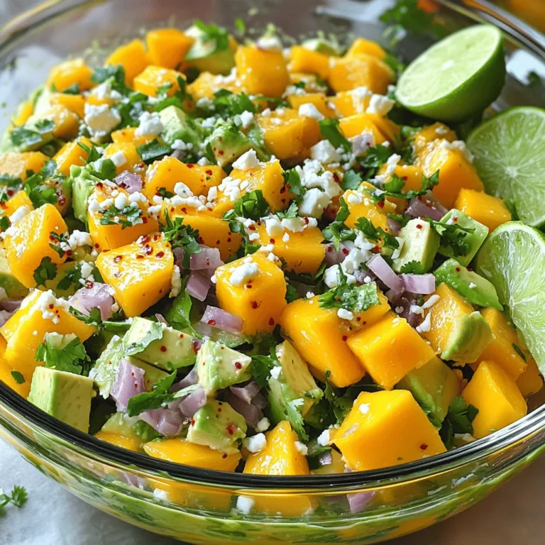 Here’s what you need for this vibrant Mango Avocado Salad: - Ripe mango (1, diced into bite-sized pieces) - Ripe avocados (2, diced) - Red onion (1 small, finely chopped) - Red chili (1, deseeded and minced) - Freshly squeezed lime juice (2 tablespoons) - Extra virgin olive oil (1 tablespoon) - Salt and freshly ground black pepper (to taste) - Fresh cilantro leaves (1/4 cup, chopped) - Feta cheese (1/4 cup, crumbled, optional) Each ingredient brings its own flavor. The sweet mango and creamy avocado work well together. The red onion adds crunch, while the chili gives a nice kick. Lime juice and olive oil create a zesty dressing. Salt and pepper boost the taste. Finally, cilantro adds freshness. If you love feta, it gives a creamy touch. This simple mix leads to a delicious salad. For the full recipe, check the link provided. Enjoy making this bright and fresh dish! - First, take your ripe mango and cut it into small pieces. - Next, do the same with the ripe avocados. - In a large bowl, combine the diced mango and avocados carefully. - Use a gentle touch to keep the pieces intact. - Now, add the finely chopped red onion. - Then, sprinkle in the minced red chili for some heat. - In a small bowl, whisk together the lime juice and olive oil. - Mix until they blend well into a smooth dressing. - Drizzle the dressing over the fruit mixture. - Gently mix the salad ingredients with a large spoon. - Be sure to coat everything evenly without mashing. - Season the salad with salt and freshly ground black pepper. - Fold in the chopped cilantro for a fresh taste. - If you like, add crumbled feta cheese for creaminess. - Let the salad sit for about 5 minutes to blend the flavors. Enjoy this fresh and flavorful Mango Avocado Salad! For the complete guide, check out the [Full Recipe]. To make the best mango avocado salad, you need ripe fruit. Look for mangoes with a little give when you press them. They should smell sweet near the stem. For avocados, pick ones that feel soft but not mushy. A ripe avocado will yield slightly under gentle pressure. To stop avocados from browning, squeeze fresh lime juice on them. Lime juice contains acid that slows down browning. You can also store the salad in an airtight container. This helps keep it fresh longer. This salad pairs well with grilled chicken or fish for a full meal. You can also serve it as a side dish at barbecues. For a fun twist, add some tortilla chips for crunch. For presentation, use a clear glass bowl to show off the vibrant colors. Garnish with extra cilantro and a few lime wedges. This adds a pop of color and freshness, making your dish look even more inviting. For the full recipe, check out the Tropical Twist Mango Avocado Salad. {{image_4}} If you want to mix things up, consider using different fruits. Pineapple or papaya can add a fresh twist. You can also try adding greens like spinach or arugula for added crunch and nutrients. If you want a dairy-free option instead of feta cheese, try using coconut yogurt. It gives a creamy texture and adds a hint of sweetness. You can also leave out the cheese completely for a lighter salad. For a vegan version, skip the feta cheese and make sure your lime juice and olive oil are fresh. This salad is naturally gluten-free, so it fits many diets. You can also adjust flavors to fit your taste. If you prefer sweet salads, add honey or agave syrup. For more spice, add jalapeño or more chili. This way, you can enjoy the dish just how you like it! Check out the Full Recipe for more details on how to create this vibrant salad. To keep your mango avocado salad fresh, store it in the fridge. Use an airtight container. This helps maintain its vibrant colors and flavors. I recommend eating it within one to two days. The avocado may brown over time, but the taste will stay good. Can this salad be frozen? I do not recommend freezing mango avocado salad. Freezing changes the texture of the avocado and mango. They become mushy when thawed. If you want to prepare ahead, consider storing the ingredients separately. This keeps everything fresh for your next meal. For the full recipe, check out the Tropical Twist Mango Avocado Salad. What can I add for extra protein? You can add grilled chicken, shrimp, or beans for protein. Chickpeas work great too. Nuts like almonds or walnuts add a nice crunch. Try adding a scoop of Greek yogurt for creaminess and protein. How can I make this salad ahead of time? To make the salad ahead, chop your fruits and veggies. Store them separately in the fridge. Mix them with the dressing just before serving. This keeps everything fresh and tasty. What to do if avocados are overripe? If your avocados are overripe, mash them and use them as a spread. You can mix them with lime juice and seasonings. This makes a nice dip for chips or veggies. How to balance flavors if the salad is too tangy? If your salad is too tangy, add a bit of honey or sugar. You can also add more diced avocado to mellow the taste. A pinch of salt can enhance the flavors too. Health benefits of key ingredients Mangoes are full of vitamins A and C. They help boost your immune system. Avocados provide healthy fats, which are good for your heart. Cilantro contains antioxidants that can help reduce inflammation. Caloric and macro breakdown of the salad This salad has about 200 calories per serving. It contains 12 grams of healthy fats from avocados. You also get 3 grams of protein and 30 grams of carbs. It's a nutritious and filling option for any meal. For the full recipe, check out Tropical Twist Mango Avocado Salad! Mango avocado salad is fresh and simple. We explored ingredients, preparation steps, and tips. You learned how to combine ripe mango and avocado for the best taste. Understanding variations helps you adapt the salad to your needs. Store leftovers properly to enjoy them later. I hope you feel confident making this dish. Enjoy each bite of your vibrant, nutritious salad!