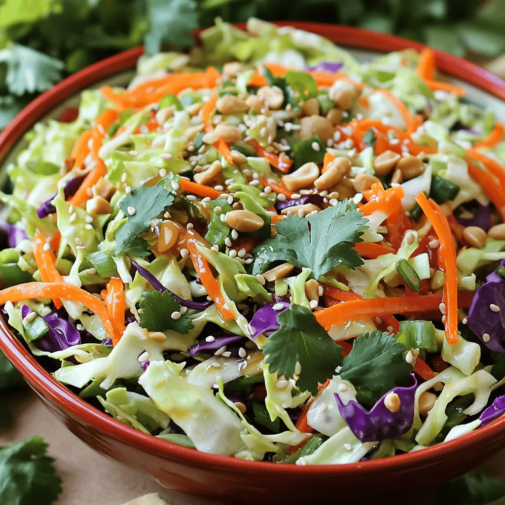 For the Crunchy Asian Slaw, you’ll need a mix of fresh veggies. Here’s what to gather: - 4 cups green cabbage, finely shredded - 1 cup purple cabbage, finely shredded - 1 cup carrots, grated - 1 cup red bell pepper, thinly sliced - 1/2 cup green onions, chopped - 1/4 cup fresh cilantro, chopped These vegetables bring color and texture to the dish. Green and purple cabbage add crunch. Carrots give sweetness, while red bell pepper adds a nice bite. The dressing brings all the flavors together. Here’s what to include: - 1/4 cup rice vinegar - 2 tablespoons soy sauce (or tamari for a gluten-free option) - 1 tablespoon sesame oil - 1 tablespoon honey or agave syrup - 1 teaspoon grated fresh ginger - 1 teaspoon garlic powder - Salt and freshly ground black pepper to taste This dressing is tangy and slightly sweet. Each ingredient plays a key role. The soy sauce adds umami, while the honey gives a hint of sweetness. To finish your slaw, consider adding some toppings: - 1/2 cup chopped peanuts or cashews (for added crunch) - 1/4 cup sesame seeds (for garnish) These toppings enhance the crunch factor. They also add a bit of richness, making each bite delightful. You can adjust these to your taste or dietary needs. For a full recipe, check out the Crunchy Asian Slaw. First, gather your fresh veggies. You need green cabbage, purple cabbage, carrots, red bell pepper, green onions, and cilantro. I like to finely shred the green and purple cabbage for a nice crunch. Grate the carrots for sweetness. Slice the red bell pepper thinly. Chop the green onions and cilantro. In a large mixing bowl, combine all these vibrant colors. Use your hands or a large spoon to toss them together. It's important to mix well so every bite has a blend of flavors. Now, let’s prepare the dressing. Grab a smaller bowl for this task. Whisk together rice vinegar, soy sauce, sesame oil, honey or agave syrup, grated ginger, and garlic powder. This mix gives the slaw its tangy and sweet taste. Taste the dressing. Add salt and black pepper based on your liking. Adjusting the seasoning will help bring out the flavors. After you make the dressing, drizzle it over the vegetable mixture. Gently toss everything together. Ensure all the veggies get coated in that tasty dressing. Now, let the slaw rest for about 10-15 minutes. This time allows the vegetables to soften a bit. They will also soak in the dressing's flavors. Just before serving, add a crunchy topping of chopped peanuts or cashews and sprinkle sesame seeds. This extra crunch makes the slaw even more delightful. You can serve your slaw chilled or at room temperature. It pairs well with many meals. For the full recipe, see below! To get that perfect crunch, pick fresh, crisp vegetables. I always use green and purple cabbage. Shred them finely. This makes the slaw light and airy. Carrots add sweetness and extra crunch. Grating them gives a nice texture. Thinly slice the red bell pepper for a crisp bite. The dressing ties it all together. Use rice vinegar for tang and brightness. Soy sauce adds depth and saltiness. I prefer tamari for a gluten-free option. Honey or agave syrup sweetens the mix. Fresh ginger gives a zing, while garlic powder adds warmth. Adjust the salt and pepper to your taste. Serve the slaw chilled or at room temperature. It pairs well with grilled chicken or fish. You can also enjoy it as a light lunch. For a fun twist, serve it in taco shells. Just before serving, sprinkle on chopped peanuts or cashews. This adds a delightful crunch and extra flavor. For the full recipe, check out the Full Recipe section. {{image_4}} You can add protein to make your slaw a full meal. Try grilled chicken, shrimp, or tofu. Each option gives a unique taste and texture. You can also use edamame for plant-based protein. It adds a nice pop of color and flavor. Feel free to mix up the veggies. Broccoli slaw, snap peas, or radishes work well. You can even add shredded brussels sprouts for a twist. Each vegetable brings its own crunch and flavor. Choose what you like best or what you have on hand. You can change the dressing to suit your taste. For a spicy kick, add sriracha or chili flakes. If you prefer it sweeter, increase the honey or use maple syrup. You can also swap rice vinegar for apple cider vinegar for a different tang. Experimenting with the dressing lets you create your perfect slaw. For the full recipe, check out the Crunchy Asian Slaw. To keep your Crunchy Asian Slaw fresh, store it in an airtight container. Use glass or plastic containers with tight lids. This helps prevent moisture and keeps the veggies crisp. Make sure to place the dressing on the side if you plan to store it for a while. Mix it in just before serving for the best flavor and texture. When stored properly, your slaw can last up to 3 days in the fridge. After the first day, the vegetables may start to soften. If you notice any sogginess, it’s best to enjoy it sooner rather than later. Always check for any off smells or signs of spoilage before eating. Freezing is not ideal for this slaw. The texture of the veggies will change once thawed. If you want to keep some for later, consider freezing only the dressing. You can store it in a small container for up to a month. When ready to use, just thaw it in the fridge and mix it into fresh veggies. For the full recipe, check back to get all the details! You can use tamari instead of soy sauce. Tamari is gluten-free and tastes great. For a soy-free option, try coconut aminos. This choice has a sweet flavor and works well in many dishes. You can store Crunchy Asian Slaw in the fridge for up to three days. Keep it in an airtight container. The veggies stay crisp, but the dressing may soften them over time. Yes, you can make the slaw ahead of time. Prepare the veggies and dressing separately. Mix them just before serving for the best crunch. This tip keeps the vegetables fresh and vibrant. Absolutely! This slaw is perfect for meal prep. It is easy to pack and great for lunches. Just remember to keep the dressing separate until you are ready to eat. This keeps the slaw crunchy and tasty. For the full recipe, check out the linked details. In this blog post, we explored how to make a tasty Crunchy Asian Slaw. We covered fresh veggies, dressing, and optional toppings. You learned step-by-step how to mix, dress, and let the flavors meld. With tips for the perfect crunch and quick serving ideas, you can adjust this recipe to fit your needs. Remember, freshness is key! Try different proteins and veggies for new flavors. Store any leftovers well for later use. Enjoy your cooking and the vibrant tastes of this slaw!
