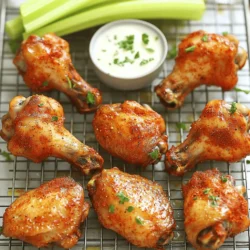 - 2 lbs chicken wings - 2 tablespoons extra virgin olive oil - 1 tablespoon baking powder - 1 teaspoon salt - 1 teaspoon freshly ground black pepper - 1 teaspoon garlic powder - 1 teaspoon onion powder - 1 teaspoon smoked paprika - ½ teaspoon cayenne pepper (optional) - Choice of wing sauce (e.g., buffalo, BBQ, honey mustard) - Optional garnishes (e.g., chopped parsley, sesame seeds) The main ingredients are simple. You need chicken wings and olive oil. The olive oil helps make the wings crispy. The spice mix adds great taste. You can mix the spices to create a custom flavor. The baking powder is key for crispiness. Salt and pepper add basic flavor. Garlic and onion powders bring depth. Smoked paprika gives a nice, smoky touch. If you like heat, add cayenne pepper for a kick. For serving, choose your favorite wing sauce. Buffalo sauce adds heat, while BBQ is sweet. Honey mustard offers a tangy taste. Garnish with parsley or sesame seeds for a fun look. This makes your wings not only tasty but also pretty! Check out the Full Recipe to make these delicious wings. Enjoy cooking! - Preheat oven to 425°F (220°C) - Line a baking sheet with aluminum foil and set up a wire rack Start by preheating your oven. This step is key to getting crispy wings. Use aluminum foil to line your baking sheet. This makes cleaning up easy. Next, place a wire rack on top of the foil. This allows heat to circulate around the wings. It helps them cook evenly. - Rinse and pat dry chicken wings - Combine spice ingredients in a mixing bowl Rinse the chicken wings under cold water. This helps remove any leftover bits. After rinsing, pat them dry with paper towels. You want them as dry as possible for crispiness. In a mixing bowl, gather your spice ingredients. Mix together baking powder, salt, black pepper, garlic powder, onion powder, smoked paprika, and cayenne pepper. Stir until well combined. - Coat wings with spice mixture and olive oil - Arrange wings on wire rack and bake for 40-45 minutes Take the dry wings and place them in the bowl with the spice mix. Drizzle olive oil over the wings. Use your hands or a spatula to coat each wing well. This ensures every wing gets that great flavor. Now, lay the coated wings on the wire rack. Make sure they are not touching. This helps them stay crispy. Bake the wings in your preheated oven for 40-45 minutes. Flip them halfway through for even cooking. Enjoy the aroma as they bake! For the full recipe, check out the detailed instructions. To get the best crispy wings, you must dry them well. After rinsing the wings, use paper towels to pat them dry. Moisture will ruin the crispiness you want. Using a wire rack is also key. Place the wings on the rack above the baking sheet. This setup lets air flow all around the wings, helping them crisp up. When cooking your wings, flip them halfway through. This helps them cook evenly and get that golden-brown look. Set a timer for 20 minutes. Then, turn the wings over and continue baking. To know when the wings are done, look for a deep golden color. They should also feel firm to the touch. A meat thermometer should read 165°F (74°C) in the thickest part. For the best sauce coating, toss the wings in a large bowl. Drizzle your favorite sauce over them. Use a spatula or your hands to mix gently until all wings are covered. Let the wings rest for about five minutes after baking. This pause helps the sauce stick better and keeps the wings juicy. For the full recipe, check out the detailed steps provided earlier. {{image_4}} You can change the flavor of your wings easily. Here are two great blends: - Honey garlic variation: Mix 1 tablespoon of honey with 2 minced garlic cloves. Toss the baked wings in this sweet sauce for a sticky, tasty bite. - Spicy chili lime blend: Combine 1 teaspoon of chili powder, the juice of 1 lime, and a pinch of salt. This blend adds a zesty kick to your wings. Sauces can really change your wing game. Here are some popular options: - Asian-inspired sauces: Try a mix of soy sauce, sesame oil, and honey. This gives a savory and sweet flavor that pairs well with baked wings. - Classic buffalo sauce recipes: Combine 1/2 cup of hot sauce with 1/4 cup of melted butter. This classic combo will bring a fiery taste to your wings. Want to switch it up? Here are two other cooking methods: - Air fryer instructions: Preheat your air fryer to 400°F (200°C). Cook the wings in a single layer for about 25-30 minutes. Shake the basket halfway through for even cooking. - Grilling for smoky flavor: Preheat your grill to medium-high heat. Cook the wings directly on the grill for 20-25 minutes, turning often. This adds a smoky flavor that’s hard to beat. For the full recipe, check out the entire process to make perfect crispy baked chicken wings! After you finish your crispy baked chicken wings, let them cool down. Cooling helps keep the skin crispy. Place the wings in an airtight container. This keeps them fresh. Use a container that seals tightly to avoid air exposure. You can store them in the fridge for up to three days. You can freeze cooked wings if you want to save some for later. Make sure they cool completely before freezing. Place them in a freezer-safe bag. Remove as much air as you can. This helps avoid freezer burn. To reheat, bake them at 400°F (200°C) for 20 minutes. This will help them regain their crispy texture. If you freeze uncooked wings, season them first. Place them in a freezer bag with the spice mix. When you're ready to cook, you can bake them straight from the freezer. Just add an extra 5-10 minutes to the cooking time. Cooked chicken wings can last up to three days in the fridge. Always check for signs of spoilage before eating. If the wings smell off or have a sticky texture, it’s best to throw them away. Fresh wings, when stored properly, should look and smell good. Keeping an eye on these details helps you enjoy your wings safely. To keep your wings crispy, first dry them well. Use paper towels to remove moisture. Coating them with baking powder helps too. Bake them on a wire rack so air flows around them. This method prevents steaming and keeps them crunchy. Yes, you can use frozen wings. Just thaw them in the fridge overnight. Make sure to dry them well before applying the spice mix. This step is key to getting that crispy texture. To reheat wings, place them in a preheated oven at 400°F (200°C). Bake for about 10-15 minutes. This helps restore the crispiness. Avoid the microwave, as it makes wings soggy. - How do I adjust the spice level in the recipe? You can easily adjust the spice level. Add more cayenne pepper for heat. If you prefer milder wings, reduce the amount of cayenne. You can also swap in different spices for unique flavors. - Can I make these wings ahead of time? Yes, you can make these wings ahead. Bake them and let them cool. Store in an airtight container in the fridge. When ready to serve, reheat them for that crispy finish. For the full recipe, check the earlier section. This guide covers all you need for crispy chicken wings. We explored main ingredients, spice blends, and cooking tips. Your wings can be flavorful and crispy with the right steps. Don't forget to try different sauces and spices for variety. Enjoy your tasty creations, share them, and make every gathering special. With practice, you’ll master the perfect wing recipe. Get cooking, and don’t be afraid to experiment!