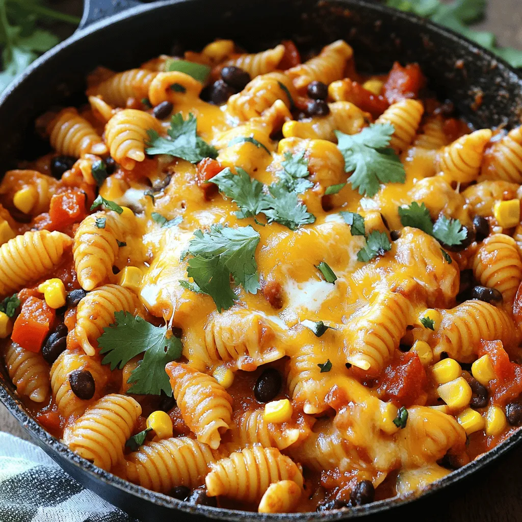 To make the Cheesy Taco Pasta Skillet, gather these simple ingredients: - 8 oz shell pasta - 1 lb ground beef or turkey - 1 packet taco seasoning - 1 cup corn kernels (canned or frozen) - 1 cup black beans, rinsed and drained - 1 bell pepper, diced - 1 small onion, diced - 2 cups tomato sauce - 1 cup cheddar cheese, shredded - 1/2 cup cream cheese, softened - 1 tablespoon olive oil - Salt and pepper to taste - Fresh cilantro, chopped (for garnish) These ingredients come together to create a dish that bursts with flavor. When choosing your ground meat, I suggest using turkey for a lighter option or beef for a richer taste. The taco seasoning adds a lovely kick, while the cheese makes it creamy and satisfying. You can also switch up the bell pepper. Use red, yellow, or green peppers based on your taste. Every ingredient plays a key role in making this meal a hit. For the full recipe, check the details shared earlier. Start by boiling a large pot of salted water. Add the shell pasta and cook it as the package says. You want it to be al dente, which means firm but not hard. This usually takes about 8 to 10 minutes. Once done, drain the pasta and set it aside. This will be the base of your cheesy taco pasta. In a large skillet, heat one tablespoon of olive oil over medium-high heat. Add the diced onion and bell pepper. Sauté them for about 3 to 4 minutes. You want them to be soft and fragrant. Next, add in the ground beef or turkey. Cook it until it turns brown and is no longer pink. This takes about 5 to 7 minutes. Keep stirring so it cooks evenly. Now it’s time to add flavor! Sprinkle in the taco seasoning. Stir it well for about one minute. This helps the spices blend into the meat. Then, mix in the corn and black beans. Make sure everything is combined nicely. This adds color and texture to your dish. - Adding Sauces and Final Touches Pour in the tomato sauce and stir everything together. This sauce brings all the flavors together. Let it simmer for about 5 minutes. This helps warm everything up and lets the flavors meld. - Combining with Pasta and Cheese Gently fold the cooked shell pasta into the mixture. Make sure every piece of pasta is coated with the sauce. This is where the magic happens! Next, reduce the heat and add the softened cream cheese. Stir until it melts into the dish. Finally, sprinkle the shredded cheddar cheese on top. Cover the skillet with a lid for 2 to 3 minutes. This allows the cheese to melt beautifully. Now you have a delicious cheesy taco pasta skillet! You can find the Full Recipe for more details. Enjoy your meal! To cook pasta just right, use a large pot with salted water. Bring the water to a boil. Add the shell pasta and stir it gently. Cook according to the package directions. Look for the al dente texture, which means it's firm but not hard. Once it's done, drain the pasta right away to stop the cooking. If you like it mild, use less taco seasoning. You can always add more later if needed. For a spicy kick, try adding a pinch of cayenne pepper or some diced jalapeños. Taste the dish as you go to find your perfect heat level. Remember, you can always add more spice, but you can't take it out once it's in! Garnishes make your dish pop! Fresh cilantro adds brightness and flavor. You can also add a squeeze of lime juice for a zesty touch. If you love cheese, sprinkle more cheddar on top before serving. Chopped green onions or diced tomatoes also work well. They not only add flavor but also color to your meal. - Serving Suggestions for Best Presentation: Serve the pasta directly from the skillet for a fun, casual vibe. You can also portion it into bowls. Top with extra cheese and a sprig of cilantro to impress your guests. Enjoy your Cheesy Taco Pasta Skillet with a side salad or some tortilla chips for a complete meal. For the full recipe, check out the section above! {{image_4}} You can easily make this dish vegetarian. Swap out the ground beef or turkey for a mix of mushrooms and lentils. These ingredients add a hearty texture. You can also use extra beans and veggies. Try adding zucchini or spinach for more nutrients. This way, you keep the dish full of flavor and color. If you want to try different proteins, you have options. Ground chicken or pork works well too. You can also use shredded rotisserie chicken for a quick fix. For a fun twist, try using shrimp. Just be sure to cook it for a shorter time, so it stays tender. Each protein gives a unique taste to the dish. Cheese is key! While cheddar is great, you can mix it up. Try Monterey Jack for a creamier texture. Pepper Jack adds a nice kick. For a twist, use crumbled feta or goat cheese. Each cheese brings its own flavor, enhancing your meal. - Spicing it Up: Adding Heat Want more heat? Add diced jalapeños or a splash of hot sauce. You can also stir in some crushed red pepper flakes. These will give your dish a spicy edge. Just remember to taste as you go. This way, you find the perfect level of heat for your liking. To keep your Cheesy Taco Pasta Skillet fresh, store it in an airtight container. Let the dish cool first to avoid condensation. This way, your meal stays tasty longer. You can keep it in the fridge for up to three days. If you want to save some for later, freezing works well. Divide the pasta into portions and place them in freezer-safe bags. Squeeze out any air to prevent freezer burn. It can last up to three months in the freezer. When you're ready to eat, thaw it overnight in the fridge. Reheat in a skillet over low heat, adding a splash of water or broth to bring back moisture. Most ingredients in this dish have a good shelf life: - Shell pasta: lasts about two years in a dry place. - Ground meats: use within one to two days or freeze for later. - Canned corn and beans: last for years if unopened. Once opened, store in the fridge for up to three days. - Tomato sauce: can stay in the fridge for about five days after opening. For busy weeks, you can prep ingredients ahead of time. Chop your veggies and store them in the fridge. Cook the pasta and store it separately, too. This way, you can throw together a quick meal in just 10 minutes. You can also make extra and enjoy it for lunch! Yes, you can! You can swap shell pasta for any small pasta. Good choices are penne, rotini, or even elbow macaroni. Each pasta type brings its own twist. Just make sure to adjust the cooking time based on the pasta you choose. If you want a different protein, use ground chicken or pork. For a plant-based option, try lentils or crumbled tofu. These options keep the dish hearty and flavorful. Just remember to cook them well to get the best taste. To make it gluten-free, choose gluten-free pasta. Many brands offer great options that taste similar to regular pasta. Also, double-check the taco seasoning. Some brands may have gluten. You can also make your own seasoning mix using spices like chili powder, cumin, and paprika. You can! Cook the pasta and prepare the meat mixture ahead of time. Store them separately in the fridge. When you're ready, just combine them in a skillet and warm everything through. This dish makes a great quick meal for busy nights! For the full recipe, check out the details above. This recipe blends tasty ingredients to create a fun dish. You learned how to cook shell pasta, brown meat, and mix in flavors. Adjust the heat to your liking and have a vegetarian option too. Storage tips will keep your leftovers fresh. Try these ideas to enjoy this dish your way. Cooking can be fun and easy. You will impress friends and family with such a tasty meal. Now, get cooking and share your delightful results!