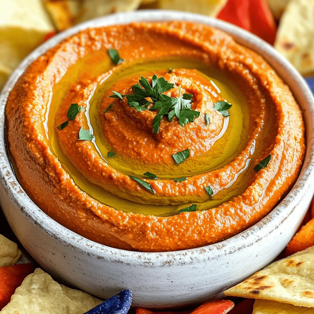 - 1 can (15 oz) chickpeas - 1 large roasted red pepper - 2 tablespoons tahini The main ingredients create the base of your hummus. Chickpeas add protein and creaminess. Roasted red pepper gives a sweet and smoky flavor. Tahini adds depth and richness. You can use store-bought or homemade roasted peppers. Homemade offers a fresher taste. - Extra virgin olive oil - Fresh lemon juice - Garlic cloves Extra virgin olive oil boosts the richness. It also adds a lovely fruity note. Fresh lemon juice brightens the hummus. It adds a zesty kick that balances the flavors. Garlic cloves bring in a savory touch. Mince or press them for the best flavor. - Ground cumin - Smoked paprika - Sea salt and black pepper Ground cumin gives the hummus an earthy taste. It adds warmth and aroma. Smoked paprika adds a hint of smokiness. It enhances the roasted red pepper flavor. Sea salt and black pepper are key for balance. Taste as you go to find your perfect seasoning. For the full recipe, you can refer to the Full Recipe section. Enjoy making this simple yet delicious roasted red pepper hummus! 1. Start by draining and rinsing the chickpeas. This step is key to a smooth texture. 2. Next, peel and dice your roasted red pepper. If using store-bought, make sure it's packed in water or oil for the best taste. 1. In a food processor, combine the chickpeas, diced roasted red pepper, tahini, olive oil, lemon juice, minced garlic, ground cumin, smoked paprika, and a pinch of salt and pepper. 2. Pulse the ingredients for a few seconds to start blending. Then, process on high speed until the mixture is smooth and creamy. Don't forget to stop and scrape down the sides with a spatula. This helps blend everything evenly. 3. If the hummus is too thick, add cold water one tablespoon at a time. Blend well after each addition. This will help you reach your desired creamy texture. 1. Taste your hummus and adjust the seasoning. You can add more salt, lemon juice, or spices to get that perfect flavor. 2. Scoop the hummus into a bowl, making a small well in the center. Drizzle some olive oil on top. Garnish with fresh parsley or cilantro for a nice touch. This recipe is great for parties or a quick snack. You can find the full recipe details above. Enjoy diving into this delicious treat! To make perfect hummus, you need the right thickness. If your hummus is too thick, add cold water. Do this slowly, adding one tablespoon at a time. Blend well after each addition. This way, you control the texture. It should be creamy and smooth. Scraping the sides of the bowl is key. When you blend, some ingredients stick to the sides. If you don’t scrape, those bits won’t mix in. Use a spatula to push them down. This keeps your hummus even and tasty. You can make your hummus even tastier with simple changes. Try adding a bit more lemon juice for zing. If you like heat, add a pinch of cayenne pepper. Don’t be afraid to try new spices. A touch of smoked paprika can enhance the flavor, too. Taste your hummus as you adjust. This helps you find the perfect balance. A great presentation makes your hummus look even better. Serve it in a nice bowl. Create a well in the center and drizzle olive oil on top. This adds a nice touch. You can also sprinkle smoked paprika or whole chickpeas for flair. Pair your hummus with fresh veggie sticks, pita chips, or warm pita bread. This gives your guests a fun way to enjoy it. With these tips, your roasted red pepper hummus will impress anyone! For the full recipe, check out the earlier sections. {{image_4}} You can easily add flavor to your hummus. One great option is to add roasted garlic. Roasting garlic makes it sweet and soft. Just blend in a few cloves for a rich taste. Another fun idea is to use spices like harissa. This North African spice blend adds heat and depth. Start with a teaspoon and adjust to your taste. Feel free to swap out ingredients to change the flavor. Using white beans instead of chickpeas makes a smooth and creamy hummus. It also offers a different taste. You can also substitute different types of peppers. Try using jalapeños for a spicy kick or yellow peppers for a sweeter taste. If you want a low-fat option, use less tahini and olive oil. You can replace them with more lemon juice or water. This keeps your hummus light and fresh. For a vegan version, this recipe is already vegan-friendly! Just ensure all your ingredients are plant-based. You can enjoy it without worry. For more tips and ideas, check the Full Recipe. To store your roasted red pepper hummus in the fridge, use an airtight container. This helps keep it fresh and tasty. Make sure to cover the top with plastic wrap or a lid. I recommend using glass or BPA-free containers. They do not absorb odors and keep flavors intact. You can freeze roasted red pepper hummus for later use. To do this, place it in a freezer-safe container. Leave some space at the top because it will expand when frozen. When you want to use it, thaw it in the fridge overnight. You can also thaw it in the microwave using low power. Stir well before serving to get the texture smooth again. For maximum freshness, store hummus in the fridge for up to five days. Keep it covered and away from strong-smelling foods. Signs of spoilage include a change in color or an off smell. If you notice any mold, throw it away right away. Enjoy your roasted red pepper hummus while it’s fresh for the best taste! For the Full Recipe, check out the earlier sections. Roasted red pepper hummus has simple, tasty ingredients. Here’s what you need: - 1 can (15 oz) chickpeas, thoroughly drained and rinsed - 1 large roasted red pepper, peeled and diced - 2 tablespoons tahini - 2 tablespoons extra virgin olive oil - 2 tablespoons freshly squeezed lemon juice - 2 garlic cloves, minced - 1 teaspoon ground cumin - 1/2 teaspoon smoked paprika - Sea salt and black pepper, to taste - Water, as needed These ingredients blend together to create a smooth and creamy dip. Each one adds a unique flavor that makes this hummus so special. The chickpeas give it a rich base, while the roasted red pepper adds sweetness. Tahini and olive oil make it creamy, and the spices bring it all together. To add some heat, you can try a few easy tricks. Here are my favorites: - Add a pinch of cayenne pepper to the mix. - Mix in some chopped fresh jalapeños. - Use smoked chipotle for a smoky kick. - Drizzle sriracha or hot sauce on top before serving. Start with a little spice and taste as you go. This way, you can find the right level of heat that you enjoy. If you want to buy hummus, many brands make great options. Look for these popular ones: - Sabra Roasted Red Pepper Hummus - Tribe Roasted Red Pepper Hummus - Cedar’s Roasted Red Pepper Hummus You can find these brands at most grocery stores. Check the deli or refrigerated section for the freshest choices. Each brand has its own twist, so try a few to find your favorite! Roasted red pepper hummus is simple and delicious. We discussed essential ingredients like chickpeas, tahini, and garlic. You learned step-by-step how to blend these for perfect texture and flavor. We also covered tips for seasoning and presentation. Don’t forget to experiment with variations to keep it exciting! When stored right, it stays fresh and tasty. Now, you can enjoy and share this yummy dip with friends. Create your perfect hummus and make every bite special.
