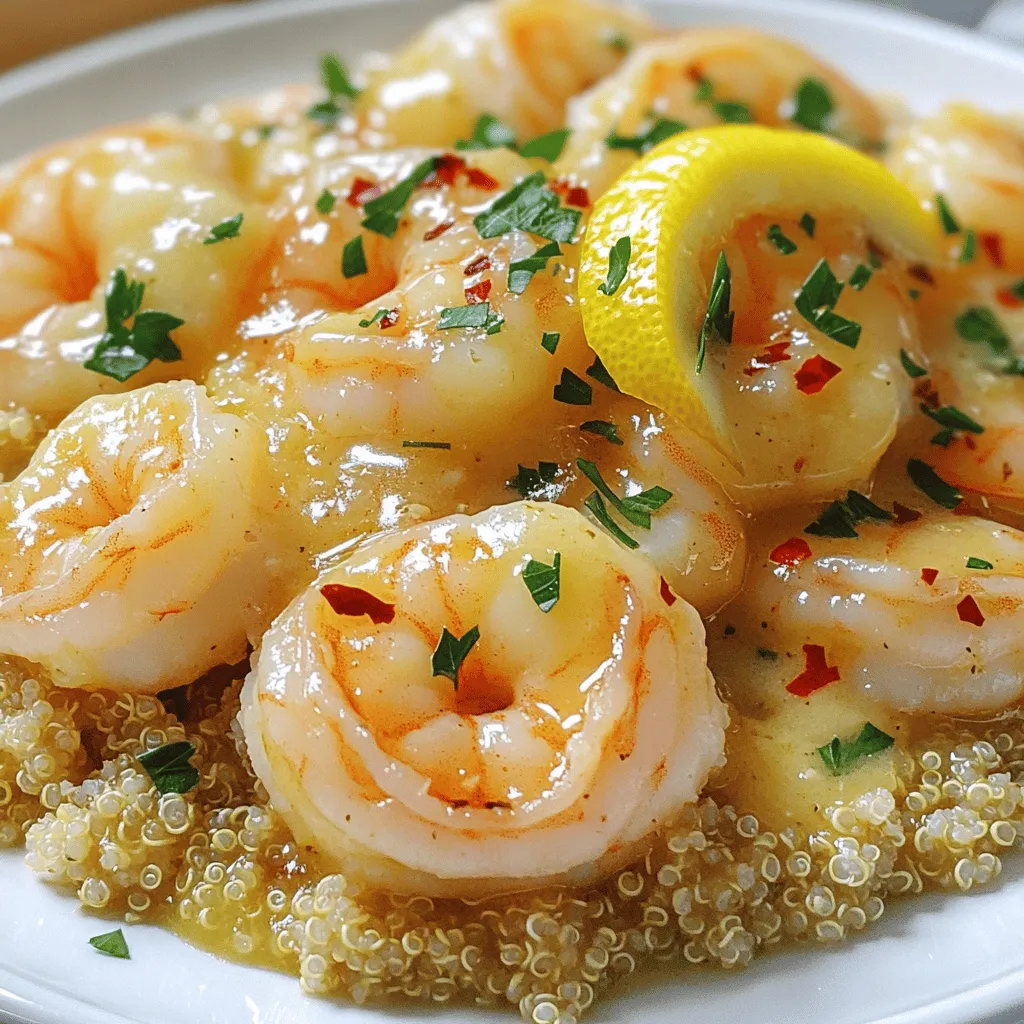 To make this dish, you need some key ingredients: - 1 lb large shrimp, peeled and deveined - 4 tablespoons unsalted butter - 4 cloves garlic, minced - Zest and juice of 1 lemon - 1 teaspoon red pepper flakes (adjust to your spice preference) - Salt and freshly ground black pepper, to taste - Fresh parsley, finely chopped (for garnish) - 1 tablespoon olive oil - 1 cup cooked quinoa or rice (to serve) These ingredients bring a fresh, bright flavor to the shrimp. The lemon gives a nice zing, while the garlic adds depth. You can spice things up with some optional add-ins: - A splash of white wine for a richer taste - Cherry tomatoes for a pop of color and sweetness - Spinach for added nutrition and color - Crushed nuts for a crunchy texture These add-ins can make the dish even more special. Feel free to mix and match based on what you have! You will need some basic kitchen tools for this recipe: - A large skillet for cooking - A spatula for flipping the shrimp - A cutting board and knife for chopping - Measuring spoons for precision Having the right equipment makes cooking easier and more fun. Make sure you have everything ready before you start. For the full recipe, check out the detailed instructions. 1. Start by drying the shrimp with paper towels. This helps them sear well. 2. Season the shrimp with salt and black pepper. Make sure they are coated evenly. 3. Heat olive oil in a large skillet over medium-high heat until it shimmers. 4. Add the shrimp to the skillet in a single layer. Cook them for 2-3 minutes. 5. Flip the shrimp and cook for another 1-2 minutes. They should turn pink when done. 6. Remove the cooked shrimp from the skillet and place them on a plate. 7. Lower the heat to medium and add butter to the same skillet. Let it melt. 8. Add minced garlic and red pepper flakes to the melted butter. Sauté for 1 minute. 9. Pour in lemon juice and add lemon zest. Stir well to mix all the flavors. 10. Return the shrimp to the skillet and toss them in the sauce. Let them simmer for 1-2 minutes. 11. Taste the dish and adjust seasoning with more salt, pepper, or red pepper flakes if needed. 12. Serve the shrimp over cooked quinoa or rice. Garnish with chopped parsley. - Use fresh shrimp for the best taste. Frozen shrimp can be used, but thaw them first. - Avoid overcooking shrimp. They cook quickly, so watch them closely. - For a richer flavor, you can add a splash of white wine to the sauce. - Always use unsalted butter for better control over the saltiness of the dish. - Prepare all ingredients before you start cooking. This saves time and keeps things organized. - Drying the shrimp and seasoning them takes just a few minutes. - Heating the skillet and cooking shrimp should not take more than 5 minutes. - The sauce comes together quickly, so have everything ready to mix in. Make sure to check the [Full Recipe] for additional details! When making Lemon Garlic Butter Shrimp, avoid these common errors: - Overcooking the shrimp: Shrimp cook fast. Remove them when they turn pink. - Burning the garlic: Garlic can turn bitter if overcooked. Sauté it just until fragrant. - Not drying the shrimp: Pat them dry to help them sear nicely. Moist shrimp won’t brown well. To make your garlic butter sauce shine, follow these tips: - Use unsalted butter for control over saltiness. - Sauté garlic on medium heat to unlock its flavor. - Add lemon juice and zest at the end to keep the fresh taste. - Stir the sauce gently to mix without breaking the shrimp. To take your dish to the next level, try these additions: - Fresh herbs like basil or dill can boost the flavor. - A pinch of oregano or thyme adds depth. - For a kick, use cayenne pepper or more red pepper flakes. - Lemon zest adds a bright note. Mix and match to find your favorite blend. For the full recipe, check out [Full Recipe]. {{image_4}} You can swap out shrimp for other seafood, like scallops or lobster. If you want a plant-based option, try using tofu or chickpeas. For butter, you can use ghee or vegan butter. If you don’t have fresh parsley, basil or cilantro can work too. Need a lemon? Lime juice is a great alternative. Lemon garlic butter shrimp pairs well with many sides. Try serving it over quinoa, rice, or pasta. For a fresh touch, add a salad with greens and vinaigrette. Roasted veggies, like asparagus or broccoli, complement this dish nicely. You can also serve crusty bread to soak up the buttery sauce. Plating makes your dish look special. Use deep bowls for the shrimp and sauce. Add a lemon wedge on the side for brightness. Scatter chopped parsley on top for color. For a fancy touch, you could use a ring mold for the quinoa or rice. This adds height and looks impressive on the plate. Try out these variations for your lemon garlic butter shrimp. You can find the full recipe to get started! To keep your Lemon Garlic Butter Shrimp fresh, store it in airtight containers. Allow the shrimp to cool before sealing. This helps prevent moisture build-up. Place the container in the fridge if you plan to eat it within 2-3 days. For longer storage, consider freezing. When reheating, use a skillet over medium heat. This helps maintain the dish's texture and flavor. Add a little olive oil or butter to prevent sticking. Heat for about 5-7 minutes, stirring gently until warmed through. Avoid microwaving, as it can make the shrimp rubbery. You can freeze Lemon Garlic Butter Shrimp for up to three months. Make sure it is well-sealed in a freezer-safe container. When ready to eat, thaw it overnight in the fridge. Reheat gently in a skillet, as mentioned, to restore its flavor and texture. Enjoy this dish later without losing its delicious taste! To add spice, use more red pepper flakes. You can also add fresh chopped chili peppers. For a smoky kick, try smoked paprika. Adjust the spice level to your taste. Yes, you can use frozen shrimp. Just thaw it first. Place it in cold water for about 15 minutes. Pat the shrimp dry before cooking. This helps them cook evenly. Great sides include cooked quinoa, rice, or pasta. Steamed vegetables like broccoli or green beans also work well. A fresh salad with lemon dressing adds a nice touch too. To avoid rubbery shrimp, do not overcook them. Cook shrimp just until they turn pink, about 2-3 minutes per side. Remove them from heat right when they are opaque. This keeps them tender and juicy. You learned about the key ingredients for lemon garlic butter shrimp and how to use them. I shared cooking tips to make perfect shrimp and avoid common mistakes. There are also ways to store leftovers and make great side dishes. In the end, this dish is easy and tasty. You can impress friends and family with your cooking skills. Enjoy every bite, and don’t forget to experiment with flavors!