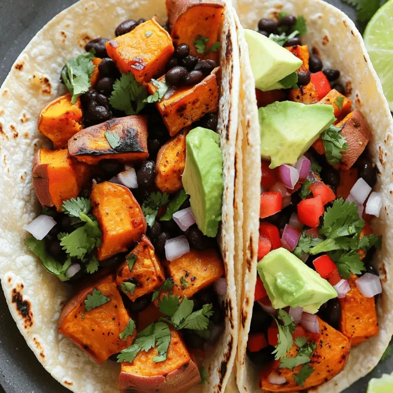 - 2 medium sweet potatoes, peeled and diced into small cubes - 1 can (15 oz) black beans, drained and rinsed thoroughly - 1 red bell pepper, diced into bite-sized chunks - 1 small red onion, finely chopped - 2 cloves garlic, minced - 1 teaspoon ground cumin - 1 teaspoon smoked paprika - 1/2 teaspoon cayenne pepper (adjust according to your spice preference) - 2 tablespoons olive oil - Salt and freshly ground black pepper to taste - 8 small corn tortillas - Fresh cilantro leaves, for garnish - Lime wedges, for serving - Avocado slices, for topping (optional) These ingredients bring amazing flavors to your tacos. Sweet potatoes give a natural sweetness, while black beans add protein and fiber. The spices, like cumin and smoked paprika, bring warmth and depth. The garlic, onion, and bell pepper add a savory touch. I love how fresh cilantro and lime really brighten the dish. They make each bite pop! If you want creaminess, add avocado slices. This mix of textures and tastes makes these tacos truly special. You can find the full recipe to guide you through the cooking process. Preheating your oven is key for great roasting. It helps cook the sweet potatoes evenly. Set your oven to 400°F (200°C). This temperature brings out the best in your sweet potatoes. Start by peeling and dicing your sweet potatoes into small cubes. In a bowl, mix the sweet potatoes with olive oil, cumin, smoked paprika, cayenne pepper, and a pinch of salt. Make sure each piece is coated well. This step adds lots of flavor to your sweet potatoes. Spread the seasoned sweet potatoes on a baking sheet in a single layer. Roast them in the oven for 20 to 25 minutes. Stir them halfway through to ensure they roast evenly. They will be tender and slightly caramelized when done. While the sweet potatoes roast, heat a skillet over medium heat. Add chopped red onion and diced red bell pepper. Sauté them for about 5 minutes. You want them soft and fragrant, but not mushy. Now it’s time to stir in minced garlic and rinsed black beans. Cook this mixture for just 2 minutes. You want the beans to be warm and the garlic to smell amazing. Taste it and add salt or pepper if needed. When the sweet potatoes are ready, take them out of the oven. Gently mix them into the skillet with the beans and veggies. Be careful not to break the sweet potatoes while stirring. They should stay in nice chunks. To warm your tortillas, you can use a skillet or even an open flame. Heat them until they are soft and easy to fold. This step makes your tacos easier to eat and less likely to tear. Take a warm tortilla and scoop a generous amount of the sweet potato and bean mix into the center. You can fill it to your liking. Make sure not to overstuff, so it’s easy to fold. Top your tacos with fresh cilantro leaves. If you like, add avocado slices for creaminess. Serve your tacos right away with lime wedges on the side. Squeeze some lime over the tacos for extra flavor. Enjoy your tasty creation! Check the Full Recipe for all the details. You can change the spice levels to fit your taste. If you like it mild, skip the cayenne pepper. Instead, try adding a pinch of smoked paprika for flavor. If you love heat, add more cayenne or a dash of hot sauce. My favorite is to mix in a bit of chipotle powder for a smoky kick. To get the best taco texture, focus on the tortillas. Always warm them before filling. This keeps them soft and pliable. If you want crunch, consider toasting them lightly in a dry skillet. Avoid soggy tortillas by not overfilling them. Just enough filling gives you a nice bite without mess. Toppings can take your tacos to the next level. Try adding fresh avocado slices for creaminess. A sprinkle of crumbled feta or queso fresco adds a salty bite. You can also drizzle lime juice over your tacos for brightness. For extra zing, make a quick sauce with yogurt and lime zest. These small touches create layers of flavor in every bite. For the full recipe, check out the [Full Recipe]. {{image_4}} You can easily make these tacos vegan. Use olive oil and skip any animal products. Corn tortillas are naturally gluten-free, making them a perfect base. If you want a creamy touch, try cashew cream instead of sour cream. This keeps all the flavors without losing richness. Want more protein? Add cooked quinoa or lentils. These options boost the nutrition without changing the taste too much. If you eat meat, shredded chicken or beef can work well too. Just mix it in after cooking the beans and veggies. Feel free to get creative with your tacos! Add seasonal vegetables like zucchini or corn. You can also swap black beans for pinto beans or chickpeas. Just sauté them with the onions and peppers. This brings in fresh tastes and colors to your meal. For the full recipe, check back to the main section! To store leftovers, let the tacos cool first. Place them in an airtight container. This helps keep them fresh. You can expect your tacos to last about 3 to 4 days in the fridge. If you store just the filling, it may last a bit longer. You can freeze the taco filling and tortillas separately. For the filling, let it cool, then place it in a freezer-safe container. For tortillas, stack them with a piece of parchment paper in between. This will prevent them from sticking. When you want to eat them, thaw the filling overnight in the fridge. To reheat your tacos, use a skillet over medium heat. This method keeps the texture nice. Warm the filling until it's hot. For tortillas, heat them in a pan for a few seconds on each side. Avoid using a microwave if you can. Microwaving can make the tortillas soggy and chewy. Yes, you can prepare these tacos in advance. Cook the sweet potatoes and beans as usual. Let them cool, then store in airtight containers. You can keep them in the fridge for up to three days. When ready to eat, reheat the filling in a pan. Warm the tortillas separately. This keeps everything fresh and tasty. If you don’t have black beans, try pinto beans or kidney beans. Chickpeas also work well, adding a different flavor. You can even use lentils for a unique twist. Just remember to adjust the cooking time if needed. Absolutely! These tacos are great for meal prep. Cook a larger batch of the filling. Store it in the fridge or freezer. You can assemble the tacos fresh each time you want to eat. This way, the tortillas stay soft and the filling stays flavorful. To add heat, use more cayenne pepper or try jalapeños. Fresh or pickled jalapeños can be a nice touch. You can also add hot sauce or chili powder to the filling. Adjust the spice level to match your taste. Great toppings enhance these tacos. Fresh cilantro adds a burst of flavor. Avocado slices give creaminess. You can add diced tomatoes, sliced radishes, or crumbled feta. A squeeze of lime juice brightens everything up. Feel free to mix and match your favorites! These Sweet Potato and Black Bean Tacos are both easy and fun to make. You learned about the ingredients, step-by-step instructions, and tasty variations. I shared tips for the best texture and how to store leftovers. Remember, you can adjust spices and swap ingredients to fit your taste. Enjoy these tacos with your favorite toppings or try new add-ins. With these ideas, you’re ready to create a delicious meal that everyone will love.