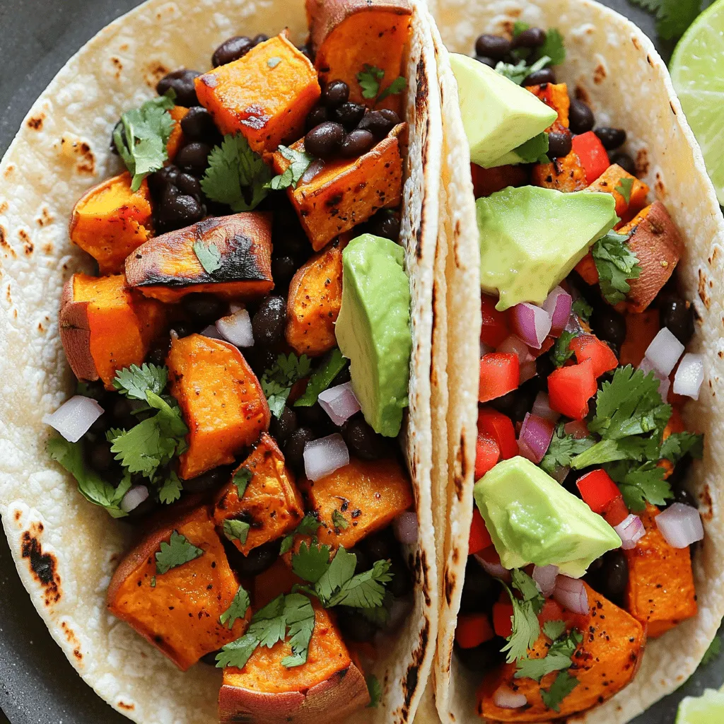- 2 medium sweet potatoes, peeled and diced into small cubes - 1 can (15 oz) black beans, drained and rinsed thoroughly - 1 red bell pepper, diced into bite-sized chunks - 1 small red onion, finely chopped - 2 cloves garlic, minced - 1 teaspoon ground cumin - 1 teaspoon smoked paprika - 1/2 teaspoon cayenne pepper (adjust according to your spice preference) - 2 tablespoons olive oil - Salt and freshly ground black pepper to taste - 8 small corn tortillas - Fresh cilantro leaves, for garnish - Lime wedges, for serving - Avocado slices, for topping (optional) These ingredients bring amazing flavors to your tacos. Sweet potatoes give a natural sweetness, while black beans add protein and fiber. The spices, like cumin and smoked paprika, bring warmth and depth. The garlic, onion, and bell pepper add a savory touch. I love how fresh cilantro and lime really brighten the dish. They make each bite pop! If you want creaminess, add avocado slices. This mix of textures and tastes makes these tacos truly special. You can find the full recipe to guide you through the cooking process. Preheating your oven is key for great roasting. It helps cook the sweet potatoes evenly. Set your oven to 400°F (200°C). This temperature brings out the best in your sweet potatoes. Start by peeling and dicing your sweet potatoes into small cubes. In a bowl, mix the sweet potatoes with olive oil, cumin, smoked paprika, cayenne pepper, and a pinch of salt. Make sure each piece is coated well. This step adds lots of flavor to your sweet potatoes. Spread the seasoned sweet potatoes on a baking sheet in a single layer. Roast them in the oven for 20 to 25 minutes. Stir them halfway through to ensure they roast evenly. They will be tender and slightly caramelized when done. While the sweet potatoes roast, heat a skillet over medium heat. Add chopped red onion and diced red bell pepper. Sauté them for about 5 minutes. You want them soft and fragrant, but not mushy. Now it’s time to stir in minced garlic and rinsed black beans. Cook this mixture for just 2 minutes. You want the beans to be warm and the garlic to smell amazing. Taste it and add salt or pepper if needed. When the sweet potatoes are ready, take them out of the oven. Gently mix them into the skillet with the beans and veggies. Be careful not to break the sweet potatoes while stirring. They should stay in nice chunks. To warm your tortillas, you can use a skillet or even an open flame. Heat them until they are soft and easy to fold. This step makes your tacos easier to eat and less likely to tear. Take a warm tortilla and scoop a generous amount of the sweet potato and bean mix into the center. You can fill it to your liking. Make sure not to overstuff, so it’s easy to fold. Top your tacos with fresh cilantro leaves. If you like, add avocado slices for creaminess. Serve your tacos right away with lime wedges on the side. Squeeze some lime over the tacos for extra flavor. Enjoy your tasty creation! Check the Full Recipe for all the details. You can change the spice levels to fit your taste. If you like it mild, skip the cayenne pepper. Instead, try adding a pinch of smoked paprika for flavor. If you love heat, add more cayenne or a dash of hot sauce. My favorite is to mix in a bit of chipotle powder for a smoky kick. To get the best taco texture, focus on the tortillas. Always warm them before filling. This keeps them soft and pliable. If you want crunch, consider toasting them lightly in a dry skillet. Avoid soggy tortillas by not overfilling them. Just enough filling gives you a nice bite without mess. Toppings can take your tacos to the next level. Try adding fresh avocado slices for creaminess. A sprinkle of crumbled feta or queso fresco adds a salty bite. You can also drizzle lime juice over your tacos for brightness. For extra zing, make a quick sauce with yogurt and lime zest. These small touches create layers of flavor in every bite. For the full recipe, check out the [Full Recipe]. {{image_4}} You can easily make these tacos vegan. Use olive oil and skip any animal products. Corn tortillas are naturally gluten-free, making them a perfect base. If you want a creamy touch, try cashew cream instead of sour cream. This keeps all the flavors without losing richness. Want more protein? Add cooked quinoa or lentils. These options boost the nutrition without changing the taste too much. If you eat meat, shredded chicken or beef can work well too. Just mix it in after cooking the beans and veggies. Feel free to get creative with your tacos! Add seasonal vegetables like zucchini or corn. You can also swap black beans for pinto beans or chickpeas. Just sauté them with the onions and peppers. This brings in fresh tastes and colors to your meal. For the full recipe, check back to the main section! To store leftovers, let the tacos cool first. Place them in an airtight container. This helps keep them fresh. You can expect your tacos to last about 3 to 4 days in the fridge. If you store just the filling, it may last a bit longer. You can freeze the taco filling and tortillas separately. For the filling, let it cool, then place it in a freezer-safe container. For tortillas, stack them with a piece of parchment paper in between. This will prevent them from sticking. When you want to eat them, thaw the filling overnight in the fridge. To reheat your tacos, use a skillet over medium heat. This method keeps the texture nice. Warm the filling until it's hot. For tortillas, heat them in a pan for a few seconds on each side. Avoid using a microwave if you can. Microwaving can make the tortillas soggy and chewy. Yes, you can prepare these tacos in advance. Cook the sweet potatoes and beans as usual. Let them cool, then store in airtight containers. You can keep them in the fridge for up to three days. When ready to eat, reheat the filling in a pan. Warm the tortillas separately. This keeps everything fresh and tasty. If you don’t have black beans, try pinto beans or kidney beans. Chickpeas also work well, adding a different flavor. You can even use lentils for a unique twist. Just remember to adjust the cooking time if needed. Absolutely! These tacos are great for meal prep. Cook a larger batch of the filling. Store it in the fridge or freezer. You can assemble the tacos fresh each time you want to eat. This way, the tortillas stay soft and the filling stays flavorful. To add heat, use more cayenne pepper or try jalapeños. Fresh or pickled jalapeños can be a nice touch. You can also add hot sauce or chili powder to the filling. Adjust the spice level to match your taste. Great toppings enhance these tacos. Fresh cilantro adds a burst of flavor. Avocado slices give creaminess. You can add diced tomatoes, sliced radishes, or crumbled feta. A squeeze of lime juice brightens everything up. Feel free to mix and match your favorites! These Sweet Potato and Black Bean Tacos are both easy and fun to make. You learned about the ingredients, step-by-step instructions, and tasty variations. I shared tips for the best texture and how to store leftovers. Remember, you can adjust spices and swap ingredients to fit your taste. Enjoy these tacos with your favorite toppings or try new add-ins. With these ideas, you’re ready to create a delicious meal that everyone will love.