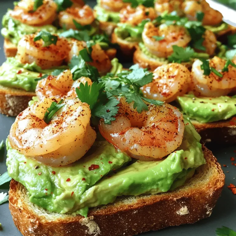 - 1 pound large shrimp, peeled and deveined - 2 ripe avocados, halved and pitted - 4 slices of whole grain or sourdough bread - 1 teaspoon smoked paprika - 1 teaspoon cayenne pepper (adjust to taste) - Salt and freshly ground black pepper to taste - 1 tablespoon olive oil - 2 cloves garlic, finely minced - Juice of 1 lime - Fresh cilantro, chopped (for garnish) - Red pepper flakes (for garnish) You will need fresh shrimp for the best taste. The flavor of your shrimp will shine through. I like to use large shrimp because they hold up well on the toast. Choose ripe avocados that feel slightly soft. They should be creamy and easy to mash. Whole grain or sourdough bread adds a nice crunch. Spices make this dish pop. Smoked paprika gives a warm, smoky flavor. Cayenne pepper adds heat, so feel free to adjust it. Salt and pepper are key to enhancing all the flavors. I always use good olive oil to marinate the shrimp. It helps the spices stick and adds richness. Garlic adds depth to the dish, while lime juice brightens everything up. You can use fresh cilantro for a fresh touch on top. Red pepper flakes give an extra kick and a nice visual. For more details on how to bring these ingredients together, check out the Full Recipe. First, gather your shrimp and place them in a bowl. Add smoked paprika, cayenne pepper, olive oil, minced garlic, and lime juice. Sprinkle salt and black pepper to taste. Mix well until shrimp is fully coated. Cover the bowl and let it sit for at least 15 minutes. This marination makes the shrimp flavorful and spicy. Next, heat a non-stick skillet over medium-high heat. Once hot, add the marinated shrimp to the skillet. Cook the shrimp for about 2-3 minutes on each side. They should turn bright pink and opaque when done. This quick cooking keeps them juicy. Once cooked, remove the shrimp from heat and set them aside. While the shrimp cook, take your ripe avocados. Cut them in half, remove the pits, and scoop the flesh into a bowl. Mash the avocados with a fork until creamy. Add lime juice, salt, and black pepper. Mix well for a smooth spread. The lime juice adds a nice zing to the rich avocado. Now, let’s toast the bread. You can use a skillet or a toaster. If using a skillet, place the slices in it and toast until golden brown, about 3-4 minutes per side. The bread should be crispy on the outside. This crunch will contrast nicely with the creamy avocado and spicy shrimp. Once the bread is toasted, spread a generous layer of the avocado mixture on each slice. Then, top each piece of toast with the spicy shrimp. Make sure to distribute the shrimp evenly so every bite is packed with flavor. This step brings all the elements together in a delicious way. Finally, sprinkle fresh cilantro and red pepper flakes on top before serving. These add color and extra flavor to your dish. You can arrange the toasts beautifully on a rustic wooden board. If you want, serve with lime wedges on the side for an extra burst of freshness. For the full recipe, check out the detailed instructions above. - Use fresh shrimp for best flavor. Fresh shrimp enhances the taste and texture. - Adjust spice levels according to preference. If you prefer milder heat, reduce cayenne pepper. - Pair with a light salad or a side of mixed greens. The freshness of greens balances the richness of the toast. - Serve with lime wedges for extra flavor. A squeeze of lime brightens each bite and adds zing. - Serve on a rustic wooden platter. This creates a homey, inviting feel for your meal. - Add colorful garnishes for visual appeal. Finely chopped cilantro and red pepper flakes make the dish pop. Using these tips, you can elevate your Spicy Shrimp Avocado Toast into a flavorful and satisfying meal. For more details, check the Full Recipe. {{image_4}} If you want a twist, try using hummus instead of avocado. Hummus brings a creamy texture and a different taste. It pairs well with spicy shrimp. You can choose classic hummus or a flavored version. This swap can add a fun touch to your meal. You can switch the shrimp for cooked crab or grilled chicken. Both options work well and add a unique flavor. Cooked crab gives a sweet taste, while chicken offers a hearty bite. Feel free to experiment with your favorite proteins. Consider using gluten-free bread or bagels for your toast. This choice makes the dish suitable for more diets. Bagels can add a chewy texture, while gluten-free bread offers a light crunch. Each option still holds the toppings well and keeps the meal satisfying. For the full recipe, check out the detailed instructions above. After enjoying your Spicy Shrimp Avocado Toast, you may have some leftovers. To store them, place the remaining toast in an airtight container. This keeps the toast fresh and helps maintain the flavor of the shrimp. Make sure to refrigerate the container right away to keep everything safe to eat. When you're ready to enjoy the leftovers, you need to reheat them carefully. Start by warming the shrimp on a skillet over low heat. This keeps the shrimp juicy and flavorful. For the toast, give it a quick toast in the toaster. This will refresh it and bring back that crispy texture you love. For the best taste and quality, it's best to eat your Spicy Shrimp Avocado Toast within 1-2 days. After that, the fresh ingredients may not taste as good. Always check for any signs of spoilage before eating. Enjoy your meal while it’s still delicious! Follow the detailed step-by-step instructions provided above. Start by marinating the shrimp with spices. Cook them in a hot skillet until bright pink. Then, mash the avocados and prepare the toast. Finally, assemble with shrimp and enjoy! Pair with a light salad or soup for a complete meal. A fresh green salad adds crunch and balance to the rich toast. A bowl of tomato soup can also complement the flavors well. Yes, but make sure to thaw and pat dry before marinating. Frozen shrimp can lose some flavor if not prepared well. Thawing ensures the shrimp soak up the spices better. Alternatives include bean spreads or other creamy toppings like tzatziki. Hummus can also be a great choice for a unique twist. You can try any spread that adds creaminess and flavor. This recipe for spicy shrimp avocado toast combines fresh flavors and simple steps. Start by marinating shrimp and preparing the creamy avocado spread. Toast your bread to perfection before assembling the dish. Remember, you can adjust spice levels and swap ingredients as you prefer. Serve this dish with a light salad for a balanced meal. Enjoy the vibrant taste while impressing your friends and family. Happy cooking!