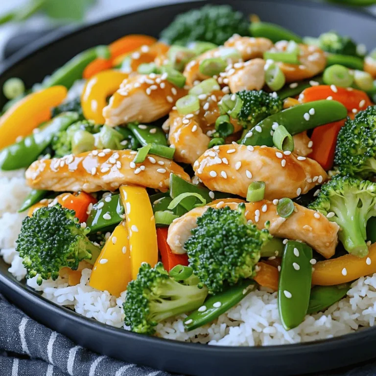 - 1 lb boneless, skinless chicken breasts - 2 cups mixed vegetables - 3 tablespoons low-sodium soy sauce - 1 tablespoon honey To make a great stir fry, we need fresh and simple ingredients. The chicken gives us protein and stays tender. Mixed vegetables add color and crunch. Soy sauce brings a salty taste, while honey adds a sweet touch. This balance makes each bite exciting. - Green onions - Sesame seeds Garnishes can elevate the dish. Green onions add a fresh, sharp taste. Sesame seeds give a nice crunch and look pretty. You can skip them, but they make the meal more fun. - Vegetable oil - Toasted sesame oil - Garlic and ginger Using the right oils is key. Vegetable oil works well for high heat. It helps cook the chicken quickly. Toasted sesame oil adds deep flavor at the end. Garlic and ginger bring warmth and spice. Together, they create a fragrant base for our stir fry. For the full recipe, check out the detailed instructions. Enjoy cooking this simple yet flavorful dish! To start, I whisk together the soy sauce, honey, garlic, and ginger in a small bowl. This combo makes a tasty sauce that brings flavor to the stir fry. Set it aside for now. Next, I heat 1 tablespoon of vegetable oil in a skillet. I let the oil get hot, then add the sliced chicken. I sauté it for 5 to 7 minutes until it turns golden brown and is fully cooked. I make sure there is no pink left. After that, I take the chicken out and place it on a plate. In the same skillet, I add another tablespoon of vegetable oil. I toss in the mixed vegetables next. I cook them for about 3 to 4 minutes until they are tender-crisp. They should stay bright and colorful. Now, I return the cooked chicken to the skillet with the veggies. I pour the prepared sauce over everything. I stir well to coat all the ingredients. I let it cook together for an extra 2 to 3 minutes to heat it through. Finally, I drizzle the toasted sesame oil over the stir fry. I toss everything gently to mix the flavors. Then, I serve the stir fry hot over rice or quinoa. A garnish of green onions and a sprinkle of sesame seeds adds a nice finish. Enjoy your meal! For the full recipe, refer to the earlier section. To make your stir fry burst with flavor, use fresh ingredients. Fresh chicken and vibrant veggies make a big difference. I love a mix of broccoli, bell peppers, and snap peas for color and taste. You can also try different oil blends. Vegetable oil works great, but adding toasted sesame oil gives a rich flavor. High heat is key for stir-frying. It cooks the food fast, keeping it tender and juicy. Heat your pan until it shimmers before adding chicken. Avoid overcrowding the pan. This lets the chicken brown nicely and prevents steaming. If you have a lot, cook in batches. Watch the cooking times closely. Chicken usually needs 5-7 minutes to cook through. Vegetables should stay crisp and bright, cooking for about 3-4 minutes. You want a perfect stir-fry consistency: tender but not mushy. Keep stirring to mix everything well. For more tips, check out the Full Recipe for Easy Chicken Stir Fry. {{image_4}} You can switch chicken for shrimp or tofu. Shrimp cooks fast and adds a nice taste. Just sauté it for about 3-4 minutes until it turns pink. Tofu is a great choice for a meat-free meal. Use firm tofu, cut into cubes. Sauté it for about 5-7 minutes until golden. This gives you more options for your stir fry. Feel free to play with seasonal vegetables. Try using zucchini, asparagus, or snow peas. Each season brings its own fresh flavors. You can also mix in some mushrooms or bok choy for a twist. Don’t be afraid to explore! Fresh veggies add color and crunch to your dish. You can change the sauce to fit your taste. Add sriracha for some heat if you like spice. Just a teaspoon can make a big difference. For a richer flavor, mix in peanut butter. It gives a creamy texture and pairs well with the soy sauce. You can always adjust the sauce to find your perfect balance. To keep your chicken stir fry fresh, store it in an airtight container. Place it in the fridge within two hours after cooking. This helps lock in flavor and keeps your dish safe to eat. It will last in the fridge for up to three days. When ready to eat, just check for any change in smell or color. When reheating, aim for gentle heat. The microwave works well, but use a low setting. Heat in short bursts, stirring often. This avoids overcooking the chicken. You can also use a skillet. Add a splash of water or broth to keep it moist. Heat on medium-low until hot, stirring regularly. If you want to save your stir fry for later, freezing is a great option. First, let it cool completely. Then, pack it in a freezer-safe bag or container. Remove as much air as possible before sealing. This helps prevent freezer burn. You can freeze it for up to three months. To reheat, thaw overnight in the fridge and then use the reheating tips above. For the full recipe, refer to the section on Easy Chicken Stir Fry. It takes about 10 minutes to prep and 15 minutes to cook. So, the total time is 25 minutes. You can have a tasty dinner ready quickly. This dish is perfect for busy nights. Yes, you can make chicken stir fry ahead. Cook it fully, then let it cool. Store it in an airtight container in the fridge for up to three days. To heat, use a skillet or microwave until hot. This way, you save time on busy days. You can serve chicken stir fry with many sides. Cooked rice or quinoa pairs well. You can also add a simple salad or steamed broccoli. These sides make the meal filling and tasty. Yes, you can make this recipe gluten-free. Use gluten-free soy sauce or tamari instead of regular soy sauce. This way, you can enjoy the dish without worries. Always check labels for gluten-free options when shopping. In this blog post, we covered how to make a tasty Easy Chicken Stir Fry. You learned about the key ingredients like chicken, vegetables, and sauce. I provided step-by-step instructions to make this dish simple. We also shared tips to enhance flavors and ideas for variations. This stir fry is quick to prepare and full of flavor. You can customize it to fit your taste. Enjoy making this dish, and remember to have fun in the kitchen!