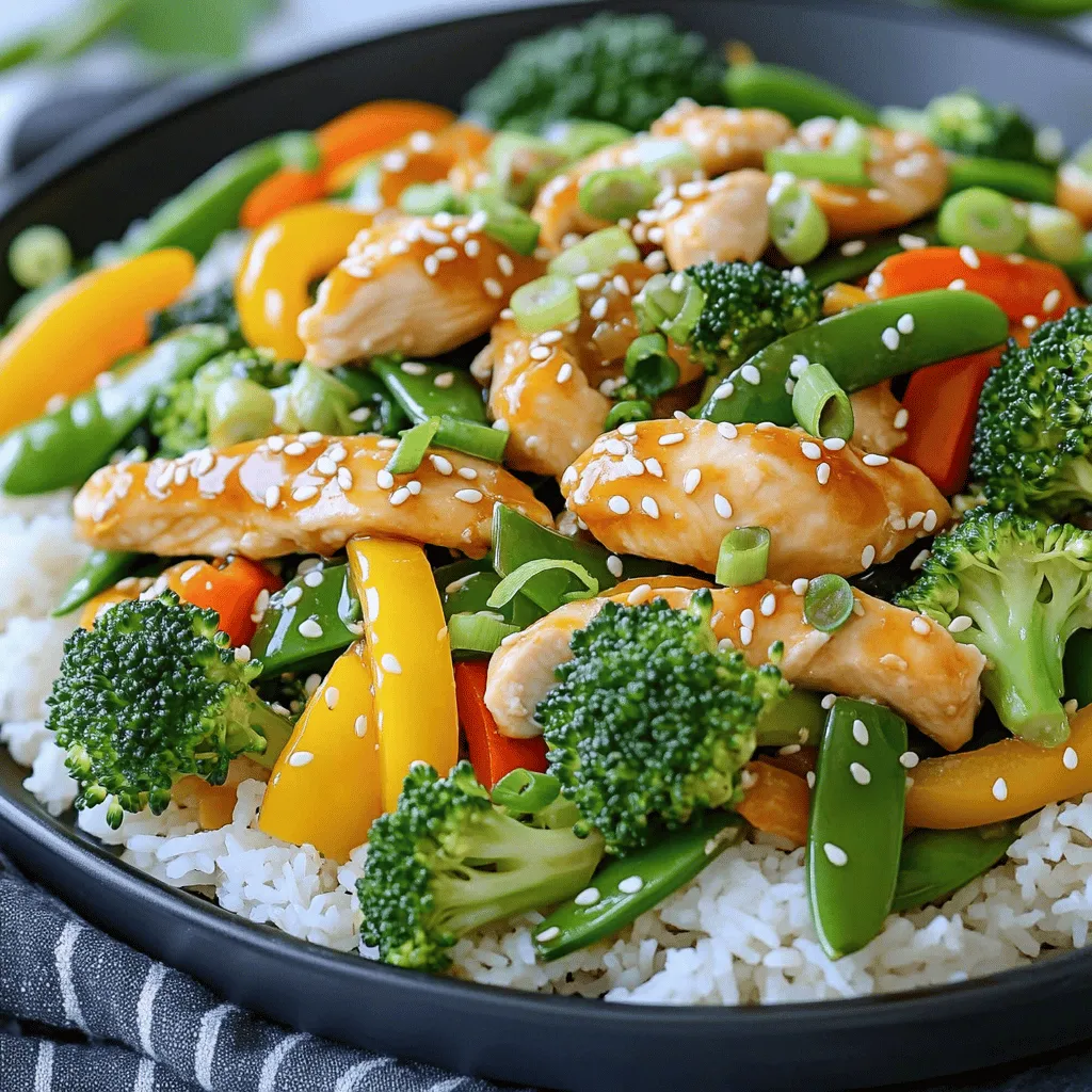 - 1 lb boneless, skinless chicken breasts - 2 cups mixed vegetables - 3 tablespoons low-sodium soy sauce - 1 tablespoon honey To make a great stir fry, we need fresh and simple ingredients. The chicken gives us protein and stays tender. Mixed vegetables add color and crunch. Soy sauce brings a salty taste, while honey adds a sweet touch. This balance makes each bite exciting. - Green onions - Sesame seeds Garnishes can elevate the dish. Green onions add a fresh, sharp taste. Sesame seeds give a nice crunch and look pretty. You can skip them, but they make the meal more fun. - Vegetable oil - Toasted sesame oil - Garlic and ginger Using the right oils is key. Vegetable oil works well for high heat. It helps cook the chicken quickly. Toasted sesame oil adds deep flavor at the end. Garlic and ginger bring warmth and spice. Together, they create a fragrant base for our stir fry. For the full recipe, check out the detailed instructions. Enjoy cooking this simple yet flavorful dish! To start, I whisk together the soy sauce, honey, garlic, and ginger in a small bowl. This combo makes a tasty sauce that brings flavor to the stir fry. Set it aside for now. Next, I heat 1 tablespoon of vegetable oil in a skillet. I let the oil get hot, then add the sliced chicken. I sauté it for 5 to 7 minutes until it turns golden brown and is fully cooked. I make sure there is no pink left. After that, I take the chicken out and place it on a plate. In the same skillet, I add another tablespoon of vegetable oil. I toss in the mixed vegetables next. I cook them for about 3 to 4 minutes until they are tender-crisp. They should stay bright and colorful. Now, I return the cooked chicken to the skillet with the veggies. I pour the prepared sauce over everything. I stir well to coat all the ingredients. I let it cook together for an extra 2 to 3 minutes to heat it through. Finally, I drizzle the toasted sesame oil over the stir fry. I toss everything gently to mix the flavors. Then, I serve the stir fry hot over rice or quinoa. A garnish of green onions and a sprinkle of sesame seeds adds a nice finish. Enjoy your meal! For the full recipe, refer to the earlier section. To make your stir fry burst with flavor, use fresh ingredients. Fresh chicken and vibrant veggies make a big difference. I love a mix of broccoli, bell peppers, and snap peas for color and taste. You can also try different oil blends. Vegetable oil works great, but adding toasted sesame oil gives a rich flavor. High heat is key for stir-frying. It cooks the food fast, keeping it tender and juicy. Heat your pan until it shimmers before adding chicken. Avoid overcrowding the pan. This lets the chicken brown nicely and prevents steaming. If you have a lot, cook in batches. Watch the cooking times closely. Chicken usually needs 5-7 minutes to cook through. Vegetables should stay crisp and bright, cooking for about 3-4 minutes. You want a perfect stir-fry consistency: tender but not mushy. Keep stirring to mix everything well. For more tips, check out the Full Recipe for Easy Chicken Stir Fry. {{image_4}} You can switch chicken for shrimp or tofu. Shrimp cooks fast and adds a nice taste. Just sauté it for about 3-4 minutes until it turns pink. Tofu is a great choice for a meat-free meal. Use firm tofu, cut into cubes. Sauté it for about 5-7 minutes until golden. This gives you more options for your stir fry. Feel free to play with seasonal vegetables. Try using zucchini, asparagus, or snow peas. Each season brings its own fresh flavors. You can also mix in some mushrooms or bok choy for a twist. Don’t be afraid to explore! Fresh veggies add color and crunch to your dish. You can change the sauce to fit your taste. Add sriracha for some heat if you like spice. Just a teaspoon can make a big difference. For a richer flavor, mix in peanut butter. It gives a creamy texture and pairs well with the soy sauce. You can always adjust the sauce to find your perfect balance. To keep your chicken stir fry fresh, store it in an airtight container. Place it in the fridge within two hours after cooking. This helps lock in flavor and keeps your dish safe to eat. It will last in the fridge for up to three days. When ready to eat, just check for any change in smell or color. When reheating, aim for gentle heat. The microwave works well, but use a low setting. Heat in short bursts, stirring often. This avoids overcooking the chicken. You can also use a skillet. Add a splash of water or broth to keep it moist. Heat on medium-low until hot, stirring regularly. If you want to save your stir fry for later, freezing is a great option. First, let it cool completely. Then, pack it in a freezer-safe bag or container. Remove as much air as possible before sealing. This helps prevent freezer burn. You can freeze it for up to three months. To reheat, thaw overnight in the fridge and then use the reheating tips above. For the full recipe, refer to the section on Easy Chicken Stir Fry. It takes about 10 minutes to prep and 15 minutes to cook. So, the total time is 25 minutes. You can have a tasty dinner ready quickly. This dish is perfect for busy nights. Yes, you can make chicken stir fry ahead. Cook it fully, then let it cool. Store it in an airtight container in the fridge for up to three days. To heat, use a skillet or microwave until hot. This way, you save time on busy days. You can serve chicken stir fry with many sides. Cooked rice or quinoa pairs well. You can also add a simple salad or steamed broccoli. These sides make the meal filling and tasty. Yes, you can make this recipe gluten-free. Use gluten-free soy sauce or tamari instead of regular soy sauce. This way, you can enjoy the dish without worries. Always check labels for gluten-free options when shopping. In this blog post, we covered how to make a tasty Easy Chicken Stir Fry. You learned about the key ingredients like chicken, vegetables, and sauce. I provided step-by-step instructions to make this dish simple. We also shared tips to enhance flavors and ideas for variations. This stir fry is quick to prepare and full of flavor. You can customize it to fit your taste. Enjoy making this dish, and remember to have fun in the kitchen!