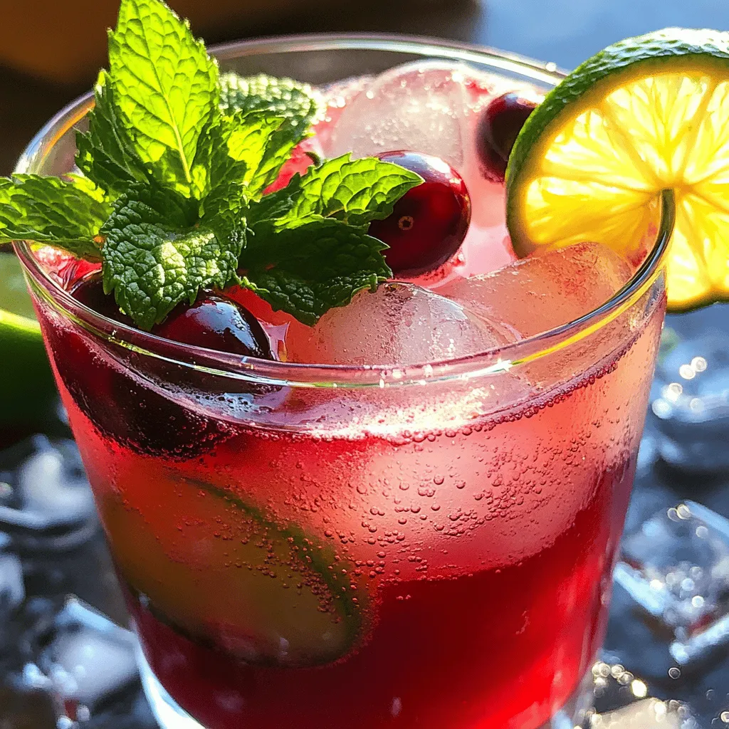 - 1 cup unsweetened cranberry juice - 1/2 cup sparkling water - 1/4 cup freshly squeezed lime juice - 2 tablespoons honey or agave syrup The main ingredients create a bright, fresh taste. The cranberry juice adds a bold flavor. The lime juice gives a zesty kick. The sparkling water brings in a refreshing fizz. Honey or agave syrup sweetens the mix without overpowering it. - Fresh mint leaves - Lime slices - Ice cubes Garnish ingredients make your drink look pretty. Fresh mint leaves add a burst of green. Lime slices not only look good but also enhance the lime flavor. Ice cubes keep the drink cold and refreshing. - Variations for sweetness - Alternative sparkling beverages You can adjust sweetness by using more or less honey. Agave syrup is a great substitute. If you want a different fizz, try flavored sparkling waters. These can add a fun twist to your spritzer. For the full recipe, check out the detailed instructions on making this delightful drink. Enjoy crafting your own refreshing cranberry lime spritzer! To make your cranberry lime spritzer, start by mixing the juices. In a large pitcher, combine 1 cup of unsweetened cranberry juice and 1/4 cup of freshly squeezed lime juice. Add 2 tablespoons of honey or agave syrup to sweeten. Use a whisk or spoon to stir the mixture until the sweetener dissolves completely. This step ensures your drink has balanced flavors. Next, it's time to add some fizz! Carefully pour in 1/2 cup of sparkling water into the pitcher. Gently mix the drink to keep the bubbles lively. This step is crucial; if you stir too hard, you might lose all that delightful effervescence! Now, let’s get ready to serve. Take your serving glasses and fill each with ice cubes. This keeps your drink cold and refreshing. Pour the cranberry-lime mixture over the ice, filling each glass about three-quarters full. Finally, for a beautiful touch, garnish each drink with fresh mint leaves and a slice of lime. Serve immediately to enjoy the refreshing taste of your cranberry lime spritzer! For the full recipe, check the earlier section. You can easily change how sweet your Cranberry Lime Spritzer is. Start with the two tablespoons of honey or agave syrup. Taste the drink after mixing. If you want it sweeter, add a bit more. You can also use maple syrup or stevia. Each option gives a different taste. Just adjust slowly until it feels right. Garnishes make your drink look special. Use fresh mint leaves for a pop of green. Lime slices add a nice touch, too. You can even add berries for color. In summer, use edible flowers for a fun look. For winter, try sprigs of rosemary. These choices keep your drink fresh and exciting. If you’re hosting, make the spritzer a day before. Mix the cranberry juice, lime juice, and sweetener. Store this blend in the fridge. Add sparkling water just before serving. This keeps the drink bubbly. You can store leftovers in a pitcher, but drink them within two days. Enjoy the fresh taste without the wait! {{image_4}} You can change the taste of your Cranberry Lime Spritzer easily. Adding other fruit juices makes it fun. Try orange juice for a zesty kick. Pomegranate juice brings a sweet and tangy flavor. You can mix and match until you find your favorite blend. Herbs also add a fresh twist. Basil gives a sweet and savory taste. Rosemary offers a woodsy note that surprises the palate. Just add a few leaves to your drink for a boost of flavor. Want to make your spritzer a cocktail? It’s simple! You can add vodka or gin for a fun twist. Both spirits blend well with the tartness of cranberry and lime. For a festive touch, try adding champagne. It pops with bubbles and flavor. Mixing in a splash of rum can also create a tropical vibe. This way, your spritzer becomes a refreshing summer cocktail. You can enjoy this drink without alcohol too. Simply skip the spirits and keep the rest. This makes the drink perfect for all ages. Kids and non-drinkers will love it! For a twist, think about creative mixers. Coconut water adds a tropical flavor. Lemonade can sweeten it up nicely. You can even use flavored sparkling water for a fun change. Just remember to keep it bubbly and refreshing! For the full recipe, check out the Cranberry Lime Spritzer section. After you make your Cranberry Lime Spritzer, you might have some left over. You can keep it in the refrigerator for up to two days. Store it in a sealed pitcher or container. This helps it stay fresh. If you want to keep the fizz, pour the spritzer into a container with a tight lid. Avoid using a wide-open container, as this will let the bubbles escape. If you want to save your cranberry-lime mixture for later, you can freeze it. Pour the mixture into ice cube trays. Once frozen, pop the cubes into a freezer bag. This way, you can have a refreshing treat anytime. Just remember to use it within three months for the best taste. Always label the bags with the date. This helps you keep track of how long they’ve been stored. If you have leftover ingredients, don’t toss them! You can use extra cranberry juice in smoothies or baking. The lime juice adds zest to marinades and dressings. You can even muddle mint leaves into a refreshing tea. These ideas help you enjoy all your ingredients in fun new ways. You can change the sweetness by using different sweeteners. Honey or agave syrup are great choices. If you want less sugar, use stevia or a sugar substitute. Start with a small amount and taste as you go. This way, you can find the perfect balance for your drink. Yes, you can easily make this drink in larger amounts. Just multiply the ingredients by the number of servings you need. Mix everything in a large pitcher. When serving a crowd, make sure to keep the sparkling water separate until just before serving. This keeps the fizz nice and bubbly. This spritzer is perfect for many occasions. Serve it at summer parties, picnics, or barbecues. It also works well for holiday celebrations like Thanksgiving or Christmas. The bright flavors make it feel special and refreshing. Everyone will enjoy this drink at any festive gathering. This blog post covered how to make a refreshing Cranberry Lime Spritzer. You learned about key ingredients, step-by-step preparation, and tips for sweetening. We explored various flavor options and ways to serve this drink for any occasion. In closing, this spritzer is easy to customize. Whether you keep it non-alcoholic or add a kick, it will always impress. Enjoy your delicious drink at gatherings or quiet moments at home. Your taste buds will thank you!