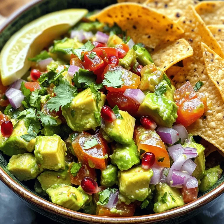 - 2 ripe avocados, diced - 1 medium red onion, finely chopped - 1 small ripe tomato, diced - 1 green chili, finely chopped - 1/4 cup fresh cilantro, finely chopped - 1 teaspoon chaat masala - 2 tablespoons tamarind chutney - 2 tablespoons fresh lemon juice - 1/4 cup pomegranate seeds Avocado Chaat is so simple and fun to make! You start with the main ingredients. Ripe avocados give a creamy base. The red onion adds a bit of crunch. The tomato brings freshness. These three ingredients make a tasty mix. Next, you can spice it up with flavor boosters. A green chili adds heat, but you can adjust it for your taste. Fresh cilantro gives a nice herb flavor. Chaat masala adds a unique twist. It is a spice mix you can find in Indian stores. Then comes the tangy elements. Tamarind chutney adds sweetness and tang. Fresh lemon juice brightens the dish. Finally, you can garnish with pomegranate seeds. They add a pop of color and sweetness. This combination makes Avocado Chaat a zesty and flavorful party dish! For the full recipe, check out Zesty Avocado Chaat. - Combine avocados, red onion, tomato, and chili in a bowl. - Add cilantro, chaat masala, and roasted cumin powder. In a large mixing bowl, start by adding the diced avocados. Make sure they are ripe for the best flavor. Next, chop the red onion finely and add it to the bowl. Then, dice the tomato and finely chop the green chili. Mix these ingredients together. Now, add the fresh cilantro, chaat masala, and roasted cumin powder. These spices bring out great flavors. - Gently fold in the tamarind chutney and lemon juice. - Adjust salt to taste. Next, carefully fold in the tamarind chutney and fresh lemon juice. Use a spatula to avoid mashing the avocados too much. You want them to keep their creamy texture. Once everything is combined, taste the mix. Add salt to suit your taste. This step is key to balancing the flavors. - Transfer to a decorative dish or individual bowls. - Garnish with pomegranate seeds and serve with tortilla chips or papdi. After mixing, transfer the chaat to a decorative dish. You can also use individual bowls for a personal touch. For a beautiful finish, sprinkle pomegranate seeds on top. This adds color and a sweet crunch. Serve your Avocado Chaat with crispy tortilla chips or papdi. This makes it easy for your guests to enjoy. Check out the Full Recipe for more detailed steps! To make great avocado chaat, you need ripe avocados. Look for ones that feel firm but slightly soft when you press them. This means they are ready to eat and will taste best. A good avocado has a smooth skin and a vibrant green color inside. Avoid ones with dark spots or hard areas. Do you like it spicy? You can change the heat level in your chaat. Add more or less green chili based on your taste. If you want a milder dish, use just a little chili. If you love spice, feel free to add more. Remember, every bite should bring you joy! How you serve your avocado chaat can make a big difference. Use a colorful dish to make it pop. You can also serve it in small bowls for a fun touch. To make it even prettier, sprinkle pomegranate seeds on top. They add a nice crunch and a burst of color. You can also add fresh herbs for a finishing touch. Enjoy your zesty creation! {{image_4}} You can easily add proteins to your Avocado Chaat. Chickpeas are a great choice. They add texture and make the dish heartier. Just rinse and drain canned chickpeas before mixing them in. Black beans work well too. They offer a nice flavor and protein boost. Try adding about 1/2 cup of either bean to the mix. This simple step makes your chaat more filling and nutritious. To keep your Avocado Chaat vegan or vegetarian, look for substitutes for the chutneys. You can use a homemade date chutney instead of tamarind chutney. This adds sweetness and flavor without animal products. For toppings, consider using vegan yogurt. It gives a creamy touch and balances the spices. Always check the labels of store-bought items to ensure they meet your needs. Bringing in flavors from other cuisines can elevate your Avocado Chaat. For a Mediterranean twist, add diced cucumbers and olives. These ingredients add crunch and a briny taste. You could also sprinkle feta cheese on top for a creamy finish. Another idea is to use tahini as a drizzle. It adds a nutty flavor that pairs well with the avocado. Get creative and mix flavors from different cultures to make this dish your own. For the full recipe, check out the details above. To store leftover Avocado Chaat, place it in an airtight container. This keeps it fresh. Chill the container in the fridge. Use the chaat within one day for the best taste. The longer it sits, the softer the avocados will get. To prevent browning, sprinkle lemon juice on the avocado pieces. This slows oxidation. You can also cover the dish tightly with plastic wrap. Ensure no air pockets are present. If you plan to eat later, store the chaat without the avocado. Add it just before serving. Freezing Avocado Chaat is not recommended. The texture of avocados changes when frozen. They become mushy when thawed. Instead, prepare the chaat fresh. You can freeze individual ingredients, like the chutney or spices, separately. Combine them when you're ready to enjoy this zesty dish. To add spice, adjust the green chili amount. Start with a small amount. If you want more heat, add extra. You can also include red chili powder or cayenne. Mix them in with the other spices. Taste as you go. This way, you can control the heat level to fit your taste. You can prepare some parts ahead. Chop the veggies and make the dressing. Store them separately in the fridge. Mix everything just before serving. This keeps the avocados fresh and bright. If you mix too early, they might brown and lose flavor. Avocado Chaat pairs well with crispy tortilla chips or papdi. You can also serve it with a cool drink, like mango lassi or lemonade. Try adding a side salad for extra crunch. This will make your meal colorful and fun. Avocado Chaat is a simple, fresh dish packed with flavors. You learned how to mix ripe avocados with onions, tomatoes, and spices. We also covered tips for adjusting spice and making it look great. By adding proteins or international flavors, you can make it your own. Don’t forget to store leftovers properly. Try this dish at your next gathering. It will impress your guests. Enjoy Avocado Chaat now, and let the flavors amaze you!