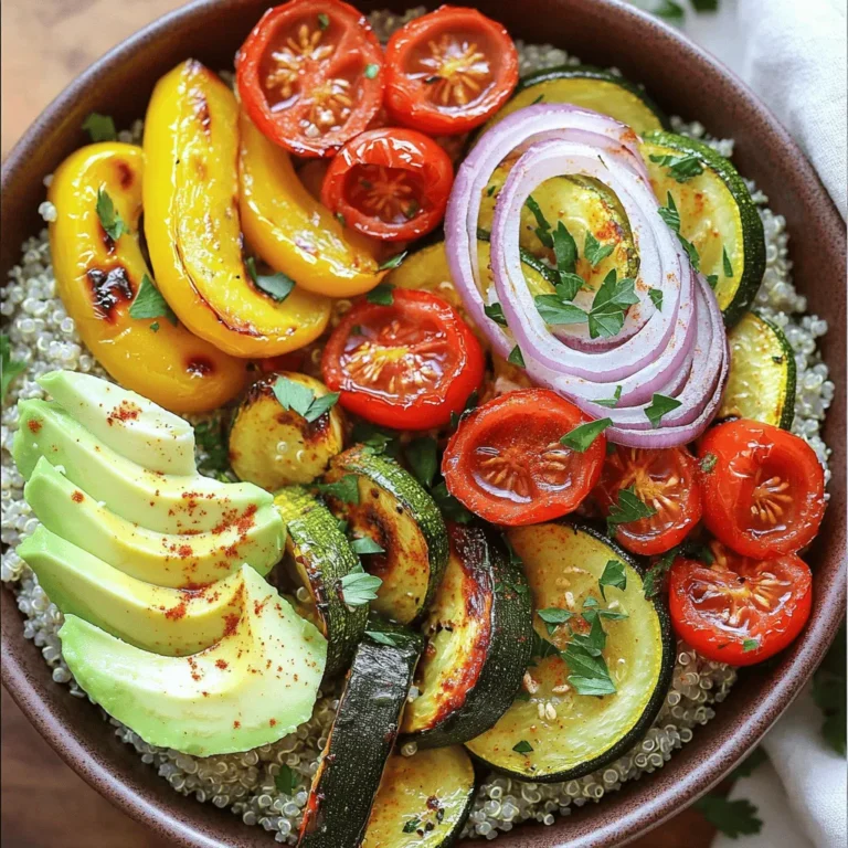 - 1 cup quinoa, thoroughly rinsed to remove bitterness - 2 cups vegetable broth or water for cooking quinoa - 1 medium zucchini, diced into bite-sized pieces - 1 red bell pepper, diced into small cubes - 1 yellow squash, diced similarly to the zucchini - 1 cup cherry tomatoes, halved for a burst of flavor - 1 red onion, sliced thinly for sweetness - 3 tablespoons olive oil, for roasting and flavor - 1 teaspoon garlic powder, for a savory kick - 1 teaspoon smoked paprika, to add depth of flavor - Salt and freshly cracked black pepper, to taste - 1 ripe avocado, sliced for creaminess - Fresh parsley or cilantro, finely chopped for garnish - Optional: Feta cheese crumbles or tahini sauce for drizzling, to enhance taste Quinoa stands out as a whole grain. It is high in protein and fiber. It also contains vitamins and minerals. This makes it a great base for our bowl. The colorful veggies not only taste great but also pack nutrients. Zucchini is low in calories and rich in water. Red bell peppers add vitamin C and antioxidants. Avocado provides healthy fats. It boosts the dish's creaminess and flavor. Olive oil is heart-friendly. It adds flavor and helps the veggies roast well. Garlic powder and smoked paprika bring warmth and depth to the dish. This mix of flavors makes each bite exciting. If you have a gluten allergy, quinoa is a perfect choice. It is gluten-free and safe to eat. For those who cannot eat certain vegetables, feel free to swap them out. Use your favorites or what you have on hand. Instead of olive oil, you can use avocado oil or coconut oil. If you are vegan, skip the feta and tahini can be used for creaminess. Just make sure to check labels for any hidden allergens. Explore the Full Recipe for more details on making this tasty dish! First, set your oven to 400°F (200°C). This heat will help the veggies roast perfectly. Preheating ensures they cook evenly and get that nice caramelized flavor. Next, take 1 cup of rinsed quinoa and put it in a medium pot. Add 2 cups of vegetable broth or water. Bring it to a boil, then reduce the heat to low. Cover the pot and let it simmer for about 15 minutes. Once the quinoa absorbs all the liquid, remove it from heat and let it sit for 5 minutes. Fluff it with a fork before using. Now, grab a large bowl. Add diced zucchini, red bell pepper, yellow squash, halved cherry tomatoes, and thinly sliced red onion. Drizzle 3 tablespoons of olive oil over the mix. Then sprinkle 1 teaspoon each of garlic powder and smoked paprika. Season with salt and black pepper. Toss gently until all veggies are coated. Spread the veggies on a baking sheet lined with parchment paper. Roast them in the preheated oven for 20-25 minutes. Stir halfway through for even cooking. The veggies should be tender and slightly caramelized when done. In a serving bowl, start with a layer of fluffy quinoa. Then, add the roasted vegetables on top. Arrange the sliced avocado for creaminess and extra flavor. To finish, sprinkle some fresh parsley or cilantro over the bowl. This adds color and a fresh taste. If you like, drizzle with feta cheese or tahini sauce for that extra boost of flavor. For the complete recipe, check the Full Recipe section. To achieve fluffy quinoa, rinse it well. This removes the bitter coating. Use a ratio of 1 cup quinoa to 2 cups broth or water. Bring it to a boil, then reduce the heat. Cover and let it simmer for about 15 minutes. After cooking, let it sit covered for 5 more minutes. Fluff it with a fork to separate the grains. This gives you the perfect base for your bowl. Roasting brings out the best flavors in vegetables. Preheat your oven to 400°F (200°C). Spread the veggies in a single layer on a baking sheet. This helps them cook evenly. Toss them with olive oil, garlic powder, and smoked paprika for added depth. Stir halfway through roasting. This ensures all sides get that nice caramelization. Aim for about 20-25 minutes of roasting time. How you serve the Roasted Vegetable Quinoa Bowl matters. Use clear bowls to show off the colors. Start with a layer of quinoa, then add the roasted veggies. Top it with sliced avocado for creaminess. Finish with a sprinkle of parsley or cilantro. For extra flair, drizzle with feta cheese or tahini sauce. Serve with lemon wedges for a zesty touch. This not only looks great but also makes it more inviting. {{image_4}} You can boost your bowl with protein. Chickpeas are a great choice. They add a nice texture and taste. Just rinse and drain a can of chickpeas before adding them to your bowl. If you prefer meat, grilled chicken works well too. Slice the chicken thinly and lay it over your veggies. Both options make your meal more filling. Feel free to switch up the veggies. Broccoli, carrots, or sweet potatoes can work well. You can also use asparagus or eggplant for a twist. The key is to choose what you enjoy. Just make sure to cut them into bite-sized pieces. This way, they roast evenly and are easy to eat. Dressing can change the whole dish. Tahini adds a creamy, nutty flavor. Simply drizzle a little over your bowl before serving. Balsamic vinegar offers a sweet, tangy taste. Just sprinkle it on top for some brightness. Both dressings can enhance the flavors of your roasted veggies and quinoa. For the full recipe, check out the instructions earlier in this article. Store any leftover roasted vegetable quinoa bowl in an airtight container. Keep it in the fridge for up to three days. I find it helpful to separate the quinoa from the vegetables to maintain texture. To reheat, you can use the microwave or the stove. If using a microwave, place a serving on a plate and cover it. Heat it for about one to two minutes. For the stove, add a splash of water to a pan and warm it over low heat. Stir often until heated through. You can freeze this dish for up to three months. Place the quinoa and vegetables in freezer-safe bags. Remove as much air as possible before sealing. When ready to eat, thaw overnight in the fridge and reheat. This is a great way to have a quick meal ready! If you want to know more, check the Full Recipe. Yes, you can easily make this recipe vegan. Just skip the feta cheese or use a plant-based version. The tahini sauce is a great option for creaminess without dairy. Quinoa is a superfood packed with protein and fiber. It has all nine essential amino acids. This makes quinoa a complete protein. It also has vitamins and minerals like magnesium and iron. Eating quinoa can support digestion and keep you full longer. You can change the flavors by adding different spices. Try cumin or chili powder for a kick. Fresh herbs like thyme or rosemary can add nice depth. You could also use balsamic vinegar for a sweet taste. A fresh salad pairs well with this bowl. You could also serve grilled chicken or fish on the side. For a light option, try a citrus fruit salad. You can find the full recipe for the Roasted Vegetable Quinoa Bowl in the article above. This blog post covers how to create a Roasted Vegetable Quinoa Bowl. We explored key ingredients and their benefits while discussing tasty substitutions. The step-by-step guide helps you prepare everything from quinoa to garnishing the dish. Tips for texture, flavor, and presentation enhance your experience. Variations allow protein and vegetables to suit your taste. Proper storage and reheating methods keep leftovers fresh. You can enjoy a nutritious, easy meal that satisfies your cravings. Dive in and start cooking today!