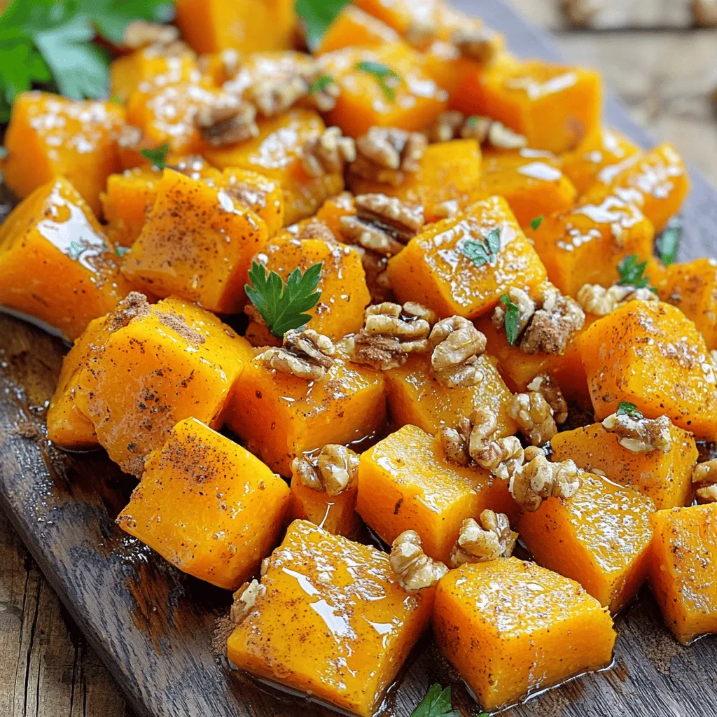 - Butternut squash - Olive oil - Ground cinnamon - Freshly grated nutmeg - Pure maple syrup - Salt and black pepper - Optional ingredients: walnuts, parsley To make this easy roasted butternut squash, you need a few simple ingredients. The main star is butternut squash. Choose one medium squash for this recipe. It should feel heavy for its size and have smooth skin. Next, grab extra virgin olive oil. This oil adds richness and helps the squash roast nicely. Ground cinnamon is a must for that warm, sweet flavor. Freshly grated nutmeg brings a lovely, earthy taste. Pure maple syrup adds just the right touch of sweetness to balance the spices. Don’t forget salt and black pepper. These will enhance all the flavors. If you want to add some crunch, consider walnuts. They give a nice texture. And for a fresh kick, add parsley as a garnish. This ingredient list is simple but powerful. Each item plays a role in creating a tasty dish. Remember to check out the Full Recipe for detailed steps on how to bring these ingredients together. 1. Preheat the oven: Start by preheating your oven to 400°F (200°C). This will help the squash cook evenly. 2. Peel and cut the butternut squash: Use a sharp peeler to remove the skin. Cut the squash in half and scoop out the seeds. Then, slice it into 1-inch cubes. This size helps it cook well. 3. Toss with seasonings: In a large bowl, combine the cubes with olive oil, ground cinnamon, nutmeg, maple syrup, salt, and pepper. Mix until each piece is coated. The flavors will mix well during roasting. 4. Prepare the baking sheet: Line a baking sheet with parchment paper. This makes cleanup easy. Spread the seasoned squash cubes in a single layer. 1. Arrange squash on the baking sheet: Place the cubes evenly on the sheet. This helps them roast without steaming. 2. Roast in the oven: Slide the baking sheet into the oven. Roast the squash for about 25-30 minutes. It should turn tender and caramelize nicely. 3. Stir halfway through cooking: At the halfway mark, stir the squash. This ensures even browning and great texture. 1. Toast walnuts (if using): If you want crunchy walnuts, sprinkle them on the squash during the last 5 minutes of roasting. This will give them a nice, toasted flavor. 2. Garnish with parsley: After taking it out of the oven, let the squash cool for a few minutes. Just before serving, sprinkle fresh parsley on top for color. You can find the Full Recipe to guide you as you make this tasty dish! To get the best flavor, season your butternut squash well. Use the right amount of salt and spices. Start with the recipe’s suggested amounts, and feel free to adjust based on your taste. Cut your squash into uniform cubes. This helps it cook evenly. Aim for 1-inch pieces. If some cubes are larger, they may take longer to roast. Roasted butternut squash pairs well with many proteins. Try it with grilled chicken or baked salmon. You can also add it to a grain bowl for a hearty meal. A side salad makes a great addition. Use fresh greens, nuts, and a light dressing. This adds crunch and freshness to your meal. For a stunning presentation, use a wide serving platter. Spread the roasted squash out to show off its golden color. Consider using rustic bowls or wooden boards for a cozy feel. These choices enhance the dish’s warm and inviting look. {{image_4}} To make your roasted butternut squash more exciting, try adding spices. Cayenne pepper gives a nice kick. Paprika adds a warm, smoky flavor. You can also drizzle balsamic glaze on top. This adds a sweet and tangy twist that pairs well with the squash's natural sweetness. Want to pack in more nutrients? You can mix other vegetables with your squash. Carrots and bell peppers roast well together. They add color and flavor. You can also add protein options like chickpeas or cooked quinoa. This makes the dish more filling and balanced. If you follow a vegan diet, this recipe is already perfect for you. It's gluten-free too. For those watching carbs, try using less maple syrup or skip it entirely. You can also replace the squash with cauliflower for a low-carb option. To store leftovers, let the butternut squash cool down first. Place it in an airtight container. Keep it in the fridge for up to five days. When reheating, use an oven to keep the squash crispy. You can also microwave it, but it may get a bit soggy. For freezing, let the cooked squash cool completely. Spread it in a single layer on a baking sheet. Freeze for about an hour. After that, transfer the pieces to a freezer bag. This method helps prevent them from sticking together. When you want to use it, thaw overnight in the fridge. Reheat it in the oven or on the stove for best taste. Roasted butternut squash stays fresh for about five days in the fridge. If frozen, it can last for three months. Check for signs of spoilage, like a bad smell or slimy texture. If you notice any of these, it's best to toss it out. Always trust your senses when it comes to food safety. To cut butternut squash, start with a sharp knife. First, cut off both ends of the squash. Stand it upright and slice it in half lengthwise. This removes the seeds easily. Scoop them out with a spoon. Next, peel the skin using a vegetable peeler. Finally, cut the squash into 1-inch cubes. Uniform cubes ensure even cooking. Yes, you can use frozen butternut squash. It saves time and effort. Just toss the frozen pieces directly into the mixing bowl with the seasonings. You may need to adjust the cooking time. Frozen squash might take a bit longer to roast than fresh squash. Keep an eye on it for the best results. You can tell when the squash is done by its color and texture. It should be golden brown and tender when pierced with a fork. If it’s soft and caramelized, it’s ready to enjoy. Stir the squash halfway through roasting for even cooking. Butternut squash is packed with vitamins and minerals. It is high in vitamin A, which supports eye health. It also contains fiber, which aids digestion. Plus, it has antioxidants that help protect your body. This makes butternut squash a healthy choice for any meal. Roasted butternut squash pairs well with many dishes. You can serve it with roasted chicken or pork for a savory meal. It also works great in salads, adding a sweet touch. For a vegetarian option, try it with quinoa or lentils. The flavors are versatile and delicious, enhancing any dish. Roasting butternut squash is simple and rewarding. We covered key ingredients, preparation steps, and cooking tips. Achieving tasty, roasted squash is easy with proper seasoning and even cuts. You can also explore variations to fit your taste or diet. Store leftovers correctly for future meals. Enjoy your delicious dish with sides or protein. Now, it’s time to create a delightful meal that impresses everyone!