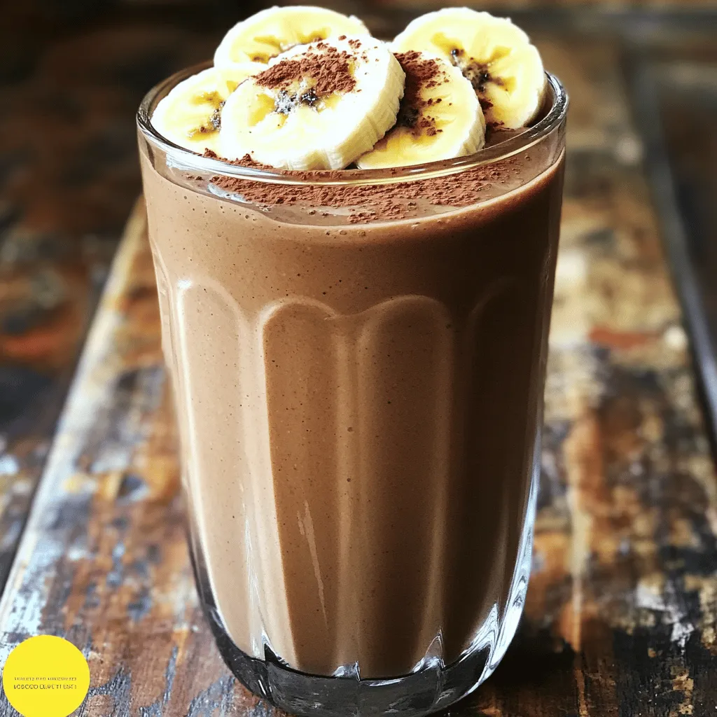 To make a tasty Chocolate Peanut Butter Smoothie, you need a few key ingredients: - 1 ripe banana, peeled and frozen - 2 tablespoons creamy peanut butter (natural preferred) - 1 tablespoon unsweetened cocoa powder - 1 cup almond milk (or your preferred milk) - 1 tablespoon honey or maple syrup (taste and adjust for your sweetness preference) - 1 tablespoon chia seeds (optional, for a nutritional boost) - 1/2 teaspoon pure vanilla extract - Ice cubes (optional, for a thicker and colder smoothie) These ingredients come together to create a rich and creamy smoothie that is perfect for breakfast or a snack. Each serving of this smoothie offers a blend of nutrients. You get healthy fats from peanut butter, fiber from bananas, and antioxidants from cocoa. Here’s a quick breakdown: - Calories: About 300 - Protein: 8 grams - Fat: 12 grams - Carbohydrates: 45 grams - Fiber: 7 grams This smoothie supports energy and helps you feel full. It’s a great choice for anyone looking to eat well. Ripe bananas are best for this smoothie. They add natural sweetness and creaminess. A ripe banana is softer, making it easy to blend. Using ripe bananas also means you get more flavor. They have higher sugar content, which enhances the taste of your smoothie. Plus, they are packed with potassium, which is good for your heart and muscles. For the full recipe, check out Full Recipe. Start by gathering all your ingredients. Use a good blender for the best results. Make sure your banana is frozen. A ripe banana adds natural sweetness. Next, measure out the peanut butter and cocoa powder. Have your almond milk ready. If you want a thicker smoothie, add some ice cubes. Place all the ingredients into the blender. This includes the frozen banana, peanut butter, cocoa powder, almond milk, honey or maple syrup, chia seeds, and vanilla extract. Secure the blender lid tightly. Blend everything on high speed. Watch as the ingredients mix into a smooth and creamy texture. If it's too thick, add a bit more almond milk. For a thicker smoothie, blend in those ice cubes. Taste your smoothie after blending. If you want it sweeter, add more honey or syrup. Blend briefly to mix it in. Carefully pour your smoothie into a tall glass or bowl. For a fun presentation, add sliced bananas on top. You can also sprinkle some granola or cocoa powder. If you serve it in a bowl, arrange colorful toppings like berries or shredded coconut. Enjoy your Choco-Peanut Bliss Smoothie right away for the best flavor! To make your smoothie super creamy, start with a frozen banana. It adds thickness and a nice chill. Use creamy peanut butter for a smooth texture. Blend on high until there are no lumps. If you want it thicker, add some ice cubes. Blend again until it reaches your desired consistency. You can adjust the sweetness to fit your taste. Start with one tablespoon of honey or maple syrup. Blend and taste. If you want it sweeter, add a touch more. Just remember, you can always add more, but you can't take it out! Cleaning your blender can be quick and easy. Rinse it right after use to avoid sticky spots. Fill it with warm water and a drop of dish soap. Blend for a few seconds, then rinse again. It will be clean and ready for your next smoothie adventure! For the full recipe, check out the Choco-Peanut Bliss Smoothie. {{image_4}} You can boost your smoothie with protein powder. This adds nutrition and keeps you full. I suggest using whey or plant-based protein powders. Both options blend well. Look for flavors like chocolate or vanilla to match the smoothie. Start with one scoop and adjust to your taste. It’s an easy way to make your smoothie more filling, perfect for breakfast or a snack. If you want a dairy-free or vegan smoothie, you have options. Use almond milk, coconut milk, or oat milk as your base. These milks add creaminess without dairy. For sweetness, try maple syrup instead of honey. This keeps the smoothie completely vegan. You can also swap out the peanut butter for almond or sunflower seed butter if you have allergies. Each choice adds a unique flavor. Get creative with your smoothie by adding fun flavors. Try throwing in a handful of spinach or kale for extra nutrients. You won’t taste them, but your smoothie will be healthier. You can also mix in some berries for a burst of color and flavor. A pinch of cinnamon or nutmeg adds warmth. For a tropical twist, add a bit of pineapple or coconut. Each add-in can change the taste and keep your smoothie exciting. For the full recipe of this yummy drink, check out the Choco-Peanut Bliss Smoothie! Yes, you can store leftover smoothie. However, it tastes best fresh. If you have extra, pour it into a container and put it in the fridge. Drink it within 24 hours for the best taste. After that, it may separate or lose flavor. A quick shake or stir can help mix it back together. When storing your smoothie, use a tight-sealing container. Glass jars work well. They keep the taste and are easy to clean. If you prefer plastic, choose BPA-free containers. Make sure they have a secure lid to prevent spills. Freezing ingredients is a smart way to prepare for future smoothies. You can freeze ripe bananas, peanut butter, or even almond milk in ice cube trays. Just blend these cubes with other ingredients later. This makes it easy to whip up your Choco-Peanut Bliss Smoothie anytime. You can use several options. Soy milk, oat milk, or coconut milk work well. You can also use regular dairy milk if you prefer. Each type adds a unique flavor. Experiment to find your favorite. Yes, it is! This smoothie has protein, fiber, and healthy fats. The banana adds natural sweetness and potassium. Chia seeds provide extra nutrients. This drink can be a nutritious snack or breakfast option. You can prepare the smoothie ahead of time. Just blend and store it in the fridge. It stays fresh for up to 24 hours. Stir well before drinking, as it may separate. For the best taste and texture, enjoy it soon after blending. Add rolled oats or a scoop of protein powder. These ingredients add more fiber and protein. They help keep you full longer. Just mix them in during blending for a smooth texture. Yes, you can use agave syrup, stevia, or coconut sugar. Each sweetener has a unique taste. Adjust the amount based on your preference. Start with a small amount and add more if needed. You can add sliced bananas, granola, or chopped nuts. These toppings add flavor and texture. You could also try berries or shredded coconut. Be creative and make it look delicious! Absolutely! Kids love the chocolate and peanut butter flavors. It’s a fun way to sneak in some nutrition. You can involve them in the making process. This can make them more excited to try it. Sure! Simply skip the cocoa powder. You can still enjoy a tasty peanut butter banana smoothie. It will be creamy and satisfying, even without chocolate. A chocolate peanut butter smoothie is easy and fun to make. You learned about the key ingredients, like ripe bananas and almond milk, that make it tasty and healthy. We covered the best steps for blending and serving, plus tips to customize your smoothie. You can add protein or make it vegan. Storing or freezing leftovers is simple too. Remember, this smoothie not only satisfies your cravings but also fuels your body. Enjoy your new recipe!