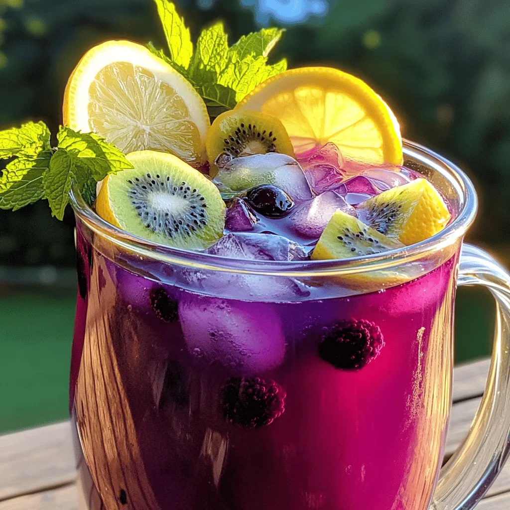 Here is what you need to make Blueberry Kiwi Lemonade. I love the bright flavors of this drink. - 1 cup fresh blueberries - 2 ripe kiwis, peeled and chopped - 1 cup freshly squeezed lemon juice - 1 cup granulated sugar - 4 cups of water - 1/2 teaspoon vanilla extract (optional) - Ice cubes - Fresh lemon slices and mint for garnishing These ingredients come together to create a refreshing drink. The blueberries add sweetness, while the kiwis and lemons give it a tart kick. You can adjust the sugar based on your taste. If you want a bit more flavor, you can add vanilla extract. This drink is perfect for hot summer days. - Step 1: Blend blueberries and kiwis Start by adding the fresh blueberries and chopped kiwis into a blender. Pour in 1 cup of water to help blend the fruit well. Blend on high until the mix is smooth and creamy. - Step 2: Strain the mixture Next, take a fine mesh sieve and place it over a large pitcher. Carefully pour the blended mixture into the sieve. Use a spoon to press down on the solids. This will help extract all the juice. Discard the leftover pulp. - Step 3: Combine juices and sugar Now, add the freshly squeezed lemon juice to the strained juice in your pitcher. Add the granulated sugar next. Stir well until the sugar is fully dissolved. This step ensures a balanced sweet and tart flavor. - Step 4: Add remaining water and vanilla Pour in the last 3 cups of water into the pitcher. If you like, you can add the vanilla extract for a hint of extra flavor. Stir gently until everything is mixed well. - Step 5: Taste and adjust flavors Take a moment to taste your lemonade. Decide if you want it sweeter or more tart. If needed, add more sugar or a splash of lemon juice to get your desired taste. - Step 6: Chill and serve Cover the pitcher and place it in the fridge for at least 30 minutes. This helps the flavors blend nicely. When ready, fill each glass with ice cubes and pour the blueberry kiwi lemonade over the ice. For a pretty touch, garnish with lemon slices and mint. For the complete details, check the Full Recipe. To get the best taste, balance sweetness and tartness. Start with the right amount of sugar. If you find your drink too sweet, add more lemon juice. If it's too sour, add a bit more sugar. Always taste as you go. This helps you find that perfect blend. When blending fruit, make sure to use fresh ingredients. Fresh blueberries and kiwis add bright flavors. Use a good blender to mix them until smooth. This ensures you get all the juice out. If your blender struggles, add a little water to help it along. Garnishing makes your drink look great. Add lemon slices and mint to each glass. This not only looks nice but also adds extra flavor. You can also try adding a few blueberries on top for color. For glassware, choose tall glasses. They show off the beautiful color of the drink. You can also use mason jars for a fun, rustic feel. Make sure to serve it over ice for the best experience. Enjoy your refreshing blueberry kiwi lemonade! {{image_4}} You can switch up the flavor of your blueberry kiwi lemonade. If you want to try something new, you can use other fruits. Raspberries and strawberries work great. They add a fun twist and keep the drink vibrant. Just blend them like you did with the blueberries and kiwis. You can also experiment with different citrus fruits. Oranges and limes can change the taste. They can add a zesty kick. Just make sure to adjust the sweetness to balance the flavors. This way, your drink stays refreshing and delicious. If you want a healthier drink, consider using natural sweeteners. Honey or agave syrup can replace sugar. They offer a sweet taste but with a healthier profile. You might need to adjust the amount to get the right sweetness. Another fun option is to use sparkling water instead of regular water. This makes your blueberry kiwi lemonade fizzy and even more refreshing. It’s perfect for hot summer days. Just mix the sparkling water in after you blend the fruits and juices. This simple change can give your drink a fun twist. For the complete recipe, check out the Full Recipe section. To keep your blueberry kiwi lemonade fresh, store it in a pitcher. Use a tightly fitting lid or plastic wrap. This method helps keep out any odors from the fridge. You can chill it for up to five days. If you notice any separation, just stir it before serving. You can freeze this lemonade for later use. Pour it into ice cube trays or freezer-safe containers. Leave some space at the top, as liquids expand when frozen. To thaw, move the lemonade to the fridge overnight. You can also run warm water over the container to speed things up. Once thawed, give it a quick stir before serving. Enjoy your refreshing drink again on a hot day! Yes, you can use frozen fruit. Frozen blueberries and kiwis work well. They blend easily and give a nice chill to your drink. Just remember to let them sit out for a few minutes to soften. This makes blending smoother. Absolutely! You can use natural sweeteners like stevia or monk fruit. These options keep the drink sweet without added sugar. Adjust the amount based on your taste. You can also try ripe bananas for sweetness. The blueberry kiwi lemonade lasts about four to five days in the fridge. Keep it in a sealed pitcher to maintain freshness. If you notice any change in taste or smell, it's best to discard it. This blog post explored making refreshing blueberry kiwi lemonade. We covered the ingredients, from fresh fruits to sugar. I shared step-by-step instructions, tips for perfecting flavor, variations, and storage options. Enjoy experimenting with different fruits and sweeteners to find your favorite blend. This recipe is simple and fun. You can impress friends and family with your tasty creation. Make sure to serve it cold with garnishes for a delightful touch.