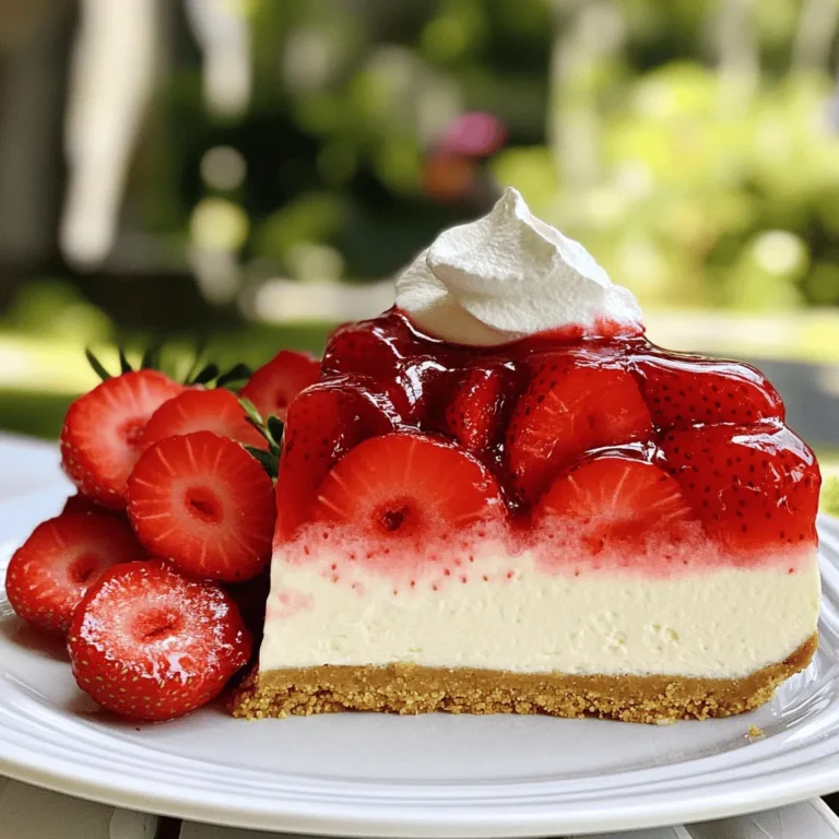 To make a delightful no bake strawberry cheesecake, you'll need the following fresh and simple ingredients: - 1 ½ cups graham cracker crumbs - ½ cup unsalted butter, melted - 2 cups cream cheese, softened - 1 cup powdered sugar - 1 teaspoon vanilla extract - 1 cup heavy whipping cream - 1 ½ cups fresh strawberries, hulled and sliced - 2 tablespoons strawberry jam (optional) These ingredients come together to create a creamy, fruity dessert that is perfect for any occasion. The graham cracker crumbs form a tasty crust. The cream cheese adds richness. The strawberries provide a burst of flavor. If you want a shiny finish, use strawberry jam. Make sure to use fresh strawberries for the best taste. This cheesecake is not only easy to prepare but also looks impressive. Follow the full recipe for step-by-step guidance. Enjoy this dessert that brings joy to any table! To make the crust, you first need to mix the graham cracker crumbs and melted butter in a medium bowl. Stir until the crumbs are fully coated. This mixture gives your cheesecake a great base. Next, press this crumb mixture firmly into the bottom of a 9-inch springform pan. Make sure it is even and well-packed. After pressing, place the pan in the refrigerator. This will help the crust set while you prepare the filling. Now, let's make the filling. In a large bowl, use an electric mixer to beat the softened cream cheese. Beat it until it is smooth and creamy, which takes about 2-3 minutes. Gradually add the powdered sugar, mixing well to avoid lumps. Once combined, pour in the vanilla extract and mix until well blended. Next, in a separate bowl, whip the heavy cream. Watch for soft peaks to form but do not over-whip. Gently fold this whipped cream into the cream cheese mixture. This step is key to keeping the filling light and fluffy. Carefully pour the cheesecake filling over the chilled graham cracker crust. Use a spatula to smooth the top. Now, arrange the fresh strawberry slices over the filling. Press them down gently to keep them in place. If you want a shiny finish, you can add the optional glaze. Warm the strawberry jam in the microwave for 10-15 seconds until it’s runny. Brush it lightly over the sliced strawberries. Finally, cover the cheesecake loosely with plastic wrap and refrigerate it for at least 4 hours. This will help it set perfectly. When ready, remove the springform pan sides and slice into wedges for serving. Enjoy this simple yet delightful treat! For the full recipe, check out the [Full Recipe]. To get the best texture, use room temperature ingredients. Cold cream cheese is hard to mix. It can cause lumps in your cheesecake. Let your cream cheese sit out for about 30 minutes before you start. When whipping cream, it’s important not to overwhip. You want soft peaks, not stiff ones. Overwhipping can make your cream grainy. Keep an eye on it and stop when it forms soft peaks. Fruit is a great topping for your cheesecake. Fresh strawberries are a classic choice. You can also try blueberries or raspberries for a color twist. For a rich touch, drizzle chocolate or caramel on top. This adds flavor and makes it look fancy. When serving, use chilled plates for a nice touch. You can garnish each slice with more strawberries. A dollop of whipped cream on top adds a lovely finish. For clean slicing, use a sharp knife. Wipe the knife between cuts. This keeps the edges neat and pretty. Enjoy your beautiful no bake strawberry cheesecake! For the full recipe, check out [Full Recipe]. {{image_4}} You can mix things up by adding chocolate or lemon zest. A swirl of melted chocolate gives a rich flavor. Lemon zest brightens the taste and makes it fresh. You can also swap strawberries for other berries. Blueberries, raspberries, or blackberries work great. Each berry brings its own flavor and color. If you want a different crust, try using Oreo cookies. Crush them and mix with butter for a chocolatey twist. You can also use nut-based crusts, like almonds or pecans. This adds a nice crunch. For gluten-free options, use gluten-free crumbs. They can replace regular graham crackers easily. Looking to make it healthier? Try lower-sugar adjustments. Use less powdered sugar to reduce sweetness. You can also use Greek yogurt instead of cream cheese. This gives a lighter texture and adds protein. Both options let you enjoy this treat while being mindful of health. To keep your no bake strawberry cheesecake fresh, place it in the fridge. Use a sealed container or cover it with plastic wrap. This will help it stay moist and delicious. It’s best to eat leftovers within 3 to 4 days. After that, it may lose its lovely texture. If you want to freeze your cheesecake, first slice it into wedges. Wrap each slice in plastic wrap, then place them in a freezer bag. This keeps the cheesecake safe from freezer burn. You can freeze the cheesecake for up to one month. When you're ready to enjoy it again, take it out of the freezer. Place the slices in the fridge for several hours or overnight to thaw. This way, your cheesecake will taste just as good as when you first made it. No bake strawberry cheesecake needs at least four hours to set in the fridge. This time lets the filling firm up nicely. For best results, I recommend leaving it overnight. This way, the flavors meld well together. Yes, you can use frozen strawberries. Just remember to thaw them first. Drain excess water to avoid a soggy cheesecake. Frozen strawberries may not taste as fresh, but they still work well. They can add a nice color and sweetness to your dessert. If you want a different taste, you can use Greek yogurt instead of cream cheese. This will give the cheesecake a tangy flavor. Another option is mascarpone, which also works well. Just keep in mind this may change the texture slightly. You learned how to make a simple no-bake strawberry cheesecake. From the easy crust to the creamy filling, each step is fun and enjoyable. Remember, using fresh ingredients makes a big difference. Experiment with flavors and toppings to make it your own. Store leftovers properly to keep them fresh. Whether you share it or keep it all for yourself, this dessert is sure to impress! Enjoy making your delicious cheesecake masterpiece.