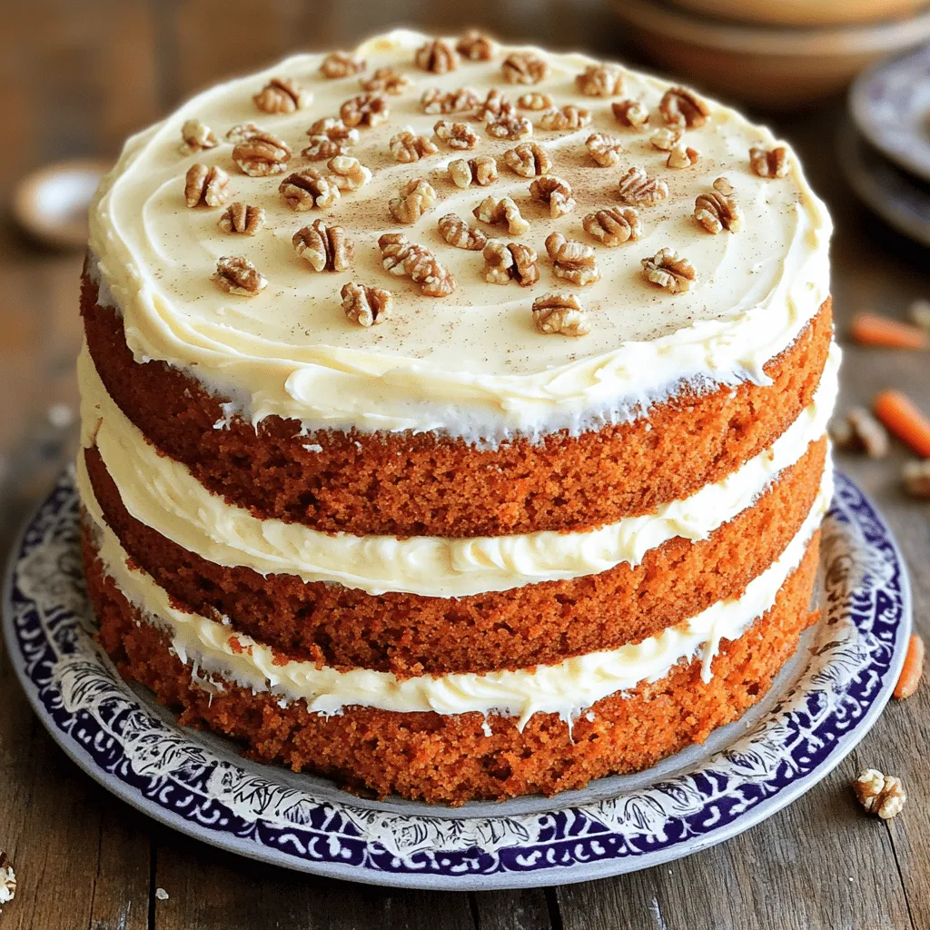 To make the best ever carrot cake, you will need fresh and quality ingredients. This cake is moist, sweet, and full of flavor. - All-purpose flour This flour gives the cake its structure. It’s simple to find and works well in most cakes. - Granulated sugar Sugar adds sweetness and helps the cake rise. It creates a light and fluffy texture. - Carrots and other mix-ins Fresh grated carrots are the star. They add moisture and natural sweetness. You can also add crushed pineapple for extra flavor. Optional ingredients like walnuts or raisins give it a nice crunch and chew. Using these ingredients will help you bake a delicious and memorable carrot cake. For the full recipe, check out the details above. 1. Preheat the oven and prepare pans Set your oven to 350°F (175°C). Take two 9-inch round cake pans. Grease them with butter or cooking spray. Lightly dust them with flour to stop the cake from sticking. 2. Mixing the wet ingredients In a big mixing bowl, add 2 cups of granulated sugar and 1 cup of vegetable oil. Beat them on medium speed until smooth. Next, add 4 large eggs, one at a time. Mix well after each egg. Finally, stir in 1 teaspoon of vanilla extract until everything blends nicely. 3. Combining dry ingredients In another bowl, sift together 2 cups of all-purpose flour, 2 teaspoons of baking soda, 1 teaspoon of baking powder, 1 teaspoon of ground cinnamon, 1/2 teaspoon of ground nutmeg, and 1/2 teaspoon of salt. Slowly add this dry mix into the wet mix. Stir gently to combine, but do not overmix. 1. Folding in the carrots and mix-ins Now, fold in 3 cups of grated carrots and 1 cup of crushed pineapple, well-drained. If you like, add 1/2 cup of chopped walnuts or pecans and 1/2 cup of raisins. Mix gently until they are evenly spread throughout the batter. 2. Baking times and temperature Pour the batter evenly into the prepared pans. Place them in the oven and bake for 25 to 30 minutes. Check if the cakes are done by inserting a toothpick in the center. It should come out clean with a few moist crumbs. 3. Cooling and frosting the cake After baking, let the cakes cool in the pans for about 10 minutes. Carefully invert them onto wire racks to cool completely. Once cool, frost the top of one layer with cream cheese frosting. Place the second layer on top and frost the whole cake. For the best taste, chill the frosted cake in the fridge for 30 minutes. This process leads to a delicious homemade carrot cake. For the full recipe, check out the Best Ever Carrot Cake section. - Avoiding common baking mistakes: Always measure your ingredients accurately. Use the correct measurements for flour and sugar. A kitchen scale can help. Don’t forget to preheat your oven. This step is key to even baking. - Achieving the perfect cake texture: To keep your cake light, mix wet and dry ingredients carefully. Overmixing can lead to a dense cake. Fold in the carrots and other mix-ins gently. This preserves the air in your batter. - Optimal cooling techniques: Let the cakes cool in the pans for about ten minutes. Then, move them to wire racks. This prevents sogginess. Cooling completely before frosting is crucial for good results. - Best cream cheese frosting techniques: For a creamy frosting, use softened cream cheese. Mix it with butter for a rich taste. Gradually add powdered sugar until it's smooth. - How to achieve a smooth frosting finish: Start with a thin layer of frosting, known as a crumb coat. This helps seal in crumbs. Chill the cake for about 30 minutes. Then apply a thicker layer for a clean finish. - Decorative options for presentation: Add chopped nuts or a sprinkle of cinnamon on top. You can also use carrot decorations for a fun touch. Serve on decorative plates to impress everyone. For the full recipe, refer to the provided link. {{image_4}} You can make your carrot cake even better with fun flavors. Adding spices can boost the taste. Consider extra ground cinnamon or a pinch of ginger for warmth. A splash of orange juice or zest can bring a bright note. You get a lovely mix of sweet and tangy. You can also switch up the mix-ins. Try adding shredded coconut for a tropical twist. Dried fruit, like apricots or cranberries, can add a chewy texture. Nuts like walnuts or pecans give a nice crunch. Each mix-in can change the cake's flavor and texture. If you need gluten-free options, use a gluten-free flour blend. Make sure it has xanthan gum to help bind the cake. This way, you keep a moist and fluffy texture. For vegan alternatives, replace eggs with flaxseed meal mixed with water. Use a plant-based oil instead of vegetable oil. You can also swap dairy milk with almond or oat milk. These changes keep the cake rich and delicious without animal products. These variations make your carrot cake unique and suitable for everyone. Check the Full Recipe for all the details. You can store your carrot cake at room temperature for a few days. Keep it in a cake box or cover it tightly with plastic wrap. This helps keep it moist. If you want it to last longer, put it in the fridge. Just remember that cold air can dry it out, so wrap it well. For best taste, eat it within a week. To freeze your carrot cake, first let it cool completely. Wrap each layer in plastic wrap, then in aluminum foil. This keeps out air and prevents freezer burn. You can freeze it for up to three months. When you're ready to eat, take it out and place it in the fridge to thaw overnight. You can frost it while it's still slightly chilled for the best taste. For full details, check out the Full Recipe. How to make the cake more moist? To make your carrot cake moist, add an extra half cup of crushed pineapple. You can also use brown sugar instead of granulated sugar. It helps to keep the cake soft and adds flavor. Can I substitute ingredients? Yes, you can substitute some ingredients. Use applesauce for oil to cut calories. For gluten-free, use almond flour or a gluten-free blend. Swap walnuts for pecans or leave them out if you prefer. What to do if the cake sinks in the middle? If your cake sinks, it might be due to underbaking or too much wet ingredients. Make sure to measure accurately and bake until a toothpick comes out clean. How to rate the cake’s doneness To check if your cake is done, insert a toothpick into the center. If it comes out clean or with a few crumbs, it’s ready. If it’s wet, bake for a few more minutes. Best pairings with carrot cake Carrot cake pairs well with cream cheese frosting. You can also serve it with a scoop of vanilla ice cream or a dollop of whipped cream. A cup of tea or coffee also complements it nicely. For the full recipe, visit the detailed section above. This article covers how to make a delicious carrot cake. You learned about key ingredients, step-by-step instructions, and helpful tips for success. We explored various flavor options and dietary adjustments, ensuring there's something for everyone. Always remember to store your cake properly for freshness. Use the tips and tricks shared here to elevate your baking. With practice, you can make a cake that delights everyone. Enjoy your baking journey and the tasty rewards it brings!