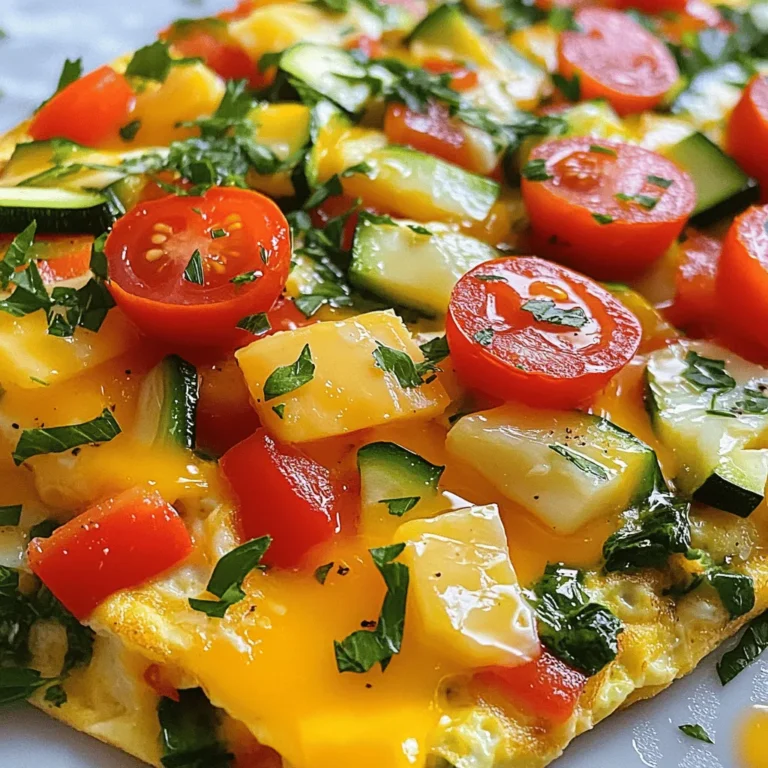 To make a loaded veggie omelet, gather these fresh ingredients: - 4 large eggs - 1 small bell pepper (red, yellow, or green), diced - 1 small zucchini, grated - 1 small onion, finely chopped - 1 cup fresh spinach, chopped - 1/4 cup cherry tomatoes, halved - 1/4 cup shredded cheese (choose from cheddar, feta, or mozzarella) - 2 tablespoons milk - 1 tablespoon olive oil - Salt and freshly ground black pepper, to taste - Fresh herbs (such as chives or parsley), finely chopped, for garnish If you're looking for substitutions, here are some options: - For a vegan version, use flax eggs or chickpea flour instead of eggs. - For dairy-free, try vegan cheese or leave out the cheese. - You can replace olive oil with avocado oil if needed. When it comes to cheese, I recommend these brands for the best flavor: - For cheddar, try Tillamook or Cabot. - Feta from Athenos is creamy and tangy. - For mozzarella, look for fresh options like BelGioioso. Finding the right cheese can enhance your omelet's taste, making it even more delicious. Enjoy the cooking process, and feel free to let your creativity shine. For the full recipe, you can refer back to the beginning of this section. To start, gather your veggies. Wash them under cool water. This removes dirt and germs. Use a clean cutting board and sharp knife for chopping. - Cut the bell pepper into small pieces. - Grate the zucchini using a box grater. - Finely chop the onion and spinach. - Halve the cherry tomatoes. Next, crack the eggs into a mixing bowl. Use one hand to crack them open. This helps keep shells out of your mix. Whisk the eggs until they are smooth. Add two tablespoons of milk. This makes the eggs fluffy. Season with salt and black pepper to taste. Now it’s time to cook! Heat your non-stick skillet over medium heat. Add olive oil and let it warm. When the oil shimmers, add the onion and bell pepper. - Sauté for about 3-4 minutes. Stir often until they soften. - Add the grated zucchini and spinach. Cook for 2 more minutes. The spinach should wilt. Pour the egg mixture over the veggies in the skillet. Let it cook for 2-3 minutes. You want the edges to set but the center to stay soft. Sprinkle the halved cherry tomatoes and cheese over one half of the omelet. When the edges are firm, fold the other half over. Cook for 1-2 minutes more. This helps the cheese melt. Carefully slide the omelet onto a plate. For a pretty look, add fresh herbs on top. You can use chives or parsley. They add color and taste. To make your meal even better, serve it with a small side salad or slices of avocado. This creates a balanced meal. For the full recipe, check out the details above. To keep your omelet from sticking, use a non-stick skillet. Heat the oil until it shimmers. This helps create a barrier between the eggs and the pan. For fluffy eggs, whisk them well. The more air you add, the lighter your omelet becomes. Add cheese just before folding the omelet. This allows it to melt perfectly. Watch for overcooked eggs. Signs include a dry, rubbery texture. Choose vegetables wisely. Some, like mushrooms or tomatoes, add too much moisture. If your omelet tastes bland, try adding more salt or herbs. This can really boost the flavor. Use fresh herbs, like chives or parsley, for a great taste. Spices like paprika or black pepper can add warmth. For sauces, try hot sauce or salsa. They pair well with the omelet. Experiment with cheeses too. Cheddar offers sharpness while feta gives creaminess. Choose what you love for a personal touch. For more tips, check out the [Full Recipe](#) for the Loaded Veggie Omelet. {{image_4}} You can mix and match veggies to fit the season. For spring, try asparagus and peas. In fall, use mushrooms and kale. You can also add proteins for more flavor. Ham or turkey gives a nice touch. If you want something different, go regional! For a Mexican twist, add jalapeños and avocado. For a Mediterranean vibe, use feta and olives. If you want a low-carb version, skip the potatoes and use more greens. You can also make it gluten-free by ensuring all ingredients are safe. For a vegan option, replace eggs with chickpea flour or tofu. Add nutritional yeast for a cheesy flavor without dairy. This way, everyone can enjoy a loaded veggie omelet. Check out the Full Recipe to try these variations! To store leftover omelet properly, place it in an airtight container. This keeps it fresh. You can refrigerate it for up to three days. After that, the quality may decline. When you're ready to eat, reheat it gently. Use a skillet over low heat. This helps maintain the omelet's texture and flavor. If you want to freeze omelet portions, cut them into slices. Wrap each slice in plastic wrap. Then, place them in a freezer-safe container. This method keeps them protected. For best results, use the frozen omelet within two months. To thaw, move it to the fridge overnight. Reheat in a skillet or microwave until warm. For containers, choose ones that seal tightly to prevent freezer burn. Feel free to check the Full Recipe for more details on making your delicious Loaded Veggie Omelet! To store a loaded veggie omelet, let it cool first. Place it in an airtight container. It will stay fresh in the fridge for up to three days. If you want to freeze it, wrap it tightly in plastic wrap and then in foil. This will keep it safe for about a month. Yes, you can make a veggie omelet in advance. Just prepare it the night before and store it in the fridge. In the morning, you can reheat it on the stove or in the microwave. This makes a great quick breakfast! To prevent sticking, use a non-stick skillet. Heat it well before adding oil. Make sure to use enough oil to cover the bottom. When you pour in the egg mixture, gently lift the edges with a spatula as it cooks. This helps it cook evenly and not stick. The ingredients in a veggie omelet are packed with nutrients. Eggs provide protein and healthy fats. Spinach is rich in iron and vitamins A and C. Bell peppers add fiber and antioxidants. Zucchini has low calories and high water content. Tomatoes boost heart health with lycopene. This combination makes your meal both tasty and nutritious. Absolutely! You can add extra toppings to your loaded veggie omelet. Try avocado for creaminess or salsa for a kick. Fresh herbs like cilantro or parsley add flavor. You can even sprinkle some nuts or seeds on top for crunch. Customize it to your taste! For the full recipe, check out the Loaded Veggie Omelet section above. The loaded veggie omelet is a great meal choice packed with nutrients. You learned about ingredients, cooking steps, and tips for the best results. Remember to experiment with flavors and variations. This dish is easy to customize for your tastes and dietary needs. Perfecting this recipe can lead to new favorites in your kitchen. Enjoy the journey of making your ideal veggie omelet!
