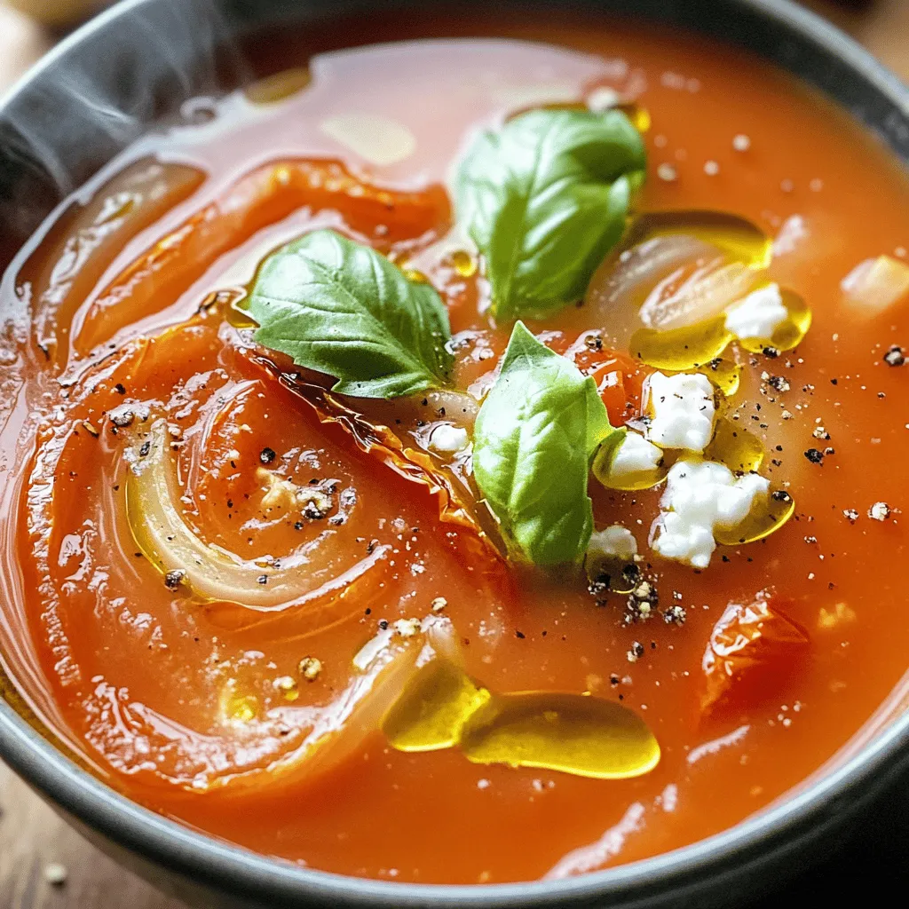 - 2 pounds ripe tomatoes, halved - 1 medium onion, cut into quarters - 4 cloves garlic, left in their skins - 3 tablespoons olive oil - Salt and freshly ground black pepper, to taste - 1 tablespoon balsamic vinegar - 4 cups vegetable broth - 1 cup fresh basil leaves, plus extra for garnish - 1 teaspoon sugar (optional, for balancing acidity) - Crumbled feta cheese for topping (optional) This soup is simple to make with fresh ingredients. You need ripe tomatoes for the best flavor. Sweet onions add depth, while garlic gives a nice kick. Olive oil helps with roasting and adds richness. You can adjust this soup to fit your taste. Here are some ideas: - Add a pinch of red pepper flakes for heat. - Use fresh herbs like thyme or oregano for added flavor. - Top with croutons for crunch. Changing the toppings makes this dish fun and personal. - Tomatoes: High in vitamins C and K, and low in calories. - Onions: Good for heart health and full of antioxidants. - Garlic: Boosts the immune system and adds flavor. - Basil: Rich in vitamins A and K, plus adds a fresh taste. - Olive oil: Contains healthy fats and supports heart health. These ingredients not only taste great but also provide nutrients. The soup can be a healthy comfort dish for any occasion. For the full recipe, check out the instructions above. To start, gather your fresh ingredients. You need ripe tomatoes, a medium onion, and garlic. Cut the tomatoes in half and chop the onion into quarters. Leave the garlic cloves in their skins. This keeps the garlic sweet when roasted. Spread these veggies on a baking sheet. Preheat your oven to 400°F (200°C). Once the oven is hot, drizzle olive oil over the veggies. Sprinkle salt and black pepper on top. Roast for 30 to 35 minutes. You will know they are done when the tomatoes look charred and sweet. This step brings out their rich flavors. After roasting, remove the baking sheet from the oven. Let the veggies cool a bit, then peel the garlic. In a large pot, mix the roasted tomatoes, onion, garlic, balsamic vinegar, and vegetable broth. Heat this over medium heat and let it simmer. Add fresh basil leaves and sugar if you like. This helps balance the soup's acidity. Now, blend the soup until smooth. You can use an immersion blender or a regular blender. If you use the regular blender, blend it in small batches. Finally, taste the soup and adjust the seasoning. Add more salt, pepper, or sugar as needed. Serve hot, topped with basil and optional feta. Enjoy! For the full recipe, check out the [Full Recipe]. To get the best flavor, use ripe tomatoes. The sweeter they are, the better your soup will taste. Roasting the tomatoes, onion, and garlic brings out their natural sugars. This step adds depth and a rich, caramelized flavor. Remember to season well with salt and pepper. A splash of balsamic vinegar adds a nice tang. It brightens the soup and enhances the overall taste. I prefer using an immersion blender for this soup. It lets you blend right in the pot. This saves time and reduces mess. If you use a regular blender, blend in small batches. Be careful with hot soup; it can splash. Let the soup cool slightly before blending if you use a regular blender. Both methods give you a smooth soup, but immersion blenders are easier. Tomatoes can be quite acidic, especially if they are not fully ripe. If your soup tastes too sharp, add a teaspoon of sugar. This small amount can balance the acidity. It does not make the soup sweet; it just rounds out the flavors. Always taste your soup before serving. Adjust seasoning as needed for the best flavor. {{image_4}} You can easily make this soup vegan. Just skip the feta cheese. Use vegetable broth instead of chicken broth. This keeps it rich in flavor without dairy. Many people love it just as much! Want some heat? Add red pepper flakes or diced jalapeños. Start with a small amount and taste as you go. The spice pairs well with the sweet tomatoes. It brings a new layer of flavor to your soup. Try adding roasted red peppers for a smoky taste. You can mix in cooked quinoa or lentils for protein. Fresh herbs like parsley or chives add bright notes. For crunch, top with croutons or toasted nuts. These add-ins create a soup that is both hearty and satisfying. Check the Full Recipe for more ideas! To store leftover roasted tomato basil soup, let it cool first. Place it in an airtight container. This keeps the soup fresh for about 3 to 4 days in the fridge. Make sure to label it with the date. Keep it away from strong-smelling foods. This helps prevent unwanted flavors. When you’re ready to enjoy your soup again, gently reheat it. Pour the soup into a pot over medium heat. Stir often to avoid sticking. Heat until it reaches your desired temperature. If the soup is too thick, add a splash of vegetable broth. This keeps the flavor strong and fresh. You can freeze roasted tomato basil soup for later. Use freezer-safe containers for best results. Leave some space at the top for expansion. The soup will stay good in the freezer for about 3 months. To enjoy, thaw it overnight in the fridge. Then, follow the reheating instructions above for a delicious meal. For the complete recipe, check out the Full Recipe. Yes, you can use canned tomatoes. They work well if fresh ones are not available. Look for high-quality canned tomatoes, like whole or diced. This choice can save time and still give you tasty soup. If you use canned tomatoes, drain excess liquid to avoid a watery soup. Roasted Tomato Basil Soup pairs well with many sides. Here are some options: - Grilled cheese sandwiches - Crusty bread or baguette - A simple green salad - Garlic bread These sides add texture and flavor. They make your meal even more satisfying. Roasted Tomato Basil Soup stays fresh in the fridge for about 4 to 5 days. Store it in an airtight container. For best taste, reheat it on the stove. If you want to keep it longer, consider freezing it. This soup freezes well for up to 3 months. Enjoy your delicious Roasted Tomato Basil Soup whenever you like! This blog post covered the key steps to make Roasted Tomato Basil Soup. We explored all the ingredients and their health benefits. You learned how to prepare, roast, and blend the soup for the best flavor. I shared tips for custom variations, storage, and answers to common questions. Making Roasted Tomato Basil Soup is simple, fun, and rewarding. Enjoy your cooking adventure!