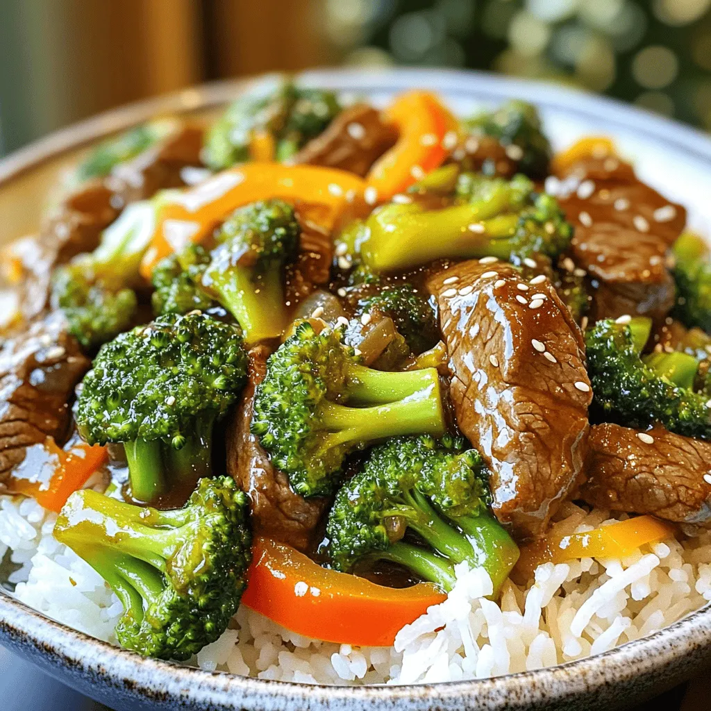 - 1 pound beef sirloin, thinly sliced against the grain - 2 cups broccoli florets, fresh or frozen - 1 bell pepper, sliced (choose red or yellow for vibrant color) - 3 cloves garlic, minced finely - 1 inch piece of ginger, grated - 3 tablespoons soy sauce (low sodium for a lighter option) - 1 tablespoon oyster sauce (optional for depth of flavor) - 1 tablespoon cornstarch - 2 tablespoons vegetable oil (split usage) - 1 teaspoon sesame oil for finishing - Cooked jasmine rice or quinoa, for serving You can add a few more items for extra flavor. Consider: - Chopped green onions for garnish - Sesame seeds for a crunchy texture - Sliced mushrooms for added earthiness If you can't find something, here are some swaps: - Use flank steak or chicken instead of beef. - Swap broccoli for snap peas or green beans. - Replace soy sauce with tamari for a gluten-free option. - Use honey or sugar instead of cornstarch to thicken sauce. When you gather these ingredients, you set yourself up for a tasty meal. Each part adds a unique flavor and texture. Remember, you can always adjust based on what you like or what you have at home. Check out the Full Recipe for detailed cooking steps and tips! Start by grabbing a small bowl. Add the soy sauce, oyster sauce, and cornstarch. Whisk well until the cornstarch disappears. This sauce will give your dish flavor and thickness. Set it aside for later. Use a large skillet or wok for this step. Heat 1 tablespoon of vegetable oil on medium-high heat. When the oil shimmers, add the thinly sliced beef. Cook it for about 2-3 minutes. Stir it often until it turns brown and is just cooked. Once done, remove the beef and keep it warm on a plate. In the same skillet, add another tablespoon of vegetable oil. Toss in the minced garlic and grated ginger. Stir these for around 30 seconds. You want them to smell good but not burn. Now, add the broccoli florets and sliced bell pepper. Stir-fry these veggies for about 4-5 minutes. Keep tossing until they turn bright and tender-crisp. Now it’s time to mix things up! Return the cooked beef to the skillet. Pour in the sauce you made earlier. Stir everything well to coat it evenly. Cook for an additional 2-3 minutes. This will let the sauce thicken and stick to the beef and veggies. When finished, remove from heat and drizzle sesame oil on top. Mix gently to spread that delicious flavor. You can check out the Full Recipe for more details on this tasty dish! To make great beef stir-fry, use sirloin cut. Slice it thinly against the grain. This helps the beef stay tender. Marinate it briefly in soy sauce. This adds flavor and helps keep it juicy. Stir-fry the beef in a hot skillet. This ensures a good sear. Cook it just until it turns brown. Don’t overcrowd the pan; cook in batches if needed. To get crisp broccoli, use fresh florets. You can also use frozen, but fresh is best. Cook them for a short time. Aim for just 4-5 minutes. Toss the veggies often for even cooking. Add garlic and ginger early for flavor. This way, the veggies stay bright and crunchy. A splash of water can help steam them lightly. Serve your beef and broccoli stir-fry over jasmine rice or quinoa. This adds a nice touch. For extra flair, add sesame seeds on top. You can also sprinkle sliced green onions. If you want more heat, serve with chili sauce. This recipe is quick and easy, perfect for busy nights. For the full recipe, check out the complete guide. {{image_4}} You can switch up the veggies in this dish. Green beans and snap peas work great. Carrots add a nice crunch, too. If you want something more unique, try bok choy or mushrooms. Each veggie brings its own flavor. You can mix and match based on what you like. If you want a different protein, chicken or tofu are good choices. Thinly sliced chicken cooks fast and tastes delicious. Tofu is great for a vegetarian option. Just press it first to remove extra water. This helps it absorb the sauce better. You can also try shrimp for a seafood twist. To change the flavor, add more spices or sauces. A bit of chili paste can give it heat. For a sweet touch, try hoisin sauce. You could also add a splash of rice vinegar for tang. Experimenting with flavors can make this dish new each time. Remember, cooking should be fun! For the full recipe, check out the Savory Beef and Broccoli Delight. To keep your beef and broccoli stir-fry fresh, let it cool first. Then, place the dish in an airtight container. Make sure to store it in the fridge. It will stay good for up to three days. If you want to keep it longer, freezing is a great option. When you're ready to eat, reheat your leftovers on the stove. Heat a pan over medium heat, add a splash of water or broth, and stir gently. This method keeps the beef tender and the broccoli crisp. You can also use the microwave. Just cover the dish and heat in short bursts, stirring in between. To freeze your beef and broccoli stir-fry, it’s best to do this right after cooking. Allow it to cool, then transfer it to a freezer-safe container. It will last in the freezer for up to three months. When you're ready to eat, thaw it overnight in the fridge before reheating. This method preserves the flavor and texture well. For the full recipe, check out the Savory Beef and Broccoli Delight! Beef and Broccoli Stir-Fry lasts about 3 to 4 days in the fridge. Make sure to store it in an airtight container. This keeps it fresh and tasty! When you reheat it, make sure it's hot all the way through. Yes, you can use frozen broccoli. It works well and saves time. Just add it to the pan while it is still frozen. Cook it a bit longer until it’s heated through and tender. Frozen broccoli can be a great option for a quick meal. You can serve it with cooked jasmine rice or quinoa. Both pair well with the flavors in this dish. You might also try serving it with noodles or even cauliflower rice for a low-carb option. Absolutely! This recipe is perfect for meal prep. You can make a big batch and divide it into containers. It reheats well, making it great for lunch or dinner throughout the week. To make it gluten-free, swap regular soy sauce for gluten-free soy sauce or tamari. You can also check that your oyster sauce is gluten-free. This way, you keep all the great flavors while meeting dietary needs. For the full recipe, check the section above! This post covered how to make a tasty Beef and Broccoli Stir-Fry. We discussed the main and optional ingredients, along with substitutions. I provided step-by-step instructions for each cooking stage. Tips for perfect beef and crisp veggies helped enhance your dish. Different variations and storage tips gave you more options. Enjoy your cooking! You now have all the tools to make this meal shine. Happy eating!