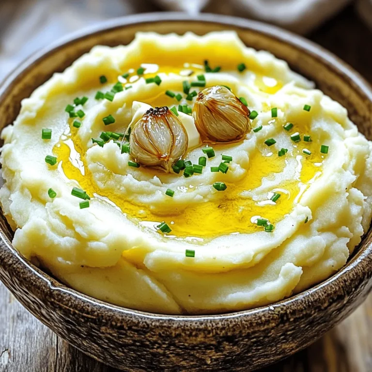 - 2 pounds Yukon Gold potatoes, peeled and cubed - 1 bulb of garlic - 1/2 cup unsalted butter, room temperature - 1 cup heavy cream, warmed - Salt and freshly ground black pepper - Fresh chives for garnish The best potatoes for mashing are Yukon Gold. They are creamy and smooth. Their natural flavor shines through in dishes. Always use fresh garlic for the best taste. Fresh garlic gives a rich, sweet flavor. You want to avoid dried garlic for this recipe. If you want a lighter option, use alternatives to heavy cream. Milk or plant-based milk works well. Just remember, these might change the texture a bit. How do I roast the garlic bulb? To roast garlic, preheat your oven to 400°F (200°C). Cut the top off a whole bulb of garlic to expose the cloves. Drizzle a bit of olive oil over the cut surface. Wrap the garlic tightly in aluminum foil. Place it in the oven for 30-35 minutes. How do I know when garlic is perfectly roasted? The garlic is done when the cloves feel soft and look golden brown. You can press the bulb gently to check its softness. If it gives, it’s ready! How do I boil the potatoes correctly? Fill a large pot with water and add a pinch of salt. Bring the water to a rolling boil. Carefully add the cubed Yukon Gold potatoes into the boiling water. Cook them for 15-20 minutes. How can I check if the potatoes are done? You can check doneness by piercing a potato cube with a fork. If it goes in easily, the potatoes are ready. If not, let them cook a few more minutes. What mixing techniques can I use for a creamy texture? Once the potatoes are cooked and drained, add the roasted garlic, room-temperature butter, and warmed heavy cream. Use a potato masher or hand mixer to blend until smooth and creamy. Why is temperature important for butter and cream? Using room-temperature butter and warmed cream helps the ingredients blend better. This keeps your mashed potatoes from getting lumpy, giving you that perfect creamy texture. For the full recipe, check out the Creamy Roasted Garlic Mashed Potatoes Full Recipe. To boost the taste of your roasted garlic mashed potatoes, try different seasonings. Here are some ideas: - Use smoked paprika for a smoky kick. - Add a pinch of cayenne for heat. - Try fresh rosemary or thyme for an herbal touch. Mixing in herbs and spices can change each batch. You can even try a mix of garlic powder and onion powder for depth. These small swaps make a big flavor difference. Roasted garlic mashed potatoes pair well with many dishes. Here are some perfect matches: - Serve with grilled steak or roasted chicken for a hearty meal. - Add them next to sautéed green beans for a colorful plate. - Top with crispy bacon bits for a savory crunch. For fun ideas, try them in a loaded potato bowl with cheese and sour cream. You can also use them as a base for a shepherd's pie, adding a twist to a classic dish. Having the right tools helps make great mashed potatoes. Here are some must-haves: - A quality potato masher makes the job easy. A ricer gives a super smooth texture. - Use a large pot to boil your potatoes. This gives them room to cook evenly. - A wooden spoon or spatula helps mix everything well without lumps. These tools help you create the perfect creamy texture. Investing in good kitchen gadgets pays off in delicious meals. {{image_4}} Using different types of potatoes You can use other potatoes for unique tastes. Red potatoes add a smooth texture. Russets give a fluffy feel. Each type changes the dish's final flavor. Non-dairy options for cream and butter If you want non-dairy choices, try almond milk or coconut cream. For butter, use vegan alternatives. These swaps keep the dish creamy without dairy. Mixing in roasted vegetables Roasted vegetables can boost flavor. Try adding carrots or broccoli. They offer a nice crunch and sweetness. Mix them in for a colorful twist. Adding cheese for a richer flavor Cheese adds depth to your mashed potatoes. Cream cheese makes them extra creamy. Parmesan gives a sharp taste. Stir in your favorite cheese for a new layer of flavor. Seasonal add-ins for holiday meals During holidays, add seasonal spices. Nutmeg or thyme enhances the dish for special occasions. These touches make your mashed potatoes stand out on the table. Themed variations (e.g., garlic-herb for special occasions) For themed dinners, try garlic-herb variations. Mix in fresh herbs like rosemary or parsley. They add freshness and aroma to your dish. Personalize your mashed potatoes for any event! For the full recipe, check out the Creamy Roasted Garlic Mashed Potatoes. To keep your roasted garlic mashed potatoes fresh, store them in an airtight container. Make sure they cool to room temperature first. Refrigeration helps maintain their taste and texture. Use them within three to five days for the best flavor. If you plan to save some for later, freezing is a great option. Portion the mashed potatoes into smaller containers or freezer bags. Squeeze out as much air as possible before sealing. They can last up to two months in the freezer. Just remember to label them with the date. When it’s time to enjoy your leftovers, the microwave offers a quick solution. Place your mashed potatoes in a microwave-safe dish. Cover them to keep moisture in. Heat in short bursts, stirring in between until warm. For the best texture, stovetop reheating is your friend. Place the potatoes in a saucepan over low heat. Add a splash of cream or milk to help revive their creaminess. Stir gently until they are heated through. Your leftovers can last about three to five days in the fridge. If they start to smell sour or develop a strange color, it’s time to toss them. Always trust your senses when checking for spoilage. With proper storage, you can enjoy this creamy comfort dish again. For the full recipe, check out the Creamy Roasted Garlic Mashed Potatoes section! To avoid gummy mashed potatoes, start with the right potatoes. I recommend using Yukon Gold potatoes. They have a creamy texture. Boil them until just tender, not overcooking. Overcooked potatoes release too much starch. Drain them well after boiling. This helps keep them fluffy. When you mash, use a gentle touch. A hand mixer can make them gummy. Mix just until smooth for the best texture. Yes, you can make roasted garlic mashed potatoes ahead of time. After you prepare them, let them cool. Store in an airtight container in the fridge. They stay fresh for up to three days. When you want to reheat, add a bit of cream. This helps restore creaminess. You can use the microwave or stovetop. Stir often and heat gently to keep the texture smooth. Regular mashed potatoes are creamy and buttery. Roasted garlic mashed potatoes have a deep, rich flavor. Roasting garlic makes it sweet and mild. This adds a unique twist that elevates the dish. The warmth of roasted garlic blends well with potatoes. Plus, you gain health benefits from garlic. It boosts flavor without adding much fat. For the full recipe of Creamy Roasted Garlic Mashed Potatoes, click [here](#). In this post, we explored the art of making creamy roasted garlic mashed potatoes. We covered essential ingredients, preparation methods, and tips for enhancing flavor and presentation. Remember, fresh ingredients matter for the best taste. Whether you stick to the classic recipe or experiment with different flavors, your mashed potatoes can impress anyone. Store leftovers properly and reheat them wisely for delicious results later. Enjoy your cooking journey and share these tips with friends!