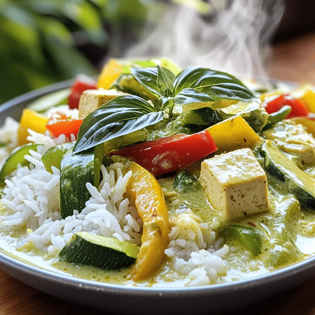 To make a great Thai green curry with tofu, you need some key ingredients. Here’s what you'll need: - 400g firm tofu, pressed and cut into 1-inch cubes - 1 tablespoon vegetable oil - 1 medium onion, thinly sliced - 2-3 tablespoons green curry paste (adjust based on spice preference) - 1 can (400ml) coconut milk - 1 cup vegetable broth - 1 cup assorted bell peppers, sliced (red, yellow, and green for color) - 1 cup zucchini, sliced into half-moons - 1 cup fresh baby spinach - 1 tablespoon soy sauce - 1 tablespoon brown sugar - Fresh Thai basil leaves, for garnish - Cooked jasmine rice, for serving Feel free to customize your curry with these tasty add-ins: - Sliced mushrooms for an earthy flavor - Baby corn for a crunchy bite - Peas for a pop of sweetness - Sliced Thai chili for more heat - Lime juice for a tangy finish This recipe can fit various diets. Here are some options: - Vegan: The recipe is already vegan-friendly with tofu and coconut milk. - Gluten-Free: Ensure the soy sauce is gluten-free or swap it with tamari. - Nut-Free: The recipe is free from nuts, making it safe for nut allergies. - Low-Carb: Serve the curry with cauliflower rice instead of jasmine rice. Explore the Full Recipe for detailed steps and tips to make this dish shine! Start by pressing the tofu to remove extra moisture. This step is key for a firmer texture. After pressing, cut the tofu into 1-inch cubes. Set the cubes aside while you prepare the rest of the dish. In a large frying pan or wok, heat one tablespoon of vegetable oil over medium heat. Add the thinly sliced onion and sauté it for about 3-4 minutes. The onions should become soft and fragrant. Next, stir in 2-3 tablespoons of green curry paste. Cook this mixture for one more minute. This allows the flavors to blend well. Now, pour in one can of coconut milk and one cup of vegetable broth. Stir this mixture well to combine everything. Bring it to a gentle simmer over medium heat. This base is where all the magic happens. Add one cup of assorted bell peppers and one cup of zucchini to the simmering sauce. Cook for about 5-7 minutes. You want the veggies to be tender but still a bit crunchy. Then, gently add the pressed tofu cubes along with one tablespoon of soy sauce and one tablespoon of brown sugar. Stir carefully to mix everything. Cook for another 3-4 minutes until the tofu heats through. Finally, fold in one cup of fresh baby spinach. Allow it to wilt, which takes about 2 minutes. Taste the curry and adjust the seasoning if needed. Serve it hot over jasmine rice. For a finishing touch, garnish with fresh Thai basil leaves. Enjoy your flavor-packed dish! For the complete recipe, check out the Full Recipe above. Tofu can be tricky, but I have some great tips. Start by pressing the tofu. This removes extra water and makes it firmer. Cut the tofu into 1-inch cubes for even cooking. When you cook it, use medium heat. This allows it to brown nicely without burning. For extra crispiness, you can fry the tofu before adding it to the curry. Balancing flavors is key to a great green curry. Start with the green curry paste. It brings heat and depth. Adjust the amount based on your spice level. Add coconut milk for creaminess and sweetness. To enhance the flavor, mix in soy sauce and brown sugar. Always taste as you go. This way, you can adjust the seasoning to fit your liking. Cooking green curry is simple, but a few best practices help. First, cook the onions until they are soft. This builds a tasty base. Add the curry paste right after. This helps release its flavors. When adding vegetables, keep them slightly crunchy for texture. Lastly, don’t forget the fresh basil at the end. It adds a lovely aroma and freshness. For the Full Recipe, check out the detailed steps above. {{image_4}} You can easily make this dish vegetarian or vegan. For a vegetarian option, use vegetable broth and keep the tofu as is. If you want a vegan twist, ensure your green curry paste is free from animal products. Most brands are vegan-friendly, but it’s good to check. You can also add more protein by mixing in chickpeas or lentils. This will boost the dish's texture and nutrition while keeping it plant-based. Not everyone enjoys a lot of heat. If you want to tone down the spice, reduce the amount of green curry paste. Start with one tablespoon, then taste. You can always add more if you like. For a spicier kick, add sliced fresh chilies or a dash of chili flakes. Just remember, it’s easier to add heat than to take it away. Feel free to get creative with vegetables! While bell peppers and zucchini are great, you can swap them for others. Try adding carrots, broccoli, or green beans. Each veggie brings its own flavor and texture. Just make sure to cut them into similar sizes for even cooking. You’ll have a colorful and tasty curry that suits your taste. For the full recipe, check out the details above. To store leftover Thai green curry, let it cool first. Then, place it in an airtight container. Make sure to seal it well to keep out air. You can keep it in the fridge for up to three days. If you want to enjoy it later, freezing is a great option. When you're ready to eat your leftover curry, take it out of the fridge. Pour the curry into a pot over medium heat. Stir it often to heat evenly. If it's too thick, add a splash of water or broth. Heat until it is hot throughout. You can also use a microwave. Just place it in a microwave-safe bowl. Cover it loosely and heat for one minute. Stir and check if it's heated through. If not, heat in 30-second bursts. To freeze Thai green curry, place it in a freezer-safe container. Leave some space at the top, as it may expand when frozen. Label the container with the date. You can freeze it for up to three months. When you're ready to eat, thaw it in the fridge overnight. Reheat as mentioned above. Enjoy this flavorful dish any time you crave it! For the full recipe, check the details above. Yes, you can use different types of tofu. Firm tofu works best for this dish. It holds its shape during cooking. If you prefer, you can try extra-firm tofu for a denser texture. Silken tofu is not ideal here, as it breaks easily. You can also use flavored tofu for added taste, but avoid marinated types as they can alter the curry's flavor. If you need a substitute for coconut milk, you have options. Almond milk is a good choice, but it will change the flavor. Soy milk can also work, but it lacks the creaminess of coconut. You could mix equal parts of soy milk and almond milk. For a richer taste, try a mix of heavy cream and water. This will give you a similar texture, but not the same flavor. The spice level of Thai green curry can vary. It depends on the amount of green curry paste you use. Start with 2 tablespoons for a mild dish. If you want more heat, add another tablespoon. You can also adjust spice by adding fresh chili peppers. For a less spicy version, use less curry paste or pick a milder brand. The key is to taste as you go and find your perfect balance. This blog shared how to make Thai green curry with tofu. We covered the main ingredients, cooking steps, and helpful tips. I also explained variations for different diets and spice levels. You learned how to store leftovers and reheat them properly. Thai green curry is tasty and flexible. You can mix and match ingredients to fit your taste. Enjoy cooking and experimenting with flavors in your kitchen!