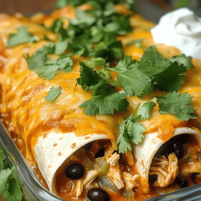 To make classic chicken enchiladas, you need a few key items. Here’s what you will need: - 2 cups shredded cooked chicken - 1 cup enchilada sauce - 8 small corn or flour tortillas - 1 cup shredded cheese - 1 small onion - 1 cup black beans - 1 tablespoon olive oil - 1 teaspoon ground cumin - 1 teaspoon garlic powder - Salt and pepper - Fresh cilantro for garnish - Sour cream for serving These ingredients create a hearty meal packed with flavor. The shredded chicken gives it a nice texture, while the enchilada sauce adds that signature taste. You can use rotisserie chicken for ease. The cheese melts beautifully, making every bite delightful. Black beans add a bit of earthiness, and the onion brings sweetness. You can adjust the spices based on your taste. If you want, you can check the Full Recipe for more details on how to prepare these tasty enchiladas. 1. Start by preheating your oven to 375°F (190°C). This sets the stage for baking. 2. In a medium skillet, heat 1 tablespoon of olive oil over medium heat. Add 1 small diced onion. Sauté for about 3-4 minutes until the onion turns clear. This adds great flavor to your dish. 1. Next, add 2 cups of shredded cooked chicken and 1 cup of black beans to the skillet. Stir well to mix. 2. To enhance the taste, sprinkle in 1 teaspoon of ground cumin and 1 teaspoon of garlic powder. Don't forget a pinch of salt and freshly cracked pepper. Stir for 2-3 minutes until everything is warm and blended. 1. Grab an 8 small corn or flour tortillas. Take one tortilla and spoon a generous amount of the chicken mixture into the center. 2. Roll the tortilla tightly around the filling, tucking in the edges. Place it seam-side down in a greased baking dish. Repeat until all tortillas are filled and snug in the dish. 1. Pour the remaining enchilada sauce evenly over the top of the rolled tortillas. 2. Sprinkle 1 cup of shredded cheese generously on top. 3. Cover the dish tightly with aluminum foil. Bake for 20 minutes. Then, remove the foil and bake for another 10 minutes. The cheese should melt and bubble nicely. These steps will help you create the most flavorful chicken enchiladas. Enjoy the process! For the full recipe, refer to the detailed instructions above. Choosing the right seasoning Seasoning sets the tone for your enchiladas. I love using ground cumin and garlic powder. They add warmth and depth. Feel free to add chili powder for some heat. Taste your filling as you go. Adjust the salt and pepper for balance. Tips for rolling tortillas Rolling tortillas can be tricky. To make it easier, warm the tortillas first. This softens them, making them less likely to crack. Place your filling in the center, leaving space on the sides. Fold in the edges and roll tightly. Tuck them seam-side down in your baking dish. Presentation tips A good look makes your meal more appetizing. Arrange the enchiladas neatly on a platter. Drizzle extra enchilada sauce around the edges. Add a sprinkle of fresh cilantro for color. A few lime wedges on the side will brighten the dish. Suggested sides and dips Enchiladas pair well with simple sides. Consider serving black beans or a fresh salad. A side of rice can also work nicely. Don’t forget the sour cream or Greek yogurt for dipping. This adds a cool contrast to the warm enchiladas. Check out the Full Recipe for more tips! {{image_4}} You can switch up the protein in your enchiladas. If you want a beefy taste, use ground beef. Ground turkey is also a great choice. Both meats add a different flavor to your dish. For a vegetarian option, try using black beans or lentils. You can also add sautéed vegetables like bell peppers or zucchini for a colorful twist. Sauce is key for great enchiladas. You can use store-bought enchilada sauce for speed. However, making your own can add more flavor. To make a simple homemade sauce, blend tomatoes, chili powder, and garlic. You can also try different flavors. For a spicy kick, add jalapeños or chipotle peppers. For a milder taste, go with a creamy sauce or a green tomatillo sauce. Cheese choices can really change the dish. Sharp cheddar cheese adds a strong flavor. A Mexican cheese blend gives a nice, tangy taste. If you are dairy-free, try vegan cheese. Look for options made from nuts or soy. They melt well and add creaminess without the dairy. To keep your chicken enchiladas fresh, store them in the fridge. Use an airtight container for best results. You can safely eat them within three to four days. To reheat, place the enchiladas in a baking dish. Cover them with aluminum foil and heat in a 350°F oven for about 15 minutes. This keeps the tortillas soft and the filling warm. You can also use the microwave. Heat each enchilada on high for about one to two minutes. If you want to save some enchiladas for later, freezing works well. First, let them cool completely. Then, wrap each enchilada tightly in plastic wrap. Place the wrapped enchiladas in a freezer-safe bag or container. You can freeze them for up to three months. To thaw, move them to the fridge overnight. Reheat in the oven at 350°F for about 20 minutes. This way, they stay tasty and enjoyable when you’re ready to eat. Check out the Full Recipe for more details! How do you make enchiladas from scratch? You start by cooking chicken and sautéing onions. Mix them with spices and beans. Then, fill tortillas with this tasty mix. Roll them up and place them in a dish. Pour on sauce and cheese, then bake until hot and bubbly. For a full guide, check the Full Recipe. Can enchiladas be made ahead of time? Yes, you can prepare enchiladas in advance. Fill and roll them, then store in the fridge. Just cover them tightly. Bake them when you are ready to serve. This saves time on busy days. What type of tortillas are best for enchiladas? Corn tortillas are traditional and add great flavor. However, flour tortillas work well too. Choose the type you like best. Just make sure they are soft enough to roll without breaking. How can I make enchiladas spicier? To add heat, use spicy enchilada sauce. You can also add jalapeños or hot sauce to the filling. Another option is to sprinkle chili powder on top before baking. Adjust the spice level to fit your taste. What can I substitute for chicken in enchiladas? You can use ground beef, turkey, or even beans for a vegetarian option. Shredded pork or tofu are also great choices. Feel free to mix and match proteins based on your preference. In this post, we covered how to make classic chicken enchiladas. You learned about the key ingredients, step-by-step instructions, and tips for perfecting your dish. Using fresh flavors and the right spices is key. You can easily switch up ingredients, sauces, or cheese for variety. Store leftovers properly or freeze them for later enjoyment. With these details in mind, you are ready to make delicious enchiladas at home. Enjoy your cooking adventure!