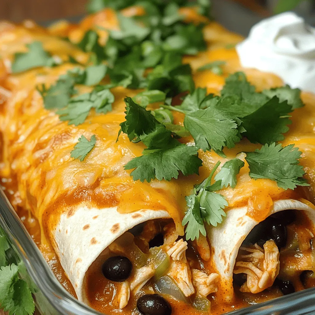 To make classic chicken enchiladas, you need a few key items. Here’s what you will need: - 2 cups shredded cooked chicken - 1 cup enchilada sauce - 8 small corn or flour tortillas - 1 cup shredded cheese - 1 small onion - 1 cup black beans - 1 tablespoon olive oil - 1 teaspoon ground cumin - 1 teaspoon garlic powder - Salt and pepper - Fresh cilantro for garnish - Sour cream for serving These ingredients create a hearty meal packed with flavor. The shredded chicken gives it a nice texture, while the enchilada sauce adds that signature taste. You can use rotisserie chicken for ease. The cheese melts beautifully, making every bite delightful. Black beans add a bit of earthiness, and the onion brings sweetness. You can adjust the spices based on your taste. If you want, you can check the Full Recipe for more details on how to prepare these tasty enchiladas. 1. Start by preheating your oven to 375°F (190°C). This sets the stage for baking. 2. In a medium skillet, heat 1 tablespoon of olive oil over medium heat. Add 1 small diced onion. Sauté for about 3-4 minutes until the onion turns clear. This adds great flavor to your dish. 1. Next, add 2 cups of shredded cooked chicken and 1 cup of black beans to the skillet. Stir well to mix. 2. To enhance the taste, sprinkle in 1 teaspoon of ground cumin and 1 teaspoon of garlic powder. Don't forget a pinch of salt and freshly cracked pepper. Stir for 2-3 minutes until everything is warm and blended. 1. Grab an 8 small corn or flour tortillas. Take one tortilla and spoon a generous amount of the chicken mixture into the center. 2. Roll the tortilla tightly around the filling, tucking in the edges. Place it seam-side down in a greased baking dish. Repeat until all tortillas are filled and snug in the dish. 1. Pour the remaining enchilada sauce evenly over the top of the rolled tortillas. 2. Sprinkle 1 cup of shredded cheese generously on top. 3. Cover the dish tightly with aluminum foil. Bake for 20 minutes. Then, remove the foil and bake for another 10 minutes. The cheese should melt and bubble nicely. These steps will help you create the most flavorful chicken enchiladas. Enjoy the process! For the full recipe, refer to the detailed instructions above. Choosing the right seasoning Seasoning sets the tone for your enchiladas. I love using ground cumin and garlic powder. They add warmth and depth. Feel free to add chili powder for some heat. Taste your filling as you go. Adjust the salt and pepper for balance. Tips for rolling tortillas Rolling tortillas can be tricky. To make it easier, warm the tortillas first. This softens them, making them less likely to crack. Place your filling in the center, leaving space on the sides. Fold in the edges and roll tightly. Tuck them seam-side down in your baking dish. Presentation tips A good look makes your meal more appetizing. Arrange the enchiladas neatly on a platter. Drizzle extra enchilada sauce around the edges. Add a sprinkle of fresh cilantro for color. A few lime wedges on the side will brighten the dish. Suggested sides and dips Enchiladas pair well with simple sides. Consider serving black beans or a fresh salad. A side of rice can also work nicely. Don’t forget the sour cream or Greek yogurt for dipping. This adds a cool contrast to the warm enchiladas. Check out the Full Recipe for more tips! {{image_4}} You can switch up the protein in your enchiladas. If you want a beefy taste, use ground beef. Ground turkey is also a great choice. Both meats add a different flavor to your dish. For a vegetarian option, try using black beans or lentils. You can also add sautéed vegetables like bell peppers or zucchini for a colorful twist. Sauce is key for great enchiladas. You can use store-bought enchilada sauce for speed. However, making your own can add more flavor. To make a simple homemade sauce, blend tomatoes, chili powder, and garlic. You can also try different flavors. For a spicy kick, add jalapeños or chipotle peppers. For a milder taste, go with a creamy sauce or a green tomatillo sauce. Cheese choices can really change the dish. Sharp cheddar cheese adds a strong flavor. A Mexican cheese blend gives a nice, tangy taste. If you are dairy-free, try vegan cheese. Look for options made from nuts or soy. They melt well and add creaminess without the dairy. To keep your chicken enchiladas fresh, store them in the fridge. Use an airtight container for best results. You can safely eat them within three to four days. To reheat, place the enchiladas in a baking dish. Cover them with aluminum foil and heat in a 350°F oven for about 15 minutes. This keeps the tortillas soft and the filling warm. You can also use the microwave. Heat each enchilada on high for about one to two minutes. If you want to save some enchiladas for later, freezing works well. First, let them cool completely. Then, wrap each enchilada tightly in plastic wrap. Place the wrapped enchiladas in a freezer-safe bag or container. You can freeze them for up to three months. To thaw, move them to the fridge overnight. Reheat in the oven at 350°F for about 20 minutes. This way, they stay tasty and enjoyable when you’re ready to eat. Check out the Full Recipe for more details! How do you make enchiladas from scratch? You start by cooking chicken and sautéing onions. Mix them with spices and beans. Then, fill tortillas with this tasty mix. Roll them up and place them in a dish. Pour on sauce and cheese, then bake until hot and bubbly. For a full guide, check the Full Recipe. Can enchiladas be made ahead of time? Yes, you can prepare enchiladas in advance. Fill and roll them, then store in the fridge. Just cover them tightly. Bake them when you are ready to serve. This saves time on busy days. What type of tortillas are best for enchiladas? Corn tortillas are traditional and add great flavor. However, flour tortillas work well too. Choose the type you like best. Just make sure they are soft enough to roll without breaking. How can I make enchiladas spicier? To add heat, use spicy enchilada sauce. You can also add jalapeños or hot sauce to the filling. Another option is to sprinkle chili powder on top before baking. Adjust the spice level to fit your taste. What can I substitute for chicken in enchiladas? You can use ground beef, turkey, or even beans for a vegetarian option. Shredded pork or tofu are also great choices. Feel free to mix and match proteins based on your preference. In this post, we covered how to make classic chicken enchiladas. You learned about the key ingredients, step-by-step instructions, and tips for perfecting your dish. Using fresh flavors and the right spices is key. You can easily switch up ingredients, sauces, or cheese for variety. Store leftovers properly or freeze them for later enjoyment. With these details in mind, you are ready to make delicious enchiladas at home. Enjoy your cooking adventure!