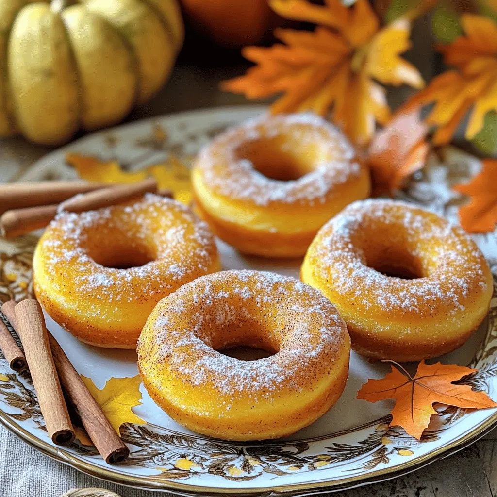 - 1 cup pumpkin puree - 1/2 cup granulated sugar - 1/4 cup packed brown sugar - 2 large eggs - 1/4 cup vegetable oil - 1/4 cup buttermilk - 1 teaspoon vanilla extract - 1 1/2 cups all-purpose flour - 1 teaspoon baking powder - 1 teaspoon baking soda - 1 teaspoon ground cinnamon - 1/2 teaspoon ground nutmeg - 1/4 teaspoon ground ginger - 1/4 teaspoon salt - 1/2 cup chopped nuts - 1/4 cup chocolate chips - Glazing options You need simple ingredients to make these baked pumpkin donuts. Gather your main ingredients first. Pumpkin puree gives the donuts their flavor and moistness. The mix of granulated and brown sugar creates a sweet balance. Eggs help bind the mixture and add fluffiness. Vegetable oil keeps the donuts light, while buttermilk adds a nice tang. Don’t forget the vanilla extract for extra depth. Next, focus on the dry ingredients. All-purpose flour forms the base of the donuts. Baking powder and baking soda help them rise. Ground cinnamon, nutmeg, and ginger add warmth and spice. Salt enhances all the flavors. Feel free to get creative with optional add-ins. Chopped nuts add crunch, and chocolate chips bring sweetness. You can also top your donuts with a glaze or cinnamon sugar for a fun twist. For the full recipe, check the detailed instructions provided. Enjoy making these tasty treats! 1. Preheat the oven to 350°F (175°C). 2. Grease the donut pan. This helps the donuts come out easily. 1. In a mixing bowl, combine the wet ingredients. Add the pumpkin puree, granulated sugar, brown sugar, eggs, vegetable oil, buttermilk, and vanilla extract. Whisk until smooth. 2. In another bowl, sift the dry ingredients. Blend the flour, baking powder, baking soda, cinnamon, nutmeg, ginger, and salt. This ensures even mixing and removes lumps. 1. Slowly add the dry mixture to the wet ingredients. Stir gently until just combined. Be careful not to over-mix. 2. Pipe the batter into the donut pan. Fill each mold halfway to allow room for rising. 3. Bake the donuts for 12-15 minutes. Test for doneness by inserting a toothpick into a donut; it should come out clean. 4. Once baked, let the donuts cool in the pan for about 5 minutes. Then, transfer them to a wire rack to cool completely. For the full recipe, check the complete guide above. Enjoy! To check if your donuts are done, use a toothpick. Stick it into the center. If it comes out clean, they are ready. If it has batter on it, bake a bit longer. This simple test helps prevent undercooked donuts. Do not over-mix your batter. When you combine the wet and dry ingredients, mix just until combined. Over-mixing can make your donuts tough. You want them to be fluffy and light, not dense. To avoid dense donuts, measure your flour correctly. Use the spoon and level method. This means spooning flour into the measuring cup and leveling it off with a knife. Too much flour can make your donuts heavy. Make sure your oven temperature is right. An oven thermometer can help you check if your oven heats correctly. If it's too hot or too cold, your donuts may not rise well. For serving, arrange your donuts on a nice plate. You can sprinkle some cinnamon sugar on top for flavor and flair. Add cinnamon sticks or autumn leaves for decoration. Get creative with toppings! Try a simple glaze made from powdered sugar and milk. You can also dip them in chocolate or roll them in chopped nuts. These little touches can make your donuts look and taste even better. For the complete recipe, check out the Full Recipe. {{image_4}} If you want gluten-free baked pumpkin donuts, use almond flour instead of all-purpose flour. Almond flour gives a nutty taste and keeps the donuts moist. You can also try a mix of gluten-free flour blends. This change helps everyone enjoy the treat. For vegan options, replace the eggs and buttermilk. Use flax eggs by mixing one tablespoon of flaxseed meal with three tablespoons of water. Let it sit for about five minutes to thicken. Substitute buttermilk with plant-based milk, mixed with one teaspoon of vinegar. These tweaks still keep the donuts soft and tasty. To make your donuts more exciting, add spices like allspice or cloves. These spices give a warm, cozy flavor that pairs well with pumpkin. You can also mix in the zest of oranges or lemons. The citrus adds a bright note that complements the rich pumpkin taste. Try adding chocolate chips or nuts for a different texture. These additions can turn a simple donut into a delightful treat. You can also create a glaze with your favorite flavors, like maple or chocolate, for an extra sweet touch. You can make mini donuts or standard-sized ones. Mini donuts are perfect for parties or snacks. They cook faster too! Make sure to adjust the baking time to avoid overcooking. Donut holes are another fun option. They are bite-sized and great for dipping in your favorite glaze. If you prefer cake-style donuts, simply adjust the baking time. Cake donuts are denser and can hold more flavor. For the full recipe, refer to the recipe section above. Enjoy your baking adventure! To keep your baked pumpkin donuts fresh, store them at room temperature. Place them in an airtight container. This helps keep them soft and moist. If you do not have an airtight container, wrap them tightly in plastic wrap. They will stay fresh for a few days this way. For longer storage, you can freeze your donuts. To do this, wait until they cool completely. Then, wrap each donut in plastic wrap and place them in a freezer bag. This keeps them from getting freezer burn. When you are ready to enjoy them, simply take them out and thaw. Leave them on the counter for a couple of hours for the best texture. Baked pumpkin donuts last about 3-5 days at room temperature. If frozen, they can last up to 3 months. Before eating, check for signs of spoilage. Look for mold or an off smell. If they seem dry or hard, they may not taste great. Enjoy your donuts fresh for the best flavor! Can I use fresh pumpkin instead of canned? Yes, you can use fresh pumpkin. Start by cooking and pureeing the pumpkin. Use a similar amount as canned, about 1 cup. Fresh pumpkin adds a nice flavor. However, ensure it is well-drained to avoid excess moisture. How do I make the donuts moist? To keep your donuts moist, use a good amount of pumpkin puree. Adding buttermilk helps, too. Avoid over-mixing the batter; this can make the donuts dry. Bake them just until they are done, as overbaking can dry them out. What can I substitute for buttermilk? You can mix regular milk with 1 teaspoon of vinegar. Let it sit for about five minutes. This creates a mock buttermilk. You can also use yogurt or sour cream thinned with a little water. Alternatives for granulated sugar Try using coconut sugar or brown sugar instead. Both give a nice flavor. If you want a low-calorie option, use stevia or monk fruit sweetener. Adjust the amount according to their sweetness level. What size piping bag should I use? A standard piping bag, around 12 inches, works well. This size allows you to fill the donut molds easily. If you do not have one, a resealable plastic bag will work too. Just cut a small corner off. How to ensure even baking? To bake evenly, make sure your oven is preheated. Rotate the pan halfway through baking. This helps with even heat distribution. Check on the donuts a few minutes before the time is up to avoid overbaking. You now have all the steps to make delicious pumpkin donuts at home. Remember, the right ingredients lead to tasty results. Pay attention to mixing and baking times for perfect donuts. Don't hesitate to try different add-ins and flavors to make them your own. Proper storage keeps your treats fresh for longer. With these tips and tricks, you can create treats that delight everyone. Enjoy your baking journey and share your sweet creations with friends!
