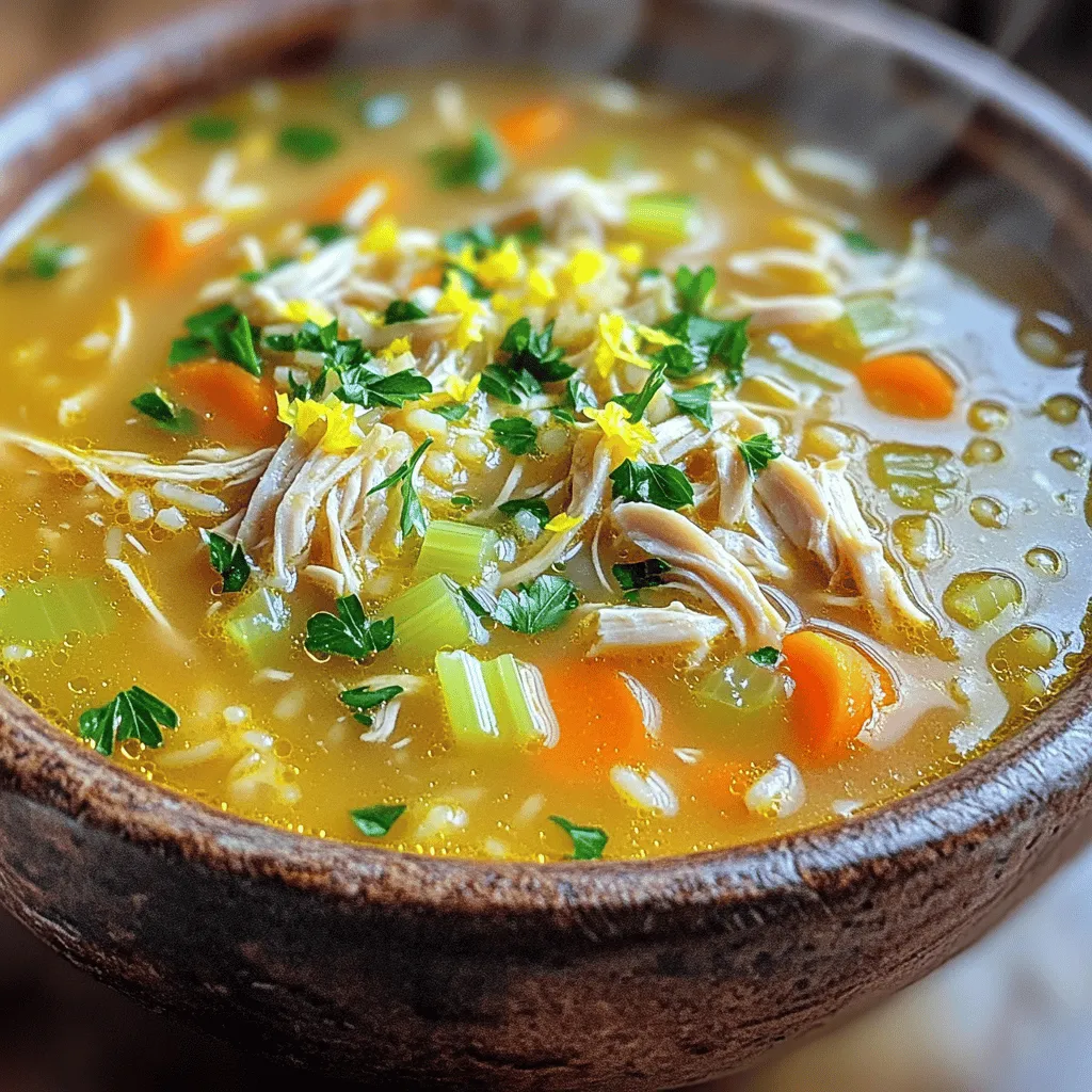 - 1 tablespoon extra virgin olive oil - 1 medium onion, finely chopped - 2 cloves garlic, minced - 2 medium carrots, peeled and diced - 2 celery stalks, diced - 1 pound boneless, skinless chicken breasts - 6 cups low-sodium chicken broth - 1 cup long-grain rice (uncooked) - 1 teaspoon dried thyme - 1 teaspoon dried oregano - Sea salt and freshly ground black pepper to taste - Juice of 1 juicy lemon - Fresh parsley, chopped, for garnish Gathering these ingredients makes cooking easy. I love using olive oil for that rich flavor. The onion and garlic add a nice base. Carrots and celery bring color and crunch. Boneless chicken breasts are perfect for easy shredding. Low-sodium broth keeps it healthy and tasty. Long-grain rice cooks well in the soup. Thyme and oregano add warmth to every bite. Seasoning with salt and pepper enhances the taste. A squeeze of lemon brightens the soup. Finally, fresh parsley adds a pop of color. For the full experience, you can follow the Full Recipe for step-by-step guidance on making this delightful dish. - Step 1: Sautéing Vegetables Begin by warming the olive oil in a large pot over medium heat. Once it is hot, add the chopped onion. Sauté for about five minutes until the onion turns soft and clear. Then, add the minced garlic, diced carrots, and diced celery. Cook for another three to four minutes. This step helps release all the great flavors from the veggies. - Step 2: Cooking Chicken Next, place the chicken breasts in the pot. Pour in the low-sodium chicken broth and stir to combine. Bring the mixture to a gentle boil. This will take a few minutes. Once it boils, reduce the heat to low. Let the chicken simmer for about 15 minutes. You want the chicken fully cooked and tender. - Step 3: Shredding Chicken and Adding Rice After the chicken is cooked, carefully take it out of the pot. Place it on a cutting board. Use two forks to shred the chicken into small pieces. Return the shredded chicken to the pot. Now, stir in the uncooked rice, dried thyme, and dried oregano. Season with salt and pepper. Mix everything well. Cover the pot and let it simmer for 20 to 25 minutes. The rice will absorb the broth and become soft. - Step 4: Simmering Rice Keep the pot covered during this time. Check the rice after about 20 minutes. It should be tender and fluffy. If you need more broth, feel free to add a bit more water or broth. Stir gently to ensure nothing sticks to the bottom. - Step 5: Adding Lemon Juice and Serving Just before you serve, squeeze in the juice of one lemon. This adds a bright flavor that lifts the soup. Taste it and adjust the seasoning if needed. Now, it’s time to serve! Ladle the soup into bowls and sprinkle fresh parsley on top for color and taste. Enjoy your heartwarming chicken and rice soup! For the full recipe, check the detailed steps above. How to Achieve the Perfect Soup Base To make a great soup base, start by sautéing the onion in olive oil. This adds flavor and depth. Cook the onion until it's soft and clear. Next, add garlic, carrots, and celery. Cooking these veggies helps to build a rich taste. Use low-sodium chicken broth for a balanced flavor. You want the broth to shine through, not overpower. Time-saving Suggestions for Prep You can save time by prepping your ingredients ahead. Chop the onion, garlic, carrots, and celery in advance. Store them in the fridge for easy access. Another tip is to use a rotisserie chicken. It cuts down on cooking time and still gives great flavor. You can also use a rice cooker for the rice while you cook the soup. It frees up your pot and makes cooking easier. Ideal Pairings with the Soup This soup pairs well with crusty bread or a simple salad. The bread is perfect for dipping. A light green salad adds freshness and crunch. You can also serve it with crackers for a fun twist. Garnishing Ideas for Presentation Garnishing makes the soup look appealing. A sprinkle of fresh parsley adds color. You can also add a slice of lemon on the side. It gives a bright touch and extra zest. For a cozy feel, serve it in a big bowl. Enjoy every comforting spoonful of your Easy Chicken and Rice Soup. For the full recipe, check out the details above. {{image_4}} Dairy-Free Options If you need a dairy-free version, simply skip any cream or milk. Use olive oil for flavor. You can also add coconut milk for a creamy touch without dairy. Using Brown Rice or Quinoa Want to switch things up? Brown rice or quinoa can replace white rice. Brown rice adds a nutty flavor and takes longer to cook. Quinoa cooks faster and adds protein. Adjust your cooking time as needed for either option. Additions for Spicy Kick If you like heat, add crushed red pepper flakes or diced jalapeños. These will give your soup a nice spicy twist. Start with a small amount and add more to taste. Incorporating Seasonal Vegetables Seasonal vegetables like zucchini, spinach, or green beans can make your soup even better. Chop them and add them in the last few minutes of cooking. This keeps them fresh and bright in flavor. For the Full Recipe, follow the steps I outlined earlier. To keep your Easy Chicken and Rice Soup fresh, store it in the fridge. Use an airtight container for best results. Make sure the soup cools to room temperature before sealing it. This helps prevent moisture buildup. Your soup stays fresh for up to three days. When you want to enjoy it again, simply reheat it on the stove or in the microwave. Stir well to ensure even heating. If you want to keep the soup longer, freezing is a great option. First, let the soup cool completely. Then, pour it into freezer-safe containers or resealable bags. Leave some space at the top as the soup will expand when frozen. Label the bags with the date. This soup freezes well for up to three months. When you're ready to eat, thaw it overnight in the fridge. Reheat it gently on the stove, adding a little broth if needed. Enjoy your homemade meal anytime! For the full recipe, check out the details above. How long does Easy Chicken and Rice Soup last in the fridge? This soup lasts about 3 to 4 days in the fridge. Always store it in an airtight container. Can I make this soup ahead of time? Yes, you can make it ahead of time. It tastes even better the next day! Just reheat it gently on the stove. What can I use instead of chicken breasts? You can use thighs or even shredded rotisserie chicken. Thighs add more flavor, while rotisserie chicken saves time. Is this soup gluten-free? Yes, this soup is gluten-free as long as you use gluten-free broth. Check the labels to be safe. Can I use rotisserie chicken for added convenience? Absolutely! Rotisserie chicken is a great shortcut. Just shred it and add it to the soup at the end. For the full recipe, check out the detailed instructions above. You can make a delicious chicken and rice soup with simple steps and fresh ingredients. Start by sautéing veggies and cooking tender chicken. Don’t forget to add rice and finish with lemon juice. Remember, you can customize the dish with various herbs or seasonings. Store leftovers properly to enjoy later. With these tips and tricks, you can create a comforting meal that satisfies. Try it out and make it your own!