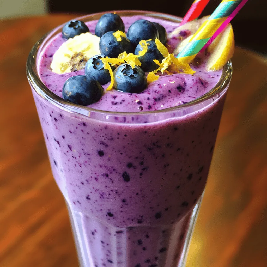 To make the Lemon Blueberry Protein Shake, you will need simple and fresh ingredients. Here’s what you need: - 1 cup fresh or frozen blueberries - 1 ripe banana, peeled and sliced - 1 cup unsweetened almond milk (or your choice of milk) - 1 scoop vanilla or lemon-flavored protein powder - 1 tablespoon honey or maple syrup (optional, for natural sweetness) - 1 tablespoon chia seeds (optional, for an added fiber boost) - Juice of 1 large lemon - Zest of 1 lemon - Ice cubes (optional, for a refreshing chill) These ingredients help create a tasty and healthy shake. The blueberries add sweetness and antioxidants. The banana gives it a creamy texture. Almond milk keeps it light and dairy-free. Using protein powder boosts its nutrition, helping you feel full longer. You can add honey or maple syrup for extra sweetness if you like. Chia seeds give a nice crunch and more fiber. The lemon juice and zest enhance the flavor, making it zesty and fresh. Ice cubes can make it extra cold, perfect for hot days. For the full recipe, check my detailed instructions for blending this energizing mix into a delicious drink. - First, add the blueberries, banana, almond milk, protein powder, lemon juice, and lemon zest into your blender. - If you want extra sweetness, drizzle in honey or maple syrup. You can also toss in chia seeds for more fiber. - Blend the ingredients on high speed until the mixture is smooth and creamy. If you want it colder, add ice cubes and blend again. - Taste your shake. If it needs more sweetness or thickness, add extra almond milk or sweetener and blend again. - Pour the protein shake into a tall glass. - To make it look nice, garnish with a few fresh blueberries and a sprinkle of lemon zest. Use a colorful straw for a fun touch! Enjoy your zesty blueberry lemon shake! If you want the complete instructions, check the Full Recipe. - Choosing the right protein powder: Pick a protein powder that you enjoy. Vanilla or lemon flavors work great for this shake. Make sure it mixes well too. A good blend helps the flavors shine through. - Balancing flavors with sweeteners: Use honey or maple syrup as a sweetener. Start with a small amount and taste the shake. You can always add more if needed. This way, you control the sweetness and keep it healthy. - Using fresh versus frozen ingredients: Fresh blueberries give a bright taste. Frozen blueberries can chill the shake and make it thicker. Both options work well. Choose based on your preference and what you have at home. - Benefits of chia seeds: Chia seeds add fiber and healthy omega-3s. They help keep you full and support digestion. Just one tablespoon boosts the shake’s nutrition without changing the taste much. - Other superfood additions: You can add spinach or kale for extra greens. They blend well and don’t change the flavor. Try adding a tablespoon of nut butter for healthy fats. These small changes can make your shake even better. For the complete process, check out the Full Recipe. Enjoy creating this energizing and healthy mix! {{image_4}} You can make your shake even better with some fun twists. Adding spinach or kale gives it a green boost. It’s a great way to sneak in some veggies. You won’t taste them much, but you’ll get the health benefits. You can also swap fruits for more variety. Try strawberries or mangoes for a different flavor. Each fruit brings its own sweetness. This lets you mix and match based on what you like or have at home. If you want to change up the milk, you have options. Whole milk makes your shake creamier. Coconut milk adds a tropical vibe and a hint of sweetness. You can also use yogurt for a thicker shake. Yogurt gives a nice tartness and adds protein too. These choices let you fit the shake into your diet better. Choose what works for you. It’s all about finding your perfect mix. You can find the full recipe in the previous section. After making your lemon blueberry protein shake, you may have some left. Store any leftovers in a sealed container. The fridge is the best place for this shake. It will stay fresh for up to 24 hours. To keep it tasting great, try to drink it soon. The shake may separate over time. If that happens, just give it a quick stir before drinking. This helps mix the flavors back together. You can also freeze the shake if you want to save it for later. Pour the shake into ice cube trays or freezer-safe bags. If using bags, remove as much air as you can before sealing. This helps prevent freezer burn. The shake can last for up to a month in the freezer. When you want to enjoy your shake, take it out and let it thaw in the fridge overnight. If you need it faster, you can leave it at room temperature for a couple of hours. Blend it again after defrosting to make it smooth. This way, you can enjoy the same delicious taste as when it was fresh. Can I make this shake without a blender? Yes, you can make this shake by mixing ingredients in a jar. Use a fork to mash the banana and blueberries. Stir in the milk, protein powder, lemon juice, and zest. It may not be as smooth, but it will still taste great. How can I increase the protein content? You can boost protein by adding more protein powder. Consider including Greek yogurt or cottage cheese for extra protein. You can also add nuts or seeds, like almonds or hemp seeds, to enhance the protein level. Is this shake suitable for meal replacement? Yes, this shake can work as a meal replacement. It has protein, healthy carbs, and fats if you add chia seeds. Just ensure it fits your daily calorie needs and includes sufficient nutrients. What are the macros for the Lemon Blueberry Protein Shake? This shake typically has about 250 calories. It offers around 20 grams of protein, 30 grams of carbs, and 5 grams of fat. These numbers might change based on your specific ingredients and amounts. How does this shake fit into a balanced diet? This shake fits well in a balanced diet. It provides protein for muscle repair, carbs for energy, and healthy fats if you add chia seeds. Pair it with other meals rich in vegetables and whole grains for the best nutrition. This blog post covered how to make a Lemon Blueberry Protein Shake. We listed the needed ingredients and shared step-by-step instructions. You learned tips for the best taste and nutritional boosts. We explored flavor variations and how to store leftovers. In conclusion, this shake is healthy and tasty. It fits your diet and is easy to customize. Enjoy making this shake to fuel your day!