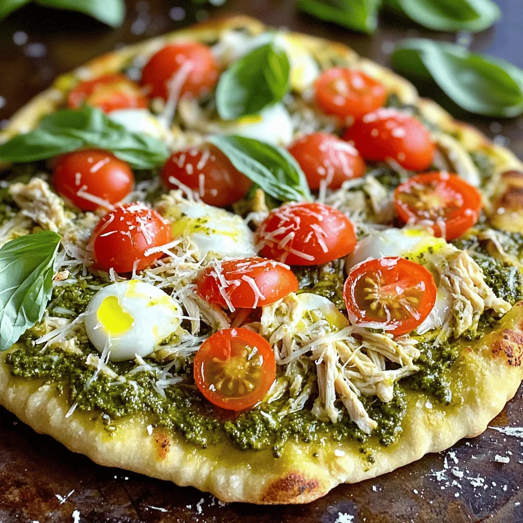 - 2 flatbreads (your choice, store-bought or homemade) - 1 cup cooked chicken breast, shredded or diced - 1/2 cup pesto sauce (prepared or homemade) - 1 cup cherry tomatoes, halved - 1 cup mozzarella cheese, shredded - 1/4 cup parmesan cheese, grated - 1 tablespoon olive oil - Salt and freshly ground black pepper to taste - Fresh basil leaves for garnish You can swap flatbreads for pita or naan. If you have leftover rotisserie chicken, use it for quick prep. For a dairy-free option, try vegan cheese or skip the cheese altogether. You can use spinach or arugula instead of basil for a different flavor. Using fresh ingredients makes a big difference in flavor. Fresh basil adds a bright, aromatic touch. Juicy cherry tomatoes burst with flavor and moisture. Quality cheese melts better and tastes richer. Fresh chicken enhances the dish's overall quality. Always choose what's in season for the best taste. This ensures your pesto chicken flatbread is not only tasty but also colorful and appealing. For more details, check the Full Recipe. Making pesto chicken flatbread is quick and easy. You will need just a few steps to create a tasty meal. Gather your ingredients first. Preheat the oven to 400°F (200°C). This gets it ready for the flatbreads. Line a baking sheet with parchment paper. This makes cleanup easy. 1. Mix Chicken and Pesto: In a bowl, combine the shredded chicken with pesto. Stir until the chicken is well coated. 2. Spread the Mixture: Take the pesto chicken and spread it evenly on each flatbread. Make sure every part has some chicken. 3. Add Cherry Tomatoes: Place the halved cherry tomatoes on top of the chicken. This adds color and flavor. 4. Cheese Time: Sprinkle shredded mozzarella over the tomatoes. Then add grated parmesan on top for extra taste. 5. Season and Oil: Drizzle olive oil over the flatbreads. Season with salt and black pepper to taste. 6. Bake: Place the baking sheet in the oven. Bake for 12 to 15 minutes. You want the cheese to melt and get bubbly. 7. Cool and Slice: Once baked, take the flatbreads out. Let them cool for a minute, then slice into pieces. Garnish with fresh basil leaves for a pop of color. This also adds a nice aroma. Serve the flatbreads on a wooden board. For a special touch, drizzle some extra pesto on top. This makes the dish look and taste even better. Enjoy your flavorful pesto chicken flatbread! For the complete recipe, check out the Full Recipe section. To get a great flatbread, start with the right type. You can use store-bought or homemade flatbreads. If you want a crispier base, bake them for a few minutes before adding toppings. This helps remove moisture and gives a nice crunch. Also, avoid overloading with sauce or toppings. Less is more! This way, your flatbread stays firm and tasty. For the best cheese melt, use a mix of mozzarella and parmesan. Mozzarella gives that gooey stretch, while parmesan adds a nice flavor. Grate your cheese instead of using blocks. Grated cheese melts quicker and more evenly. When you sprinkle cheese, do it evenly across the surface. This helps it melt without burning. Lastly, bake at the right temperature: 400°F (200°C) works wonders for a perfect melt. Feel free to spice up your flatbread! You can add veggies like bell peppers, onions, or spinach. If you love heat, try adding jalapeños or red pepper flakes. For a twist, use different proteins. Cooked shrimp or even roasted vegetables work great. You can even change the sauce! Instead of pesto, try a spicy aioli or a classic marinara. This gives you endless options to make each flatbread unique. For more ideas, check out the Full Recipe. {{image_4}} You can easily turn this dish into a vegetarian treat. Start with the flatbread base. Instead of chicken, use your favorite veggies. Try bell peppers, zucchini, or spinach. Spread the pesto sauce as usual. Top with mozzarella and parmesan cheese. Bake until the cheese melts and the edges turn golden. This version is fresh, colorful, and packed with flavor. Want a kick? Make a spicy pesto chicken flatbread. Add red pepper flakes to your pesto sauce. This will give the chicken an exciting heat. Feel free to add jalapeños or spicy sausage too. The mozzarella cheese will balance the heat. Bake as directed. You’ll enjoy a flatbread that’s both savory and spicy. For a gluten-free option, choose gluten-free flatbreads. Many stores offer good choices. You could also use cauliflower crusts. This keeps the dish light and tasty. Just follow the same steps from the full recipe. You’ll still enjoy all the flavors without the gluten. The result is a satisfying meal that everyone can enjoy. To keep your pesto chicken flatbread fresh, store any leftovers in an airtight container. Let the flatbreads cool down first. This helps to avoid sogginess. You can keep them in the fridge for up to three days. If you want to save them longer, consider freezing. To reheat your flatbread, preheat your oven to 350°F (175°C). Place the flatbreads on a baking sheet. Bake them for about 10 minutes. This warms them up and keeps the crust crispy. You can also use a microwave, but it may make the flatbread soft. You can freeze pesto chicken flatbread for quick meals later. Wrap each flatbread tightly in plastic wrap. Then, place them in a freezer-safe bag. They can last for up to three months in the freezer. When you’re ready to enjoy, thaw them overnight in the fridge before reheating. For best results, bake them again to restore their texture. Yes, you can use store-bought pesto. It saves time and still tastes great. Look for fresh varieties in the fridge section. They usually have better flavor than shelf-stable jars. Just make sure it has quality ingredients. This choice is quick and easy, perfect for busy days. Making homemade pesto is simple and fun. Here’s a quick recipe to try: - 2 cups fresh basil leaves - 1/2 cup grated Parmesan cheese - 1/2 cup olive oil - 1/3 cup pine nuts - 2 garlic cloves - Salt and pepper to taste 1. Blend basil, garlic, and pine nuts in a food processor. 2. Slowly add olive oil while blending. 3. Mix in Parmesan, salt, and pepper until smooth. This fresh pesto adds a unique taste to your flatbread. You can adjust the flavors as you wish! Pesto Chicken Flatbread pairs nicely with light sides. Here are some ideas: - Simple green salad: Toss mixed greens with a light vinaigrette. - Roasted vegetables: Carrots, bell peppers, and zucchini add color and nutrients. - Garlic bread: A crunchy side that complements the flatbread well. - Fruit salad: Fresh fruit adds a sweet touch to balance the savory flatbread. These sides enhance your meal and make it more satisfying. Enjoy the flavors together! This blog post explored making delicious flatbread with fresh ingredients. We covered the key ingredients, substitutions, and the value of using fresh produce. You learned about cooking steps, how to make your flatbread just right, and tips for perfect cheese melting. We also shared fun variations like vegetarian and gluten-free options. Lastly, we discussed how to store leftovers and answered common questions. Simple and tasty meals are within reach. Enjoy cooking, and let your creativity shine!
