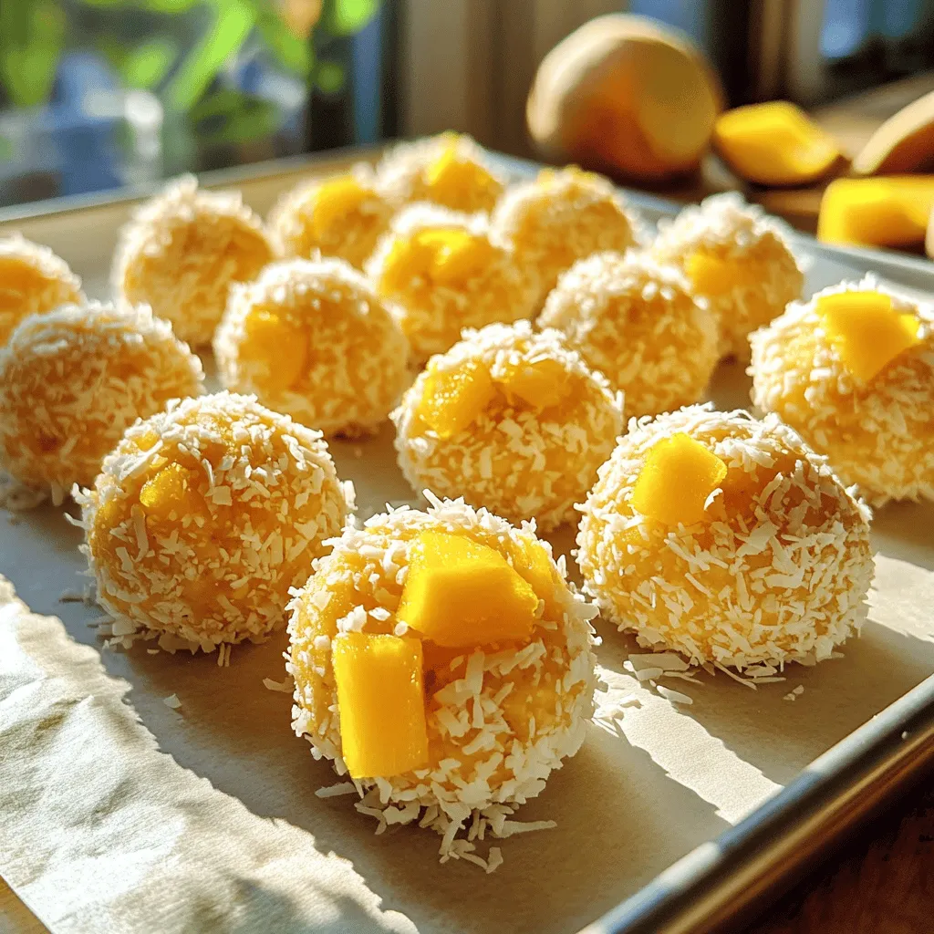 To make delicious Mango Coconut Energy Balls, gather these simple ingredients: - 1 cup dried mango, finely chopped - 1 cup unsweetened shredded coconut, plus extra for rolling - 1 cup rolled oats - 1/2 cup almond butter (or your preferred nut butter) - 1/4 cup honey (or maple syrup for a vegan option) - 1/4 cup chia seeds - 1 teaspoon vanilla extract - Pinch of sea salt These ingredients work together to create a tasty snack. Dried mango brings a sweet and fruity taste. Unsweetened shredded coconut adds a wonderful texture. Rolled oats provide a hearty base, while almond butter adds creaminess. Honey or maple syrup gives just the right amount of sweetness. Chia seeds boost nutrition with fiber and protein. Vanilla extract enhances the flavor, and sea salt balances the sweetness. You can find this recipe in full detail in the Full Recipe section. Gather these ingredients, and you are ready to start making a snack that is healthy and fun! Start by gathering your dry ingredients. In a large bowl, mix together the dried mango, shredded coconut, and rolled oats. This mix gives your energy balls flavor and texture. Stir well to ensure even distribution. Each bite should have a taste of mango, coconut, and oats. In another bowl, combine the almond butter, honey, chia seeds, vanilla extract, and a pinch of sea salt. Use a spoon or spatula to blend everything together. Your goal is to achieve a smooth consistency. This creamy mix will help bind the dry ingredients later. Now, gently pour the wet mixture into the bowl with the dry ingredients. Mix everything together thoroughly. Use your hands or a spatula to ensure it forms a cohesive mixture. If you find the mixture too sticky, add a little more shredded coconut or oats. This will help adjust the consistency to what you want. Once your mixture is well combined, cover the bowl. Place it in the refrigerator for about 30 minutes. Chilling the mixture helps it firm up, making it easier to shape. After chilling, scoop out portions and roll them into small balls, about 1 inch in diameter. For extra coconut flavor, roll the balls in more shredded coconut. Arrange them on a tray lined with parchment paper. Finally, chill them again for another 30 minutes to set properly. For the full recipe, check out the section above. To get the right texture, adjust the stickiness. You can add more oats or coconut if the mix is too wet. This helps the energy balls hold their shape. Another key step is chilling the mixture. After mixing, let it rest in the fridge for about 30 minutes. This helps firm it up, making rolling easier. These mango coconut energy balls are great on their own, but you can enjoy them in different ways. Pair them with a cup of herbal tea or a smoothie for a tasty snack. You can also crumble them over yogurt for added texture and flavor. To keep your energy balls fresh, store them in an airtight container. A glass jar works well and keeps them from getting squished. They will stay tasty in the fridge for up to one week. If you want to save them longer, consider freezing them. Just remember to thaw them before eating. {{image_4}} You can make Mango Coconut Energy Balls even better. Try adding nuts or seeds. Walnuts or pumpkin seeds add crunch and nutrition. You can also mix in spices like cinnamon. A sprinkle of cinnamon will bring warmth and depth to the flavor. If you want a vegan option, swap honey for maple syrup. This keeps the energy balls sweet without any animal products. For those needing gluten-free snacks, use gluten-free rolled oats. This way, everyone can enjoy them! Feel free to choose different dried fruits. Dried apricots or dates also work great. They add sweetness and a nice chew. If you want to change the nut butter, try sunflower seed butter or cashew butter. These alternatives keep the energy balls creamy and tasty. For the full recipe, check the earlier section. Each serving of Mango Coconut Energy Balls has about 150 calories. You get 4 grams of protein, 7 grams of fat, and 20 grams of carbohydrates. These snacks are a great source of energy and nutrients. They provide healthy fats and fiber while keeping sugars low. The ingredients in these energy balls offer many benefits. Dried mango is rich in vitamins A and C. Unsweetened shredded coconut gives you fiber and healthy fats. Almond butter adds protein and healthy monounsaturated fats. Chia seeds are packed with omega-3 fatty acids and antioxidants. Together, they give you an energy boost. They also help you feel full and satisfied. For most diets, one energy ball is a perfect snack. It provides a good mix of nutrients without too many calories. If you are active, you might want two balls. Enjoy them as a quick snack between meals or after workouts. Aim to have them every few hours if you need extra energy. These energy balls last about one week in the fridge. To keep them fresh, store them in an airtight container. You can also use wax paper between layers to prevent sticking. This way, you can grab a snack anytime! Yes, you can freeze these energy balls. To freeze, place them in a single layer on a tray. Once they are frozen solid, transfer them to a freezer-safe bag. When you want to eat them, just thaw overnight in the fridge. They will taste great! Absolutely! These energy balls are healthy and fun for kids. They contain dried mango, oats, and nut butter, which provide good energy. You can serve them as a snack or after school treat. Just watch for any nut allergies if you use nut butter. Yes, you can make these energy balls without nuts. Simply use sunflower seed butter or tahini instead of almond butter. These substitutes keep the texture and flavor nice. Your energy balls will still be tasty and healthy! Mango Coconut Energy Balls are a tasty, healthy snack you can make easily. We covered the ingredients, mixing steps, tips to get the best texture, and storage advice. These energy balls provide great energy and can fit many diets. Experiment with flavors and find what you like best. Enjoy making and sharing these bites! With simple steps, you can create a nutritious treat everyone will love. Keep these snacks handy for when you need a boost of energy.