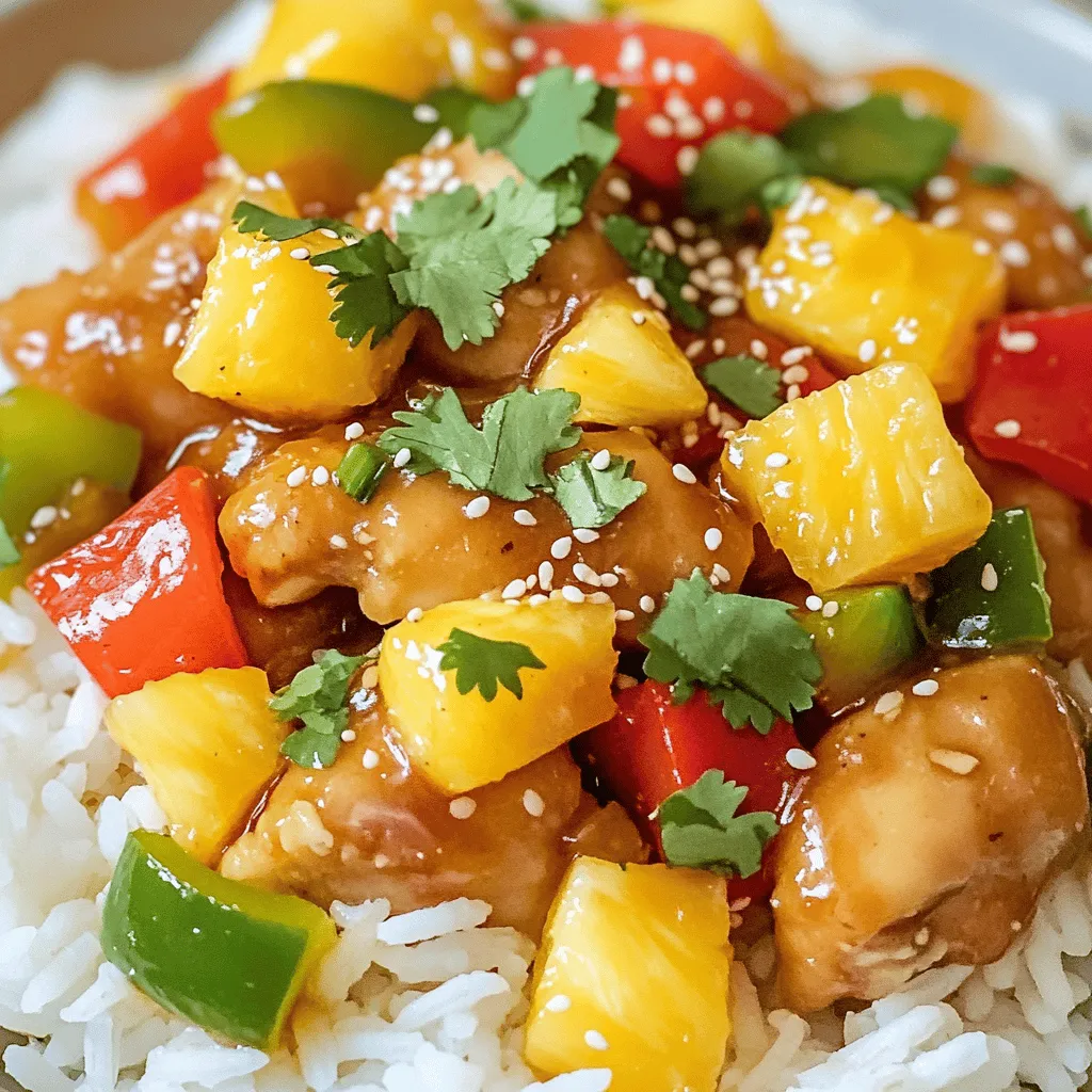 - 1 lb boneless chicken thighs - 1 cup mixed bell peppers - 1 medium onion - 1 cup pineapple chunks - 1/4 cup honey - 1/4 cup apple cider vinegar - 1/4 cup ketchup - 1 tablespoon soy sauce - 1 tablespoon cornstarch - 1 tablespoon vegetable oil - 2 cloves garlic - Salt and pepper to taste - Cooked rice for serving - Garnishes: sesame seeds, fresh cilantro Sweet and sour chicken has a balance of flavors that makes it a family favorite. I use boneless chicken thighs for their juicy texture. The mix of bell peppers adds color and crunch. Pineapple chunks bring a sweet touch that complements the savory sauce. The sauce is key! I mix honey for sweetness, apple cider vinegar for tang, and ketchup for depth. Soy sauce adds a savory note, while cornstarch thickens the sauce to the right consistency. For cooking, vegetable oil helps to get a nice sear on the chicken. I love to add minced garlic for extra flavor. Salt and pepper enhance the overall taste. I serve this dish over fluffy cooked rice, topped with sesame seeds and cilantro for the perfect finish. You can find the full recipe in the earlier sections, which will guide you through making this delightful dish at home! To start, mix honey, apple cider vinegar, ketchup, soy sauce, salt, and pepper in a bowl. This mixture creates a tasty marinade. Add the chicken pieces and toss them well. Cover the bowl and let the chicken soak in the fridge for at least 30 minutes. This step helps the chicken absorb all those great flavors. While the chicken marinates, take a small bowl. In it, mix one tablespoon of the marinade with cornstarch. Stir until the mixture is smooth. Set this aside for later. This will help thicken the sauce. Now, heat the vegetable oil in a large skillet over medium heat. Once hot, add the marinated chicken. Cook the chicken for about 5 to 7 minutes. Stir often until it is browned and fully cooked. After cooking, take the chicken out and set it on a plate. Next, add sliced onion and diced bell peppers to the same skillet. Sauté these for about 3 to 4 minutes until they soften. Add minced garlic and cook for one more minute until it smells great. Return the cooked chicken to the skillet with the veggies. Add pineapple chunks and any leftover marinade. Mix everything well to combine the flavors. Slowly pour in the cornstarch mixture while stirring. Keep cooking for about 2 to 3 minutes until the sauce thickens. Taste the sweet and sour chicken and adjust the seasoning with salt and pepper if needed. Serve the dish over a bed of fluffy rice. For a nice touch, sprinkle some sesame seeds and fresh cilantro on top. This adds flavor and makes it look great! For the full recipe, check out Tangy Bliss Sweet and Sour Chicken. To get crispy chicken, marinating is key. Marinate your chicken for at least 30 minutes. This helps the chicken soak up all the flavors. When you cook, use medium heat. This ensures that the chicken cooks through without burning. Cook for about 5-7 minutes, turning often. This will give you that nice, golden brown crust. Want to amp up the taste? Add spices like ginger or chili flakes. A little heat goes a long way. You can also use fresh pineapple. It adds a sweet and tangy flavor that really pops. Fresh fruit gives the dish a bright, sunny taste. How you serve your dish matters. Use a wide-rimmed bowl for a nice look. Place fluffy rice in the center. Layer the colorful chicken and veggies on top. For a final touch, sprinkle sesame seeds and cilantro. This adds texture and color. Consider adding lime wedges on the side for a zesty kick. Presentation makes your meal more inviting and fun! {{image_4}} You can make sweet and sour chicken vegetarian. Instead of chicken, use tofu or tempeh. Both options soak up flavors well. Tofu gives a soft texture, while tempeh offers a nutty taste. For the sauce, you can use vegetable-based sauces. These give the same tangy flavor without meat. If you want a healthier dish, try these swaps. Substitute honey with a sugar-free option. This keeps the sweetness but cuts out extra calories. You can also add more veggies for a nutrient boost. Carrots, broccoli, or snap peas add color and vitamins. They make the dish more filling and healthy. Get creative with your sweet and sour chicken. You can add spices from different cuisines. For example, try adding ginger for a zesty kick or chili flakes for heat. Another fun idea is a fusion concept. Use the sweet and sour filling in tacos. This gives a fresh twist on a classic dish and makes it exciting! To keep your sweet and sour chicken fresh, store leftovers in the fridge. Use an airtight container. This seals in moisture and flavor. Make sure to cool the chicken before sealing it. For freezing, place the chicken in a freezer-safe bag. Remove as much air as possible before sealing. This prevents freezer burn and keeps it tasty. When you're ready to enjoy leftovers, reheat them carefully. Use a skillet over medium heat for the best results. Add a splash of water to keep the chicken moist. Stir often until it's heated through. You can also use the microwave. Place the chicken in a microwave-safe bowl, cover it with a damp paper towel, and heat in short bursts. This helps maintain the texture. Sweet and sour chicken lasts about 3 to 4 days in the fridge. If you freeze it, it can stay good for about 2 to 3 months. Just remember to label the container with the date. This way, you’ll know when to enjoy your tangy dish again. Sweet and sour chicken has a mix of flavors. You use chicken, vegetables, and a special sauce. Common ingredients include: - 1 lb boneless chicken thighs - 1 cup mixed bell peppers - 1 medium onion - 1 cup pineapple chunks To make it, you start by marinating chicken in a sweet sauce. This sauce usually has honey, vinegar, and ketchup. Then, you cook the chicken until it’s brown. After that, you sauté the vegetables and mix everything together. The pineapple adds a nice sweet touch. Yes, you can make sweet and sour chicken ahead. This saves time on busy days. Here are some tips for meal prepping: - Marinate the chicken the night before. This helps the flavors soak in. - Cook the chicken and vegetables, but keep them separate if you can. This keeps the chicken crispy. - Store the cooked chicken and veggies in airtight containers. They can last up to three days in the fridge. - Reheat them together before serving. Add a splash of water to keep the sauce smooth. You can enjoy sweet and sour chicken with several side dishes. They help round out your meal. Great options include: - Steamed rice - Fried rice - Noodles - A side salad As for drinks, try serving it with a refreshing iced tea or a light soda. They balance the flavors nicely. Traditional sweet and sour chicken is not gluten-free because of soy sauce. But you can make it gluten-free. Here’s how: - Use tamari instead of soy sauce. Tamari is made without wheat. - Check labels on ketchup and other sauces. Some brands offer gluten-free options. - Always look for gluten-free starch to thicken your sauce. Cornstarch works well. With these adjustments, you can enjoy sweet and sour chicken without worry. For the full recipe, check out the Tangy Bliss Sweet and Sour Chicken. This blog post covered how to make sweet and sour chicken. We discussed the key ingredients, including chicken, peppers, and pineapple. I shared step-by-step instructions to ensure your chicken comes out tasty. You also learned tips for flavor, presentation, and various diet options. In the end, you can enjoy a delicious meal while being creative. Experiment with different flavors and enjoy every bite! Happy cooking!
