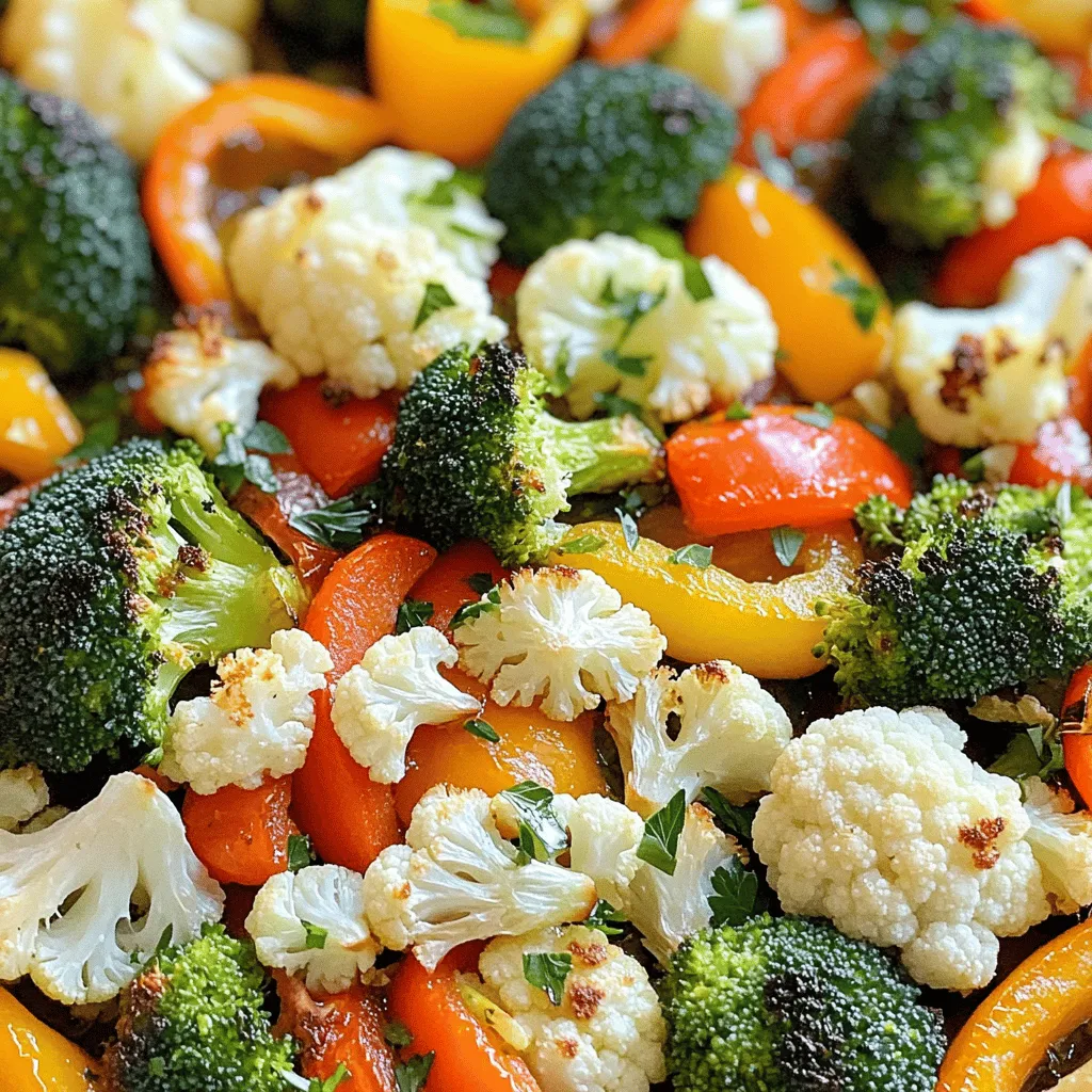 - 2 cups fresh broccoli florets - 2 cups fresh cauliflower florets - 1 cup carrots, sliced into thin rounds - 1 cup bell peppers, chopped into bite-sized pieces (any color you prefer) - 1/4 cup high-quality olive oil - 6 cloves garlic, finely minced - 2 teaspoons dried thyme - 2 teaspoons dried oregano - 1 teaspoon sea salt - 1/2 teaspoon freshly ground black pepper - 1 tablespoon balsamic vinegar (optional, for an additional flavor dimension) - Fresh parsley, finely chopped (for garnish) Gather these fresh ingredients for your garlic herb roasted veggies. The mix of broccoli, cauliflower, carrots, and bell peppers brings color and nutrition. The garlic and herbs add a warm, savory touch. The olive oil helps the veggies roast beautifully, making them tender and crisp. If you want to add extra flavor, balsamic vinegar works well. Finish with parsley for a pop of freshness. You can find the full recipe linked above for more details! 1. Preheat the oven Begin by preheating your oven to 400°F (200°C). This temperature helps the veggies roast evenly. A hot oven makes all the difference in the final taste. 2. Prepare the vegetables In a large bowl, add 2 cups of broccoli florets, 2 cups of cauliflower florets, 1 cup of sliced carrots, and 1 cup of chopped bell peppers. Mix them gently to combine. Make sure to wash the veggies before cutting. Fresh veggies always taste better! 3. Whisk the seasoning mixture In a small bowl, whisk together 1/4 cup of olive oil, 6 minced garlic cloves, 2 teaspoons of dried thyme, 2 teaspoons of dried oregano, 1 teaspoon of sea salt, and 1/2 teaspoon of black pepper. If you want extra flavor, add 1 tablespoon of balsamic vinegar. This mix brings all the tasty herbs together. 4. Coat the vegetables Drizzle the olive oil mixture over the vegetables. Use your hands or a large spoon to toss them well. Ensure every piece is coated with the flavorful oil and herbs. This step is key for a tasty outcome. 5. Spread on a baking sheet Line a large baking sheet with parchment paper. This makes cleanup a breeze. Spread the seasoned vegetables in a single layer. Avoid crowding them; this helps them roast nicely. 6. Roasting time and stirring instructions Roast the veggies for 25-30 minutes. At around 15 minutes, take the sheet out and give the veggies a gentle stir. This helps them cook evenly and develop a nice brown color. Once done, they should be tender and golden brown. Enjoy the smell wafting through your kitchen! For the complete recipe, check the [Full Recipe]. To get the best roast, set your oven to 400°F (200°C). This heat works well for making veggies tender and golden. If your oven runs hot, you might want to lower it slightly. Cutting your vegetables the right way is key. Aim for similar sizes to ensure even cooking. For example, cut broccoli and cauliflower into bite-sized pieces. Slice carrots thinly to match the cooking time of other veggies. This way, everything cooks evenly. Herbs and spices bring your veggies to life. Use dried thyme and oregano for a classic taste. If you want a kick, add a pinch of red pepper flakes. Fresh herbs like rosemary or basil also work wonderfully. For garnishes, try adding a sprinkle of fresh parsley. This adds color and flavor. A drizzle of balsamic vinegar just before serving can also enhance the taste. You can even experiment with lemon zest for a zesty finish. These simple tips can make your garlic herb roasted veggies shine. For the complete process, check out the Full Recipe. {{image_4}} You can change up the veggies based on what you have. Seasonal veggies always taste best. Consider using: - Zucchini - Asparagus - Brussels sprouts - Sweet potatoes These options add new flavors and textures. If you have allergies, swap out any veggie. For example, use snap peas instead of carrots or eggplant instead of bell peppers. To spice things up, try different seasonings. You can make your veggies spicy by adding: - Red pepper flakes - Smoked paprika For a sweet twist, consider using: - Maple syrup - Honey You can also use fresh herbs. They add brightness and depth. If you have fresh thyme or cilantro, chop them up and mix them in. This makes the dish vibrant and fresh. Explore these variations to find your favorite mix! For the full recipe, check out the [Full Recipe]. To keep your garlic herb roasted veggies fresh, store them in the fridge. Place them in an airtight container. They will stay good for about 3 to 4 days. If you want to keep them longer, freezing is a great option. You can freeze them for up to 3 months. Just make sure they cool down before you pack them away. When you want to enjoy your leftovers, reheating them is easy. The oven works best for keeping their texture. Preheat your oven to 350°F (175°C). Spread the veggies in a single layer on a baking sheet. Heat them for about 10 to 15 minutes. This will help them stay crisp and tasty. You can also use a microwave if you're in a hurry. Just heat them in short bursts, stirring in between, to avoid sogginess. Enjoy these tasty treats again! To make garlic herb roasted veggies vegan, simply replace the balsamic vinegar with a vegan-friendly option or omit it entirely. The rest of the ingredients are already plant-based. You can also add more herbs or spices to boost flavor without any animal products. Yes, you can use frozen vegetables for roasting. Just ensure they are not stuck together. Thaw them first and pat them dry to avoid excess moisture. This helps them crisp up nicely in the oven. Keep in mind that frozen veggies may cook faster than fresh ones, so watch them closely. Garlic herb roasted veggies pair well with many dishes. They complement grilled chicken, fish, or tofu perfectly. You can also serve them alongside pasta or quinoa. They add color and taste to salads or serve as a tasty side dish at any meal. For more ideas, check the Full Recipe for inspiration! In this post, we explored how to make garlic herb roasted vegetables. We covered key ingredients like broccoli and carrots, and the best seasoning mix. I shared step-by-step instructions for preparing, mixing, and roasting. Tips on achieving the perfect roast and variations let you customize based on your taste. Proper storage and reheating methods keep leftovers fresh. By following this guide, you can enjoy delicious, healthy veggies anytime. Embrace your creativity and make this dish your own!