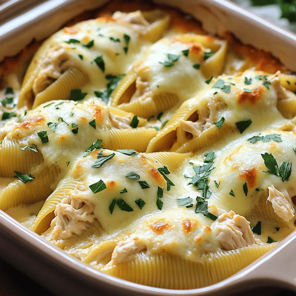 - Jumbo pasta shells - Shredded cooked chicken breast - Cheese varieties (ricotta, mozzarella, Parmesan) For this dish, the main ingredients create the heart of the meal. The jumbo pasta shells hold all the delicious filling and sauce. I love using shredded cooked chicken breast for its great flavor and texture. Cheese varieties like ricotta, mozzarella, and Parmesan add creaminess and a rich taste. Each cheese plays a key role in making the filling decadent. - Garlic powder - Italian seasoning - Alfredo sauce (store-bought or homemade) Seasoning is essential for depth of flavor. Garlic powder gives a nice kick, while Italian seasoning brings warmth and herbaceous notes. You can use store-bought or homemade Alfredo sauce to save time or enhance flavor. The sauce coats the shells and keeps everything moist while baking. - Fresh parsley Fresh parsley adds color and a burst of freshness. A sprinkle on top before serving makes the dish look appealing. It also brings a slightly earthy taste, balancing the creamy filling. This simple garnish makes the meal feel special and complete. First, bring a large pot of salted water to a boil. Add 12 jumbo pasta shells to the water. Cook them until they are al dente, which takes about 8 to 10 minutes. You want them soft but firm enough to hold the filling. Drain the shells and set them aside to cool for a bit. This cooling makes it easy to handle them later. In a big mixing bowl, add 2 cups of shredded chicken, 1 cup of ricotta cheese, half of the shredded mozzarella cheese, and 1/2 cup of grated Parmesan cheese. Also, sprinkle in 1 teaspoon of garlic powder, 1 teaspoon of Italian seasoning, and a pinch of salt and pepper. Mix everything well until it turns creamy. The blend should be rich and flavorful. Grab a baking dish and spread 1 cup of Alfredo sauce evenly across the bottom. This keeps the shells moist and adds flavor. Next, take a cooked pasta shell and stuff it with the chicken and cheese mix. Arrange the stuffed shells in the baking dish with the open side facing up. After filling all the shells, pour the remaining Alfredo sauce over them. Make sure every shell gets a nice coat. Finally, sprinkle the rest of the mozzarella cheese on top. Cover the baking dish tightly with aluminum foil. Place it in your preheated oven at 375°F (190°C) and bake for 25 minutes. This helps the flavors blend. After 25 minutes, remove the foil. Bake it for an extra 10 to 15 minutes until the cheese is melted and bubbly. The top should look golden and delicious. Once done, take it out and let it cool for a few minutes. You can then garnish it with fresh parsley for a pop of color. To cook perfect pasta shells, start with plenty of salted water. This keeps the shells from sticking. Boil the shells until they are al dente, which means firm but not hard. This usually takes about 9 to 11 minutes. If you overcook them, they may turn mushy. After cooking, drain the shells and set them aside to cool. This makes them easier to handle. You can make Chicken Alfredo Stuffed Shells even tastier by customizing the seasoning. Add more garlic powder or Italian seasoning if you like strong flavors. You can also mix in fresh spinach or sautéed mushrooms for extra nutrition and taste. These ingredients will add a nice touch and depth to your dish. When it comes to serving, dish out the stuffed shells while they are hot. Arrange them nicely on a plate to make the meal look inviting. For an appealing finish, sprinkle fresh parsley on top. You can also drizzle a bit of extra Alfredo sauce over the shells. This adds creaminess and makes the dish look even more delicious. For the full recipe, check out the link provided. {{image_4}} You can make Chicken Alfredo Stuffed Shells even better by adding green veggies. Spinach is a great choice. It adds color and nutrients. Just chop it up and mix it into your cheese filling. Broccoli works well too. Steam it first and then chop it finely. You can also change the cheese you use. Try adding goat cheese or cream cheese for a unique flavor. Mixing different cheeses gives the dish a fun twist. Don’t be afraid to experiment with sauces. While Alfredo is classic, you can try other types. A garlic sauce can add a nice kick. You can also use a spicy sauce if you like heat. Just mix it with the Alfredo for a creamy, zesty flavor. Another fun twist is to make a homemade Alfredo. You can control the creaminess and flavor this way. Adding herbs or spices can also give it a fresh taste. If you want to mix it up, use ground turkey instead of chicken. It’s lean and tasty. You can also use a mix of veggies for a meat-free version. Try mushrooms, zucchini, or bell peppers for a hearty filling. For a vegan option, swap out the chicken and cheese for plant-based products. There are great vegan cheeses and meat alternatives available. These choices keep the dish flavorful while catering to different diets. For the full recipe, check out the details above. To keep your Chicken Alfredo Stuffed Shells fresh, follow these steps: - Allow the dish to cool to room temperature. - Transfer leftovers into airtight containers. - Store in the fridge for up to three days. Using glass or plastic containers with tight lids works best. This helps prevent moisture loss and keeps flavors intact. If you want to stack the shells, layer parchment paper between each layer. This way, they won’t stick together. When you’re ready to enjoy the leftovers, here’s how to reheat them: - In the oven: Preheat your oven to 350°F (175°C). Place the stuffed shells in an oven-safe dish. Cover with foil to keep moisture in. Bake for about 20 minutes or until heated through. - In the microwave: Place shells on a microwave-safe plate. Cover with a damp paper towel to avoid drying out. Heat in short intervals, about 1-2 minutes at a time. Check and stir if needed. This keeps the dish creamy and delicious! You can freeze Chicken Alfredo Stuffed Shells, either before or after baking. If you freeze them before baking: - Prepare as usual, but don’t bake. - Cover tightly with plastic wrap, then foil. - Store in the freezer for up to three months. To thaw, place them in the fridge overnight. Then, bake as directed. If you freeze after baking: - Let the dish cool completely. - Portion into containers and freeze. When ready to eat, thaw in the fridge overnight. Reheat in the oven or microwave as described above. Being smart about storage and reheating helps you enjoy this tasty meal longer! Check out the Full Recipe for more details on making these stuffed shells. Yes, you can make Chicken Alfredo Stuffed Shells ahead of time. First, prepare the shells and filling. Once assembled, cover the dish tightly with plastic wrap or foil. You can store them in the fridge for up to two days. For longer storage, freeze them before baking. When ready to eat, thaw in the fridge overnight. Bake them for about 30-40 minutes at 375°F (190°C), until heated through. If you need a substitute for ricotta cheese, try cottage cheese. It works well and gives a similar texture. For a vegan option, use blended tofu or store-bought vegan ricotta. Both will add creaminess to your filling and taste great! Leftovers of Chicken Alfredo Stuffed Shells last about three to four days in the fridge. Store them in an airtight container to keep them fresh. Make sure to reheat them thoroughly before serving for the best taste. Absolutely! You can use shredded rotisserie chicken or even ground turkey. If you want a vegetarian option, use sautéed mushrooms or spinach. These options add flavor and texture while keeping the dish delicious and satisfying. You now know how to make delicious Chicken Alfredo Stuffed Shells. We covered the main ingredients, easy steps, and tips for success. Remember to customize flavors and try new variations. Storing and reheating leftovers properly lets you enjoy this dish later. Keep exploring different ingredients to match your taste. Enjoy your cooking journey and impress your family with this tasty meal!