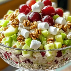 To make a Classic Waldorf Fruit Salad, gather these ingredients: - 2 cups of diced apples (use Granny Smith for tartness or Honeycrisp for sweetness) - 1 cup of diced celery for crunch - 1 cup of red grapes, halved to show their juicy inside - 1/2 cup of chopped walnuts, ideally toasted for flavor - 1 cup of mini marshmallows for a touch of sweetness - 1/2 cup of plain Greek yogurt for creaminess - 1/4 cup of mayonnaise for richness - 1 tablespoon of lemon juice for brightness - 1 tablespoon of honey, optional, for extra sweetness - Salt and pepper to taste for seasoning You can switch out some ingredients if needed. Try these ideas: - Use pears instead of apples for a different flavor. - Swap walnuts for pecans or almonds for a nutty twist. - Replace Greek yogurt with sour cream if you prefer a tangier taste. - Use a dairy-free yogurt to make it vegan-friendly. - If you don’t like mayonnaise, skip it or use a vegan alternative. The quality of your ingredients matters a lot. Fresh fruit makes the salad taste better. Choose ripe apples and firm grapes. They add flavor and texture. Fresh celery adds a nice crunch. Toasted walnuts enhance the nutty flavor. Always use good-quality yogurt for creaminess. When you pick high-quality ingredients, your Waldorf salad will shine. Making Classic Waldorf Fruit Salad is easy and fun. You will mix fresh fruit with creamy dressing. This dish is perfect for any meal. 1. Combine the Fruits and Nuts: Start by taking a medium bowl. Add 2 cups of diced apples, 1 cup of diced celery, 1 cup of halved red grapes, and 1/2 cup of chopped walnuts. Use a spatula to mix gently. This keeps the fruit whole and fresh. 2. Make the Dressing: In a separate small bowl, whisk together 1/2 cup of plain Greek yogurt, 1/4 cup of mayonnaise, 1 tablespoon of lemon juice, and 1 tablespoon of honey (if you want it sweeter). Mix until smooth. 3. Dress the Salad: Pour the dressing over the fruit mixture. Stir gently to coat all the ingredients. 4. Add Mini Marshmallows: Fold in 1 cup of mini marshmallows. Be careful not to break them. This adds a sweet touch to the salad. 5. Season the Salad: Sprinkle salt and pepper to taste. Adjust this to your liking. 6. Chill the Salad: Cover the bowl with plastic wrap. Place it in the fridge for at least 30 minutes. This chilling time lets the flavors blend well. - Don’t Bruise the Fruit: Mix gently to keep everything fresh. - Check for Freshness: Use ripe apples and fresh grapes for the best taste. - Adjust Dressing: If the salad is too thick, add a bit of yogurt or lemon juice. - Chill Before Serving: This improves the flavors, so don’t skip it! Follow these steps, and you will enjoy a tasty and refreshing dish. For the full recipe, see the details above. Chopping fruit correctly makes a big difference. Use a sharp knife for clean cuts. This helps keep the fruit fresh and tasty. I recommend cutting apples into small cubes. Aim for about half an inch in size. This makes it easy to mix with other ingredients. For grapes, cut them in half to reveal their juicy center. This adds a nice touch to your salad. To boost flavors, think about using fresh ingredients. Choose apples that are crisp and juicy. Granny Smith adds tartness, while Honeycrisp adds sweetness. Toasting walnuts before adding them brings out their nutty taste. Use fresh lemon juice for a bright flavor. If you want extra sweetness, drizzle honey on top. This balances the tartness of the apples and the creaminess of the yogurt. How you serve the salad makes a big impact. For a fun twist, use lettuce cups to hold the salad. This adds a nice crunch and a pop of color. You can also serve it in a decorative glass bowl. It looks beautiful and shows off the vibrant colors of the fruit. Finally, sprinkle some chopped walnuts and whole grapes on top. This makes the dish look inviting and delicious. For the complete recipe, check out the Full Recipe section. {{image_4}} You can easily make Waldorf salad without nuts and dairy. For a nut-free option, skip the walnuts. You can use seeds like sunflower seeds or pumpkin seeds instead. These add a nice crunch without the nuts. For a dairy-free salad, swap Greek yogurt and mayonnaise with a plant-based yogurt. Almond or coconut yogurt works great. This way, you keep the creaminess while keeping it dairy-free. Waldorf salad is flexible. You can mix in different fruits to change its flavor. Try adding diced pears or sliced bananas for sweetness. Berries like strawberries or blueberries can add a fresh and colorful touch. Even citrus fruits like oranges can brighten up the dish. Each fruit brings its own taste and texture, making your salad unique. The dressing can also change the salad's flavor. If you want a zestier taste, add a splash of orange juice to the yogurt mix. For a sweeter option, stir in maple syrup or agave instead of honey. You can also try adding spices like cinnamon or nutmeg for warmth. Each dressing option gives the Waldorf salad a new twist, making it fun to explore. To keep your Waldorf salad fresh, store it in an airtight container. This helps maintain the flavors and prevents sogginess. If you have leftovers, place them in the fridge. Be sure to cover the bowl tightly with plastic wrap or a lid. This will also help stop the salad from absorbing other odors from the fridge. Waldorf salad can last up to three days in the fridge. The apples and grapes stay crisp for a while, but they may soften over time. Always check for any changes in smell or texture before eating. If the salad looks or smells off, it’s best to toss it out. Freezing Waldorf salad is not recommended. The texture of the fruits and the creamy dressing may change when thawed. If you want to enjoy it later, consider freezing the ingredients separately. You can prep your apples, grapes, and dressing, then mix them fresh when you are ready to serve. This way, you keep the taste and texture perfect. You can find the Full Recipe for making Waldorf salad fresh! Classic Waldorf Salad started in the late 1800s. It was first served at the Waldorf Astoria Hotel in New York City. The dish featured apples, celery, and mayonnaise. Over time, chefs added new ingredients. Now, you can find nuts and grapes in many recipes. This dish is now a staple at many events. It combines sweet and crunchy textures, making it a favorite. Yes, you can make Waldorf Salad ahead of time. Prepare it a few hours before serving for the best flavor. Keep it in the fridge to stay fresh. If you want to make it even earlier, store the dressing separately. Mix the dressing just before serving. This keeps the salad crisp and tasty. Waldorf Salad pairs well with many dishes. It goes great with roasted chicken or turkey. You can also serve it with grilled fish for a light meal. For a vegetarian option, try it alongside a quinoa salad. This dish is also a good side for holiday feasts. The flavors and textures complement many main courses. This blog post covered how to make a Classic Waldorf Fruit Salad. We explored key ingredients, different options, and the importance of quality. I provided easy step-by-step instructions and tips to avoid mistakes. We also discussed ways to enhance flavors and variations for your taste. Lastly, I shared storage tips to keep your salad fresh. Remember, a great salad starts with good ingredients and a fun twist. Enjoy making your Waldorf salad and share it with friends!