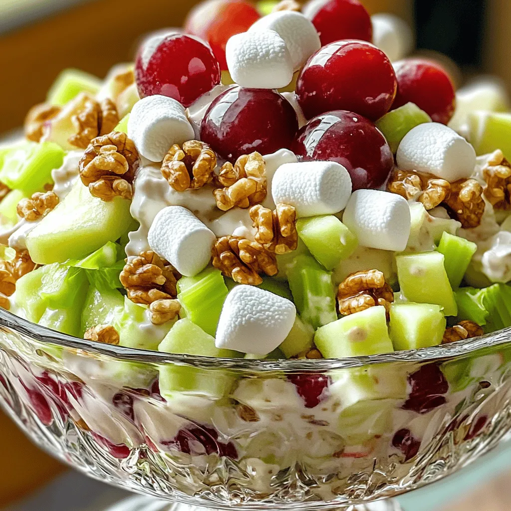 To make a Classic Waldorf Fruit Salad, gather these ingredients: - 2 cups of diced apples (use Granny Smith for tartness or Honeycrisp for sweetness) - 1 cup of diced celery for crunch - 1 cup of red grapes, halved to show their juicy inside - 1/2 cup of chopped walnuts, ideally toasted for flavor - 1 cup of mini marshmallows for a touch of sweetness - 1/2 cup of plain Greek yogurt for creaminess - 1/4 cup of mayonnaise for richness - 1 tablespoon of lemon juice for brightness - 1 tablespoon of honey, optional, for extra sweetness - Salt and pepper to taste for seasoning You can switch out some ingredients if needed. Try these ideas: - Use pears instead of apples for a different flavor. - Swap walnuts for pecans or almonds for a nutty twist. - Replace Greek yogurt with sour cream if you prefer a tangier taste. - Use a dairy-free yogurt to make it vegan-friendly. - If you don’t like mayonnaise, skip it or use a vegan alternative. The quality of your ingredients matters a lot. Fresh fruit makes the salad taste better. Choose ripe apples and firm grapes. They add flavor and texture. Fresh celery adds a nice crunch. Toasted walnuts enhance the nutty flavor. Always use good-quality yogurt for creaminess. When you pick high-quality ingredients, your Waldorf salad will shine. Making Classic Waldorf Fruit Salad is easy and fun. You will mix fresh fruit with creamy dressing. This dish is perfect for any meal. 1. Combine the Fruits and Nuts: Start by taking a medium bowl. Add 2 cups of diced apples, 1 cup of diced celery, 1 cup of halved red grapes, and 1/2 cup of chopped walnuts. Use a spatula to mix gently. This keeps the fruit whole and fresh. 2. Make the Dressing: In a separate small bowl, whisk together 1/2 cup of plain Greek yogurt, 1/4 cup of mayonnaise, 1 tablespoon of lemon juice, and 1 tablespoon of honey (if you want it sweeter). Mix until smooth. 3. Dress the Salad: Pour the dressing over the fruit mixture. Stir gently to coat all the ingredients. 4. Add Mini Marshmallows: Fold in 1 cup of mini marshmallows. Be careful not to break them. This adds a sweet touch to the salad. 5. Season the Salad: Sprinkle salt and pepper to taste. Adjust this to your liking. 6. Chill the Salad: Cover the bowl with plastic wrap. Place it in the fridge for at least 30 minutes. This chilling time lets the flavors blend well. - Don’t Bruise the Fruit: Mix gently to keep everything fresh. - Check for Freshness: Use ripe apples and fresh grapes for the best taste. - Adjust Dressing: If the salad is too thick, add a bit of yogurt or lemon juice. - Chill Before Serving: This improves the flavors, so don’t skip it! Follow these steps, and you will enjoy a tasty and refreshing dish. For the full recipe, see the details above. Chopping fruit correctly makes a big difference. Use a sharp knife for clean cuts. This helps keep the fruit fresh and tasty. I recommend cutting apples into small cubes. Aim for about half an inch in size. This makes it easy to mix with other ingredients. For grapes, cut them in half to reveal their juicy center. This adds a nice touch to your salad. To boost flavors, think about using fresh ingredients. Choose apples that are crisp and juicy. Granny Smith adds tartness, while Honeycrisp adds sweetness. Toasting walnuts before adding them brings out their nutty taste. Use fresh lemon juice for a bright flavor. If you want extra sweetness, drizzle honey on top. This balances the tartness of the apples and the creaminess of the yogurt. How you serve the salad makes a big impact. For a fun twist, use lettuce cups to hold the salad. This adds a nice crunch and a pop of color. You can also serve it in a decorative glass bowl. It looks beautiful and shows off the vibrant colors of the fruit. Finally, sprinkle some chopped walnuts and whole grapes on top. This makes the dish look inviting and delicious. For the complete recipe, check out the Full Recipe section. {{image_4}} You can easily make Waldorf salad without nuts and dairy. For a nut-free option, skip the walnuts. You can use seeds like sunflower seeds or pumpkin seeds instead. These add a nice crunch without the nuts. For a dairy-free salad, swap Greek yogurt and mayonnaise with a plant-based yogurt. Almond or coconut yogurt works great. This way, you keep the creaminess while keeping it dairy-free. Waldorf salad is flexible. You can mix in different fruits to change its flavor. Try adding diced pears or sliced bananas for sweetness. Berries like strawberries or blueberries can add a fresh and colorful touch. Even citrus fruits like oranges can brighten up the dish. Each fruit brings its own taste and texture, making your salad unique. The dressing can also change the salad's flavor. If you want a zestier taste, add a splash of orange juice to the yogurt mix. For a sweeter option, stir in maple syrup or agave instead of honey. You can also try adding spices like cinnamon or nutmeg for warmth. Each dressing option gives the Waldorf salad a new twist, making it fun to explore. To keep your Waldorf salad fresh, store it in an airtight container. This helps maintain the flavors and prevents sogginess. If you have leftovers, place them in the fridge. Be sure to cover the bowl tightly with plastic wrap or a lid. This will also help stop the salad from absorbing other odors from the fridge. Waldorf salad can last up to three days in the fridge. The apples and grapes stay crisp for a while, but they may soften over time. Always check for any changes in smell or texture before eating. If the salad looks or smells off, it’s best to toss it out. Freezing Waldorf salad is not recommended. The texture of the fruits and the creamy dressing may change when thawed. If you want to enjoy it later, consider freezing the ingredients separately. You can prep your apples, grapes, and dressing, then mix them fresh when you are ready to serve. This way, you keep the taste and texture perfect. You can find the Full Recipe for making Waldorf salad fresh! Classic Waldorf Salad started in the late 1800s. It was first served at the Waldorf Astoria Hotel in New York City. The dish featured apples, celery, and mayonnaise. Over time, chefs added new ingredients. Now, you can find nuts and grapes in many recipes. This dish is now a staple at many events. It combines sweet and crunchy textures, making it a favorite. Yes, you can make Waldorf Salad ahead of time. Prepare it a few hours before serving for the best flavor. Keep it in the fridge to stay fresh. If you want to make it even earlier, store the dressing separately. Mix the dressing just before serving. This keeps the salad crisp and tasty. Waldorf Salad pairs well with many dishes. It goes great with roasted chicken or turkey. You can also serve it with grilled fish for a light meal. For a vegetarian option, try it alongside a quinoa salad. This dish is also a good side for holiday feasts. The flavors and textures complement many main courses. This blog post covered how to make a Classic Waldorf Fruit Salad. We explored key ingredients, different options, and the importance of quality. I provided easy step-by-step instructions and tips to avoid mistakes. We also discussed ways to enhance flavors and variations for your taste. Lastly, I shared storage tips to keep your salad fresh. Remember, a great salad starts with good ingredients and a fun twist. Enjoy making your Waldorf salad and share it with friends!