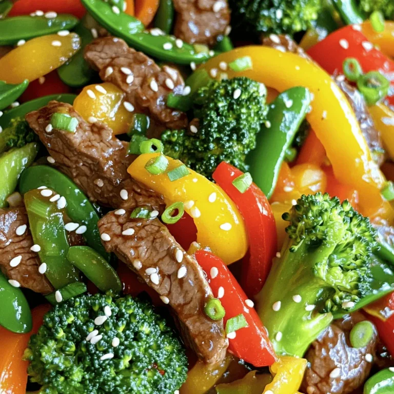 - Beef and Vegetable Ingredients Overview - 1 lb (450g) beef sirloin, thinly sliced across the grain - 2 tablespoons soy sauce - 1 tablespoon cornstarch - 2 tablespoons vegetable oil, divided - 2 cloves garlic, minced - 1 thumb-sized piece of ginger, grated - 1 red bell pepper, sliced into strips - 1 yellow bell pepper, sliced into strips - 1 cup broccoli florets, fresh or frozen - 1 cup snap peas, trimmed - 2 medium carrots, julienned or cut into thin matchsticks - 2 tablespoons hoisin sauce - 1 tablespoon sesame oil - Salt and pepper, to taste - Green onions, finely sliced (for garnish) - Sesame seeds, toasted (for garnish) When making beef and vegetable stir-fry, use fresh ingredients for the best taste. Choose a good cut of beef, like sirloin, for tenderness. Slice the beef thinly against the grain. This helps it cook faster and stay tender. For the vegetables, I love using a mix of colors. Bright bell peppers, green broccoli, and vibrant carrots make the dish pop. If using frozen broccoli, just adjust the cooking time. Always wash fresh veggies well before slicing. The soy sauce and hoisin sauce add depth to your stir-fry. Feel free to adjust the amounts to suit your taste. Use high-quality oils, like sesame oil, to enhance flavor. Aim for balance and enjoy the fresh tastes all together. This recipe makes a perfect meal and is easy to customize. For the full recipe, check out the Beefy Veggie Delight Stir-Fry details. Marinating the Beef Start by marinating the beef. In a bowl, mix the thinly sliced beef with soy sauce and cornstarch. This mixture helps to tenderize the beef and adds flavor. Stir well to coat all the pieces. Let it sit for at least 15 minutes. This allows the beef to soak up those tasty flavors. Searing Techniques After marinating, it’s time to sear the beef. Heat 1 tablespoon of vegetable oil in a large wok or skillet over high heat. When the oil shimmers, add the marinated beef in batches. Do not crowd the pan; this ensures a good sear. Cook for about 2-3 minutes on each side until browned. Once done, remove the beef and set it aside. Sautéing Aromatics Now, let’s cook the veggies. In the same pan, add the remaining tablespoon of vegetable oil. Toss in the minced garlic and grated ginger. Stir quickly for about 30 seconds until fragrant. This step builds a great base for your stir-fry. Adding the Veggies Next, add the sliced red and yellow bell peppers, broccoli florets, snap peas, and julienned carrots. Stir-fry these colorful vegetables for about 4-5 minutes. You want them crisp-tender, so keep stirring to cook evenly. The vibrant colors will make your dish pop! Returning the Beef to Pan Now, it’s time to bring it all together. Return the browned beef to the pan. Pour in the hoisin sauce and sesame oil. Toss everything together until well-coated. This step adds richness to the dish. Adjusting Seasoning and Final Steps Cook for an additional 2-3 minutes to heat through. Taste your stir-fry and adjust the seasoning with salt and pepper. This step is key to making your flavors shine. Once it’s just right, remove it from the heat. For a special touch, garnish with finely sliced green onions and toasted sesame seeds before serving. Enjoy your Beefy Veggie Delight Stir-Fry! For the complete recipe, check out the [Full Recipe]. - Avoiding Overcrowding the Pan Overcrowding the pan can lead to steaming rather than searing. Sear the beef in batches. This way, each piece gets a nice brown color. If you add too much at once, the beef will not cook evenly. - Best Practices for Stir-Frying Use high heat for quick cooking. This keeps the vegetables crisp and colorful. Stir continuously to avoid burning. Have all your ingredients prepped and ready to go. This makes the cooking process smooth and quick. - Presentation Ideas and Pairings Serve your Beefy Veggie Delight Stir-Fry over steamed rice or noodles. Use a bright bowl to enhance the dish's colors. Sprinkle sesame seeds on top for added texture and flavor. - Enhancing Flavor and Visual Appeal Add fresh herbs like cilantro or basil for a pop of freshness. You can also serve it with a side of pickled veggies for a tangy contrast. A drizzle of extra hoisin sauce can elevate the dish's sweetness. For a crunchy touch, include crushed peanuts or cashews on top. {{image_4}} You can easily swap beef for other proteins. Chicken, pork, or shrimp work great. If you want a plant-based option, try tofu or tempeh. These choices bring different flavors and textures to your stir-fry. Each protein will need different cooking times, so adjust accordingly. Get creative with your veggies! While bell peppers, broccoli, and snap peas are tasty, you can mix in any veggies you like. Zucchini, mushrooms, or even bok choy can add unique flavors. Just keep the cooking times in mind. Softer veggies need less time, while firmer ones take longer. To make this dish gluten-free, swap soy sauce for tamari. Tamari is a gluten-free soy sauce alternative. Ensure all other sauces, like hoisin, are gluten-free too. This way, you can enjoy a tasty stir-fry without worry. For a vegetarian version, skip the beef and use extra tofu or tempeh. You can also add more vegetables for a heartier dish. Try adding bell peppers, carrots, and snap peas for a colorful mix. This variation still tastes amazing and packs a punch! For the complete Beef and Vegetable Stir-Fry experience, check out the Full Recipe for detailed steps and tips. - Refrigeration Guidelines: Place leftover stir-fry in an airtight container. Make sure it cools down first. Store it in the fridge for up to three days. This helps keep the flavors fresh. - Freezing Instructions: For longer storage, freeze the leftovers. Use a freezer-safe container or bag. Label it with the date. It can last for up to three months in the freezer. - Best Methods for Reheating: The best way to reheat stir-fry is on the stove. Heat a pan over medium heat. Add a splash of water or oil to prevent sticking. Stir often until it is hot. - Maintaining Flavor and Texture: Avoid using the microwave if you can. It can make veggies soggy. Reheating on the stove keeps the texture crisp and the flavor bold. How to Make the Beef Less Tough? To make the beef less tough, slice it thinly across the grain. This helps break down the fibers. Marinating the beef in soy sauce and cornstarch also tenderizes it. Let it sit for at least 15 minutes. This gives the meat time to absorb the flavors and become soft. Can I Prepare the Stir-Fry in Advance? Yes, you can prepare the stir-fry in advance. Cook the beef and vegetables, then let them cool. Store them in an airtight container in the fridge. When you’re ready to eat, you can reheat it on the stove or in the microwave. Just ensure it heats through evenly. Calorie Count and Nutritional Breakdown A serving of this beef and vegetable stir-fry has about 350-400 calories. It is rich in protein and fiber. The beef provides essential amino acids while the vegetables add vitamins and minerals. Each serving includes healthy fats from sesame oil. Is This Recipe Healthy? Yes, this recipe is healthy. It includes lean beef and a variety of colorful vegetables. These ingredients offer nutrients and antioxidants. You can adjust the oil and sauces to lower sodium or fat if needed. Overall, it's a balanced meal that supports a healthy diet. In this blog post, I shared my favorite stir-fry recipe. We covered ingredients, tips, and specific steps to make a tasty dish. I explained how to marinate the beef and prepare the vegetables for the best results. You learned some clever tips, like avoiding overcrowding the pan. Remember, there are many ways to adapt this recipe with different proteins and vegetables. With these guidelines, you can create delicious meals your family will love!