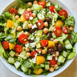 - 2 cups romaine lettuce, roughly chopped - 1 cup cherry tomatoes, halved - 1 cucumber, diced into small cubes - 1 bell pepper (red or yellow), diced into bite-sized pieces I love using fresh produce in my salads. Romaine lettuce gives a nice crunch. Cherry tomatoes add sweetness, while cucumber and bell pepper provide refreshing flavors. This mix makes each bite enjoyable. These ingredients also bring vibrant colors to the dish. - 1 cup canned chickpeas, drained and rinsed thoroughly - 1/4 cup feta cheese, crumbled into small pieces - 1/2 cup salami (optional) For protein, I like chickpeas. They make the salad filling and nutritious. Feta cheese adds a creamy, salty taste that pairs well with the veggies. If you want extra flavor, add salami. It gives a nice savory touch. - 1/2 cup Kalamata olives, pitted and sliced in half - 3 tablespoons extra virgin olive oil - 2 tablespoons red wine vinegar - 1 teaspoon Dijon mustard - Sea salt and freshly ground black pepper, to taste Kalamata olives are a must for a classic Italian taste. They add a briny kick that enhances the salad. The dressing is simple: olive oil, red wine vinegar, and Dijon mustard create a balanced flavor. Season with salt and pepper to taste. For the Full Recipe, follow the steps to create this delicious salad. Enjoy your fresh and flavorful mix! Start by chopping your vegetables. This is key for a great salad. Use a sharp knife for easy cutting. Aim for uniform sizes so every bite is tasty. - For the romaine, chop it roughly into bite-sized pieces. - Halve the cherry tomatoes and dice the cucumber into small cubes. - Cut the bell pepper into bite-sized pieces. Once chopped, add all the veggies to a large mixing bowl. I like to use a spatula to gently mix everything. This ensures an even distribution without bruising the greens. Next, let’s make the dressing. In a small bowl, whisk together the extra virgin olive oil, red wine vinegar, and Dijon mustard. It’s important to emulsify the oil and vinegar. This means mixing them well so they blend together. - This creates a smooth dressing that coats the salad nicely. - Whisk until you see a slight change in texture. Don’t forget to add sea salt and freshly ground black pepper to taste! Now it’s time to combine everything. Drizzle your dressing over the salad mixture. Gently toss it all together. Use a light hand to avoid bruising the lettuce. You want every piece to be coated. After tossing, gently fold in the crumbled feta cheese. This adds a creamy touch. Be careful not to break the cheese into tiny pieces. Taste the salad and adjust the seasoning if needed. Let it sit for 5-10 minutes. This resting time helps the flavors meld together beautifully. For the final touch, serve your salad in bowls or on a large platter. Garnish with fresh basil leaves for a lovely aroma and look. This is how you create a classic Italian chopped salad, fresh and full of flavor! For the complete recipe, check out the Full Recipe. Good knife skills make a big difference. To chop veggies, use a sharp knife. Hold the knife firmly, and curl your fingers under. This keeps your fingers safe. Cut the veggies into small, even pieces. This helps them mix well. Before chopping, wash all your veggies. Dry them with a towel. This step adds more flavor. For the best taste, let the chopped veggies sit for a few minutes. This way, their natural juices blend together. Letting the salad rest is key. After mixing, let it sit for 5-10 minutes. This time allows flavors to meld. The result is a more delicious salad. Always taste your salad before serving. Adjust the seasoning as needed. Add more salt or pepper if it needs a boost. Trust your taste buds; they know what you like! Presentation matters. Serve the salad in individual bowls for a nice touch. Or, use a large platter to share. This makes it feel special for everyone. Pair the salad with crusty bread. It adds texture and makes the meal heartier. You can also serve it with grilled meats for a complete feast. For the full recipe, check out the Italian Rustic Chopped Salad. {{image_4}} You can change the greens and veggies in your salad. Try using spinach or arugula instead of romaine. If you want a crunchier texture, use radicchio or kale. You can also switch the bell pepper. Consider using zucchini or carrots for a different taste. For cheese, feta is great, but you can try mozzarella or provolone. These cheeses add a nice creaminess. If you have a dairy allergy, consider using a vegan cheese alternative. This keeps the salad tasty while meeting your needs. Adding proteins can make your salad heartier. Grilled chicken adds flavor and makes it a meal. You could also use shrimp or tofu for a lighter option. If you prefer plant-based choices, chickpeas are already in the salad, but adding black beans can boost protein too. For a nice crunch, add nuts or seeds. Almonds and walnuts pair well and give a great texture. Pumpkin seeds or sunflower seeds add healthy fats and make each bite exciting. While the classic vinaigrette is fantastic, you can mix it up. Try a balsamic vinaigrette or a lemon garlic dressing for a fresh twist. If you want a creamier option, a yogurt-based dressing works well. These choices can brighten your salad and keep it fun. You can find many dressing recipes online if you want to experiment. This way, you can create a unique flavor that fits your taste perfectly. For the full recipe, check out Italian Rustic Chopped Salad. After you make the salad, store any leftovers in the fridge. Place it in an airtight container. This keeps the salad fresh for about 2 to 3 days. If you notice wilted lettuce or bad smells, it's time to toss it. Fresh ingredients can spoil quickly, so check them often. You can freeze parts of this salad. For example, freeze chickpeas and diced bell peppers separately. Avoid freezing lettuce and tomatoes; they lose texture. When ready to eat, thaw the components in the fridge overnight. Reheat chickpeas gently in a pan or microwave. Mix everything together once warmed. To save time, prep salad ingredients in advance. Wash and chop the veggies and store them in containers. You can keep them fresh for about five days. When you’re ready to eat, simply assemble your salad. This way, you enjoy a fresh meal all week long. You can easily prep the salad ahead of time. Start by chopping the veggies and storing them in separate containers. Keep the lettuce fresh by wrapping it in a damp paper towel. This helps it stay crisp. You can also make the dressing in advance. Store it in a jar in the fridge. Just mix everything together right before serving. This way, the salad tastes fresh and vibrant. Absolutely! You can mix in your favorite ingredients. Try adding grilled chicken or shrimp for extra protein. You can also add nuts for a crunchy texture. If you love spice, toss in some pepperoncini. Feel free to swap out the feta cheese for mozzarella or goat cheese. Make it your own and enjoy every bite. A simple vinaigrette works great. I recommend a mix of olive oil and red wine vinegar. You can add Dijon mustard for a kick. If you want store-bought options, look for Italian or Greek dressings. Just make sure they have fresh ingredients. The right dressing ties all the flavors together. The salad lasts about 2-3 days in the fridge. Store it in an airtight container to keep it fresh. Be careful with the dressing. If you mix it in, the veggies might get soggy. To avoid this, keep the dressing separate until you are ready to eat. Always check for any signs of spoilage before eating, like off smells or wilting lettuce. Enjoy your Classic Italian Chopped Salad for days! For the full recipe, check out the Italian Rustic Chopped Salad 🥗! The Classic Italian Chopped Salad is fresh, healthy, and easy to make. It shines with crisp vegetables, protein, and tasty dressing. Remember to use good chopping skills and mix well for flavor. You can also customize it with your favorite toppings. Store extras smartly to enjoy later. Experiment with different dressings to find your favorite. I hope you feel inspired to make this salad your own. Enjoy creating a delicious meal that you can share!