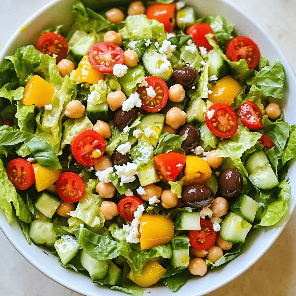 - 2 cups romaine lettuce, roughly chopped - 1 cup cherry tomatoes, halved - 1 cucumber, diced into small cubes - 1 bell pepper (red or yellow), diced into bite-sized pieces I love using fresh produce in my salads. Romaine lettuce gives a nice crunch. Cherry tomatoes add sweetness, while cucumber and bell pepper provide refreshing flavors. This mix makes each bite enjoyable. These ingredients also bring vibrant colors to the dish. - 1 cup canned chickpeas, drained and rinsed thoroughly - 1/4 cup feta cheese, crumbled into small pieces - 1/2 cup salami (optional) For protein, I like chickpeas. They make the salad filling and nutritious. Feta cheese adds a creamy, salty taste that pairs well with the veggies. If you want extra flavor, add salami. It gives a nice savory touch. - 1/2 cup Kalamata olives, pitted and sliced in half - 3 tablespoons extra virgin olive oil - 2 tablespoons red wine vinegar - 1 teaspoon Dijon mustard - Sea salt and freshly ground black pepper, to taste Kalamata olives are a must for a classic Italian taste. They add a briny kick that enhances the salad. The dressing is simple: olive oil, red wine vinegar, and Dijon mustard create a balanced flavor. Season with salt and pepper to taste. For the Full Recipe, follow the steps to create this delicious salad. Enjoy your fresh and flavorful mix! Start by chopping your vegetables. This is key for a great salad. Use a sharp knife for easy cutting. Aim for uniform sizes so every bite is tasty. - For the romaine, chop it roughly into bite-sized pieces. - Halve the cherry tomatoes and dice the cucumber into small cubes. - Cut the bell pepper into bite-sized pieces. Once chopped, add all the veggies to a large mixing bowl. I like to use a spatula to gently mix everything. This ensures an even distribution without bruising the greens. Next, let’s make the dressing. In a small bowl, whisk together the extra virgin olive oil, red wine vinegar, and Dijon mustard. It’s important to emulsify the oil and vinegar. This means mixing them well so they blend together. - This creates a smooth dressing that coats the salad nicely. - Whisk until you see a slight change in texture. Don’t forget to add sea salt and freshly ground black pepper to taste! Now it’s time to combine everything. Drizzle your dressing over the salad mixture. Gently toss it all together. Use a light hand to avoid bruising the lettuce. You want every piece to be coated. After tossing, gently fold in the crumbled feta cheese. This adds a creamy touch. Be careful not to break the cheese into tiny pieces. Taste the salad and adjust the seasoning if needed. Let it sit for 5-10 minutes. This resting time helps the flavors meld together beautifully. For the final touch, serve your salad in bowls or on a large platter. Garnish with fresh basil leaves for a lovely aroma and look. This is how you create a classic Italian chopped salad, fresh and full of flavor! For the complete recipe, check out the Full Recipe. Good knife skills make a big difference. To chop veggies, use a sharp knife. Hold the knife firmly, and curl your fingers under. This keeps your fingers safe. Cut the veggies into small, even pieces. This helps them mix well. Before chopping, wash all your veggies. Dry them with a towel. This step adds more flavor. For the best taste, let the chopped veggies sit for a few minutes. This way, their natural juices blend together. Letting the salad rest is key. After mixing, let it sit for 5-10 minutes. This time allows flavors to meld. The result is a more delicious salad. Always taste your salad before serving. Adjust the seasoning as needed. Add more salt or pepper if it needs a boost. Trust your taste buds; they know what you like! Presentation matters. Serve the salad in individual bowls for a nice touch. Or, use a large platter to share. This makes it feel special for everyone. Pair the salad with crusty bread. It adds texture and makes the meal heartier. You can also serve it with grilled meats for a complete feast. For the full recipe, check out the Italian Rustic Chopped Salad. {{image_4}} You can change the greens and veggies in your salad. Try using spinach or arugula instead of romaine. If you want a crunchier texture, use radicchio or kale. You can also switch the bell pepper. Consider using zucchini or carrots for a different taste. For cheese, feta is great, but you can try mozzarella or provolone. These cheeses add a nice creaminess. If you have a dairy allergy, consider using a vegan cheese alternative. This keeps the salad tasty while meeting your needs. Adding proteins can make your salad heartier. Grilled chicken adds flavor and makes it a meal. You could also use shrimp or tofu for a lighter option. If you prefer plant-based choices, chickpeas are already in the salad, but adding black beans can boost protein too. For a nice crunch, add nuts or seeds. Almonds and walnuts pair well and give a great texture. Pumpkin seeds or sunflower seeds add healthy fats and make each bite exciting. While the classic vinaigrette is fantastic, you can mix it up. Try a balsamic vinaigrette or a lemon garlic dressing for a fresh twist. If you want a creamier option, a yogurt-based dressing works well. These choices can brighten your salad and keep it fun. You can find many dressing recipes online if you want to experiment. This way, you can create a unique flavor that fits your taste perfectly. For the full recipe, check out Italian Rustic Chopped Salad. After you make the salad, store any leftovers in the fridge. Place it in an airtight container. This keeps the salad fresh for about 2 to 3 days. If you notice wilted lettuce or bad smells, it's time to toss it. Fresh ingredients can spoil quickly, so check them often. You can freeze parts of this salad. For example, freeze chickpeas and diced bell peppers separately. Avoid freezing lettuce and tomatoes; they lose texture. When ready to eat, thaw the components in the fridge overnight. Reheat chickpeas gently in a pan or microwave. Mix everything together once warmed. To save time, prep salad ingredients in advance. Wash and chop the veggies and store them in containers. You can keep them fresh for about five days. When you’re ready to eat, simply assemble your salad. This way, you enjoy a fresh meal all week long. You can easily prep the salad ahead of time. Start by chopping the veggies and storing them in separate containers. Keep the lettuce fresh by wrapping it in a damp paper towel. This helps it stay crisp. You can also make the dressing in advance. Store it in a jar in the fridge. Just mix everything together right before serving. This way, the salad tastes fresh and vibrant. Absolutely! You can mix in your favorite ingredients. Try adding grilled chicken or shrimp for extra protein. You can also add nuts for a crunchy texture. If you love spice, toss in some pepperoncini. Feel free to swap out the feta cheese for mozzarella or goat cheese. Make it your own and enjoy every bite. A simple vinaigrette works great. I recommend a mix of olive oil and red wine vinegar. You can add Dijon mustard for a kick. If you want store-bought options, look for Italian or Greek dressings. Just make sure they have fresh ingredients. The right dressing ties all the flavors together. The salad lasts about 2-3 days in the fridge. Store it in an airtight container to keep it fresh. Be careful with the dressing. If you mix it in, the veggies might get soggy. To avoid this, keep the dressing separate until you are ready to eat. Always check for any signs of spoilage before eating, like off smells or wilting lettuce. Enjoy your Classic Italian Chopped Salad for days! For the full recipe, check out the Italian Rustic Chopped Salad 🥗! The Classic Italian Chopped Salad is fresh, healthy, and easy to make. It shines with crisp vegetables, protein, and tasty dressing. Remember to use good chopping skills and mix well for flavor. You can also customize it with your favorite toppings. Store extras smartly to enjoy later. Experiment with different dressings to find your favorite. I hope you feel inspired to make this salad your own. Enjoy creating a delicious meal that you can share!