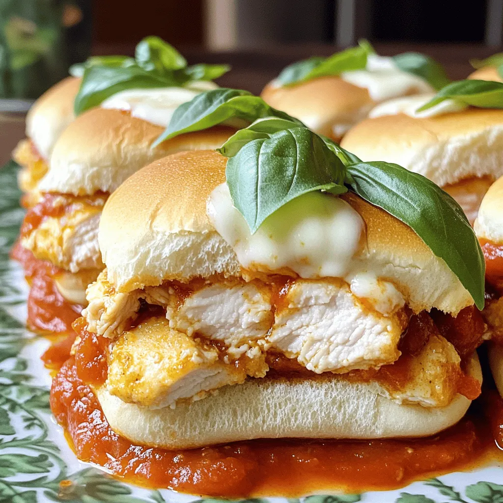To make Easy Chicken Parmesan Sliders, gather these key ingredients: - 1 pound boneless, skinless chicken breasts - 1 cup marinara sauce - 1 cup shredded mozzarella cheese - ½ cup grated Parmesan cheese - 12 soft slider buns These ingredients create a flavorful base for our sliders. The chicken adds protein, while the cheeses provide a rich, creamy texture. The marinara sauce ties everything together with its tangy taste. The right seasonings elevate your sliders. You will need: - 1 teaspoon Italian seasoning - ½ teaspoon garlic powder - Salt and freshly ground black pepper to taste - Fresh basil leaves for garnish Italian seasoning brings a classic flavor. Garlic powder adds depth. Salt and pepper enhance all the tastes, making each bite delicious. Fresh basil leaves not only look great, but they also add a fresh taste. To round out your meal, consider these tasty sides: - Crispy sweet potato fries - Fresh garden salad - Garlic bread Crispy sweet potato fries offer a sweet crunch. A fresh salad adds color and nutrition. Garlic bread provides a warm, buttery option. Each side complements the sliders well, making your meal even better. For the full recipe, check out the details above! First, we need to get the oven ready. Preheat it to 375°F (190°C). This step is key to achieving that perfect, gooey cheese on top. While the oven heats, take a large skillet and add one tablespoon of extra virgin olive oil over medium heat. Now, let's season the chicken. Take 1 pound of boneless, skinless chicken breasts. Sprinkle salt, black pepper, ½ teaspoon garlic powder, and 1 teaspoon Italian seasoning on both sides of the chicken. This seasoning adds great flavor. Place the seasoned chicken in the hot skillet. Cook each side for about 5-7 minutes. You want the chicken to be golden brown and fully cooked. Use a meat thermometer to check that it reaches 165°F (75°C) inside. Once it’s done, remove the chicken and let it rest for 3-5 minutes. This keeps it juicy. After resting, slice the chicken into thin strips. Next, grab a baking dish. Spread a generous layer of marinara sauce evenly across the bottom. Now, take 12 soft slider buns and place them cut side up in the dish. Make sure they are evenly spaced. Layer the sliced chicken strips over the buns. Don’t be shy; pile them on! Pour any remaining marinara sauce over the chicken. This will soak into the buns, making them extra tasty. Now it's time for cheese! Sprinkle 1 cup of shredded mozzarella cheese over the top. Follow that with ½ cup of grated Parmesan cheese. This combination will give you a rich, melty topping. Put the baking dish in your preheated oven. Bake for 15-20 minutes. Keep an eye on the cheese. It should be melted, bubbly, and golden brown when done. Once baked, remove the dish from the oven. Let it cool for a few minutes. This step helps the cheese set. Use a sharp knife to cut the sliders apart. For a fresh touch, add some fresh basil leaves on top before serving. Your Easy Chicken Parmesan Sliders are now ready to devour! For the full recipe, check out the details above. Enjoy every bite! To cook chicken breasts just right, start with even thickness. If they are uneven, pound them gently. This helps them cook evenly. Heat your skillet to medium and add olive oil. When the oil shimmers, it’s time to add the chicken. Season both sides with salt, pepper, garlic powder, and Italian seasoning. Cook for about 5-7 minutes on each side. Use a meat thermometer to check for doneness. The chicken should reach 165°F (75°C). Once done, let it rest for a few minutes. Resting keeps the juices inside, making the chicken moist and tasty. For the best cheese melt, use fresh mozzarella and grated Parmesan. Fresh mozzarella gives a nice stretch, while Parmesan adds a sharp flavor. When layering cheese, use a generous amount. Pour the marinara sauce over the chicken before adding cheese. This helps the cheese melt evenly. Bake your sliders in a preheated oven at 375°F (190°C) for 15-20 minutes. Keep an eye on them. You want the cheese to be bubbly and golden brown. This is the perfect melt that makes sliders extra delicious. Making sliders ahead is easy and smart. You can prepare them in advance for a party or meal prep. Cook the chicken and slice it as directed. Layer the sliders in a baking dish with sauce and cheese. Cover the dish with foil and store it in the fridge for up to 24 hours. When ready to eat, simply bake them. Remove the foil for the last few minutes to get that great cheese melt. This way, you can enjoy hot, cheesy sliders without the last-minute rush. Check out the Full Recipe for details! {{image_4}} You can switch up the protein in your sliders. Try using turkey instead of chicken. Turkey has a mild flavor that pairs well with marinara and cheese. Ground meats also work great. You can use ground beef or pork for a different taste. If you want a richer flavor, consider using shredded rotisserie chicken. It saves time and adds great taste. For a vegetarian twist, use eggplant or zucchini slices. Bake or grill them to add a nice char. You can also use portobello mushrooms. Their meaty texture will fill you up. For a cheesy option, use breaded and fried mozzarella sticks. They add a fun crunch and melt perfectly with sauce. To boost the flavor, add roasted red peppers or spinach. These add both taste and color. You can also mix in some crushed red pepper for a kick. Try different types of cheese like provolone or gouda for a twist. Don't forget fresh herbs like oregano or thyme. They bring freshness to every bite. For an extra layer, add a drizzle of balsamic glaze before serving. It will elevate your sliders to new heights. For the full recipe, check out the details above! Storing your chicken Parmesan sliders correctly keeps them fresh. First, let them cool down to room temperature. Then, place them in an airtight container. Make sure to layer parchment paper between each slider to avoid sticking. This method preserves their taste and texture well. You can store them in the fridge for up to three days. To keep the sliders from drying out, try to eat them soon after cooking. Reheating sliders is easy, and I have a few tips to help. For the best result, use an oven. Preheat it to 350°F (175°C). Place your sliders on a baking sheet and cover them with foil. This helps keep moisture in. Heat for about 10-15 minutes. If you want the cheese to be extra melty, remove the foil for the last 5 minutes. You can also use a microwave, but the oven gives a better texture. Freezing sliders is a great way to save them for later. Start by letting them cool completely. Wrap each slider tightly in plastic wrap. Then, place them in a freezer bag or airtight container. Label the bag with the date. Sliders can last for up to three months in the freezer. When you're ready to eat, thaw them in the fridge overnight. Then, reheat them as I described above. This method keeps them tasty and enjoyable, just like when you first made them. Yes, you can use pre-cooked chicken for these sliders. Just make sure to shred or slice it into small pieces. This saves time and still gives you great flavor. Add the cooked chicken to the sliders as you would with fresh chicken. Heat the chicken in a pan with some marinara sauce for added moisture and taste. Mozzarella cheese is the best choice for Chicken Parmesan sliders. It melts well and gives a nice stretch. You can also use provolone or a blend of both for extra flavor. Parmesan cheese adds a great salty bite when sprinkled on top. These cheeses create a creamy, delicious layer that enhances every bite. To make these sliders gluten-free, choose gluten-free slider buns. Many stores offer these options now. Be sure to check the marinara sauce too. Some sauces contain gluten as a thickener. You can also make your own sauce using fresh tomatoes and herbs. This way, you enjoy the sliders without worrying about gluten! Easy Chicken Parmesan sliders are a fun and tasty treat. We covered the key ingredients and seasonings, as well as what sides work best. You learned step-by-step instructions to prep, bake, and serve these sliders. I shared tips for cooking chicken perfectly and melting cheese just right. Don’t forget the many variations and how to store your leftovers. Remember, these sliders are flexible and easy to make. Enjoy your cooking and serve these sliders at your next meal or gathering!
