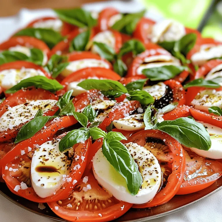 Creating a fresh and flavorful Caprese salad is simple. You need the right ingredients to make it shine. Here’s what you will need: - Ripe medium tomatoes - Fresh mozzarella cheese - Fresh basil leaves - Balsamic glaze - Extra virgin olive oil - Sea salt and black pepper Each of these ingredients plays a key role. Ripe medium tomatoes bring bright color and juicy taste. Fresh mozzarella cheese adds creaminess and a lovely texture. Fresh basil leaves give a fragrant touch that ties it all together. Balsamic glaze adds a sweet and tangy kick, making the salad pop. Extra virgin olive oil enhances the flavors and adds richness. Finally, sea salt and black pepper help to elevate all the tastes in each bite. For the full recipe, check out the Caprese Salad Delight Extraordinaire. It’s a breeze to prepare and a joy to eat! To make your Caprese salad shine, follow these simple steps: - Arrange tomatoes and mozzarella: Start with a large platter. Lay out the sliced tomatoes and mozzarella in a pretty pattern. Alternate between them, stacking the slices for a nice look. - Add basil leaves: Take your fresh basil. Tuck the leaves in between the tomato and mozzarella slices. This adds flavor and helps with the visual appeal. - Drizzle with olive oil: Grab a spoon and drizzle the extra virgin olive oil over the salad. This adds a rich taste and helps the colors pop. - Add balsamic glaze: Now, take the balsamic glaze. Drizzle it on top of the salad. This sweet-tangy glaze brings all the flavors together and adds a nice shine. - Season with salt and pepper: Finish off by sprinkling sea salt and cracked black pepper over the salad. This step enhances the natural tastes of the fresh ingredients. These steps will guide you to a fresh and flavorful Caprese salad. For details on ingredients and preparation time, check the Full Recipe. Enjoy making this classic dish! - Selecting the best tomatoes: Look for ripe, juicy tomatoes. They should feel firm yet give slightly when pressed. Color is key too; rich reds often mean great taste. Heirloom or vine-ripened varieties work best for flavor. - Choosing high-quality mozzarella: Fresh mozzarella is a must. It should feel soft and moist, not rubbery or dry. Look for mozzarella packed in water. This means it's fresh and will melt in your mouth. - Proper balancing of flavors: Aim for a balance between the sweet tomatoes and creamy mozzarella. The balsamic glaze adds a sweet-tangy kick. Use just enough olive oil to enhance the flavors without overpowering them. A sprinkle of salt and pepper rounds it out perfectly. - Creative serving styles: Try serving the salad on a wooden board for a rustic look. You can also stack the ingredients in a jar for a fun twist. This way, each layer is visible and inviting. - Garnishing suggestions: Fresh basil leaves not only add flavor but also color. Use whole leaves on top for a pop of green. A light drizzle of extra balsamic glaze can add shine and elegance to the dish. {{image_4}} You can make your Caprese salad unique with a few simple twists. Here are some fun ideas: - Adding avocado for creaminess: Slice ripe avocado and add it between the layers. The avocado adds a creamy texture that pairs well with the fresh flavors. - Incorporating roasted red peppers: Use roasted red peppers for a smoky flavor. The sweetness of the peppers contrasts beautifully with the tangy balsamic glaze. - Using flavored balsamic vinegar: Try different flavored balsamic vinegars. A fig or garlic-infused balsamic can add a new layer of taste that excites your palate. Not everyone can enjoy the classic version, but there are great alternatives. - Vegan options: For a vegan Caprese, skip the cheese and use marinated tofu. It offers a similar texture while keeping things plant-based. - Gluten-free versions: Good news! Caprese salad is naturally gluten-free. Just ensure your balsamic glaze is gluten-free, and you’re all set. These variations let you explore new tastes while keeping the spirit of the classic dish. For the full recipe, check out the details above. To keep your Caprese salad fresh, store it in an airtight container. Make sure to cover it tightly to avoid air exposure. If you have leftovers, separate the balsamic glaze. This keeps the salad from getting soggy. You can drizzle the glaze on just before serving. For the best taste, use fresh ingredients. Store tomatoes at room temperature. They taste better when not chilled. Keep mozzarella in its liquid until use. This helps it stay moist and flavorful. Caprese salad lasts about two days in the fridge. After that, the tomatoes and mozzarella can lose their texture. If you notice any slimy spots or off smells, it’s best to toss it. Always check for freshness before enjoying leftovers. Can I make Caprese Salad in advance? Yes, you can. Prepare the salad a few hours ahead. Keep it in the fridge. Wait to add the balsamic glaze until just before serving. This keeps everything fresh and tasty. What can I use instead of balsamic glaze? If you don't have balsamic glaze, try balsamic vinegar. It’s tangy but less sweet. You can also mix vinegar with honey for a similar taste. Is Caprese Salad healthy? Absolutely! Caprese Salad is made with fresh ingredients. It has tomatoes, mozzarella, and basil. These provide vitamins and healthy fats. Plus, it’s low in calories. How do I choose ripe tomatoes? Pick tomatoes that feel firm but slightly soft. They should have a deep color and a sweet smell. Avoid any with bruises or blemishes for the best flavor. What are some complementary dishes to serve with it? Caprese Salad pairs well with grilled chicken or fish. It also goes great with crusty bread or pasta. These dishes enhance the fresh flavors of the salad. Can I use dried basil instead of fresh? You can, but fresh basil offers the best taste. Dried basil is less aromatic. If you use dried, use less. About one-third of the amount should work well. In this article, we explored making a delightful Caprese salad. We covered key ingredients, preparation steps, and expert tips for success. You learned creative variations and important storage info to keep your salad fresh. Caprese salad is easy and fun to make. With fresh flavors and simple ingredients, you can impress anyone. Enjoy experimenting with different options to make it your own. Happy cooking!