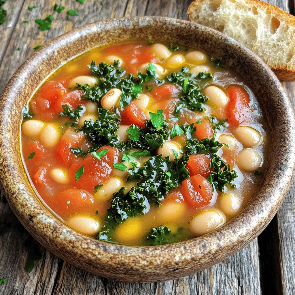 To create a delicious Tuscan white bean soup, gather these key ingredients: - 1 can (15 oz) of cannellini beans, drained and rinsed - 1 can (15 oz) of diced tomatoes, including their juices - 4 cups of vegetable broth - 1 medium onion, finely chopped - 2 cloves of garlic, minced - 2 large carrots, peeled and diced - 2 celery stalks, diced - 1 teaspoon of dried rosemary - 1 teaspoon of dried thyme - 1 bay leaf - 2 cups of fresh kale, stems removed and chopped - 2 tablespoons of extra-virgin olive oil - Salt and freshly ground black pepper, to taste - Fresh parsley, chopped (for garnish) Each ingredient plays a role in building a hearty flavor. Cannellini beans bring a creamy texture. The diced tomatoes add a hint of sweetness and acidity. Fresh kale gives a pop of color and nutrition. Garnishes can elevate your soup. Consider these options: - Extra chopped parsley for freshness - A drizzle of olive oil for richness - Crusty bread or garlic toast for dipping These add-ons enhance the meal. They make your soup look appealing and inviting. You can customize your soup with these swaps: - Use navy or great northern beans if you can't find cannellini - Swap vegetable broth for chicken broth for a different flavor - Try spinach instead of kale for a lighter touch These swaps ensure you can enjoy this soup, no matter what you have on hand. The Full Recipe provides easy steps to guide you. Start by gathering all your vegetables. You need onion, garlic, carrots, and celery. Chop the onion finely. Mince the garlic cloves. Peel and dice the carrots. Dice the celery stalks too. This will give your soup a great base. Heat olive oil in a large pot over medium heat. Add the finely chopped onion and sauté until soft. This should take about 3-4 minutes. Then, stir in the minced garlic, diced carrots, and diced celery. Cook for about 5 minutes. The veggies should be tender but not mushy. Next, add dried rosemary and thyme. Toss in a bay leaf too. Stir for about one minute to let the herbs release their flavor. Pour in the vegetable broth, rinsed cannellini beans, and diced tomatoes with their juices. Mix everything well. Bring the soup to a gentle boil. Once it boils, reduce the heat to low. Let the soup simmer uncovered for 15-20 minutes. This allows all the flavors to meld together. After simmering, remove the bay leaf. Stir in the chopped kale and cook for another 5 minutes. The kale should wilt nicely. Finally, taste your soup and add salt and pepper as needed. Serve it hot and enjoy! For the full recipe, check the earlier section. To boost flavor in your soup, use fresh herbs. Add them toward the end of cooking. This keeps their taste bright. Garlic and onion are key. Sauté them until soft for a rich base. A splash of lemon juice adds a nice zing. You can use a bit of chili for heat. Try adding Parmesan cheese for a savory touch. These simple tweaks make a big difference. If your soup is too thick, add more broth or water. Stir it in a little at a time. This helps you control the texture. For a thicker soup, blend some beans. Use an immersion blender or a regular one. Just blend a little, leaving some beans whole for texture. You can also add more vegetables, like potatoes, to thicken naturally. This soup is great for making ahead. The flavors deepen when it sits. Cook the soup and let it cool. Store it in the fridge for up to three days. You can also freeze it for later. Just make sure to leave out the kale until you reheat. It stays fresh and bright that way. For the full recipe, check the details above. {{image_4}} You can boost your soup with proteins for extra flavor and nutrition. Try adding diced chicken or turkey for a hearty meal. Cook the meat in the pot before adding the vegetables. You can also use cooked sausage for a richer taste. For a vegetarian option, add tofu or tempeh. These proteins will soak up the soup's flavors and make it more filling. I love changing the soup based on what’s in season. In spring, add fresh peas or asparagus for a bright touch. In summer, zucchini or corn can bring a sweet taste. In fall, try butternut squash or sweet potatoes for warmth. You can mix and match to keep it exciting. Just remember to cut the veggies into small pieces for even cooking. Herbs and spices can change the soup's whole vibe. Basil and oregano can bring an Italian twist. If you want some heat, add red pepper flakes. For a smoky flavor, try smoked paprika. Fresh herbs like parsley or cilantro can brighten the dish just before serving. Don't be afraid to taste and adjust as you go. Each herb adds its unique charm to this classic soup. You can find the full recipe [here](#). After you make your Tuscan white bean soup, let it cool down. Once cool, transfer it to an airtight container. Place the container in the fridge. The soup stays fresh for about 4 to 5 days. To keep the flavors strong, seal it well. If you notice any skin on the soup, just stir it before serving. For longer storage, freezing works great. First, let the soup cool completely. Then, pour it into freezer-safe bags or containers. When using bags, remove as much air as possible. Label the bags with the date. You can freeze the soup for up to 3 months. When you’re ready to eat, just thaw it in the fridge overnight. To reheat your soup, pour it into a pot. Heat it over medium heat, stirring often. If it seems too thick, add a little water or broth. You can also use the microwave. Place the soup in a microwave-safe bowl, cover it, and heat in short bursts. Stir after each burst to warm it evenly. Enjoy your warm, hearty soup with fresh bread or a sprinkle of parsley from your Full Recipe! You can enjoy Tuscan White Bean Soup with several tasty sides. Here are my favorites: - Crusty bread - Garlic toast - A fresh green salad - Parmesan cheese for sprinkling These options add a nice texture and flavor to your meal. I love dipping bread into the soup. It makes every bite better. Yes, you can make this soup in a slow cooker. Just follow these steps: 1. Sauté the onions, garlic, carrots, and celery in a pan first. 2. Add all the ingredients to your slow cooker. 3. Cook on low for 6-8 hours or high for 3-4 hours. This method allows all the flavors to blend well. You can walk away while it cooks! Tuscan White Bean Soup can stay fresh in the fridge for about 3-5 days. Store it in an airtight container to keep it tasty. Always check for signs of spoilage before eating. If you have leftovers, you can also freeze the soup for longer storage. Just thaw it overnight before reheating. Enjoy it later without losing flavor! Tuscan White Bean Soup is a delightful dish packed with flavor. We discussed its key ingredients, cooking steps, and ways to make it your own. Remember, you can adjust flavors and even add proteins or vegetables. Plus, smart storage will keep your soup fresh longer. Experiment with this recipe to find the perfect taste for you. Whether on a busy night or for meal prep, this soup is a winner. Enjoy making it, and share it with family and friends!