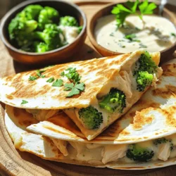 - 2 cups cooked chicken, shredded - 1 cup steamed broccoli florets, chopped - 1 cup creamy Alfredo sauce - 2 cups shredded mozzarella cheese - 4 large flour tortillas - 2 tablespoons extra virgin olive oil - 1 teaspoon garlic powder - 1 teaspoon Italian seasoning - Sea salt and freshly ground black pepper To create the Chicken and Broccoli Alfredo Quesadilla, you need these simple ingredients. Start with cooked chicken. You can use leftovers or quickly bake some. Next, grab some broccoli. Steaming it keeps it bright and tender. Now, let’s talk about the Alfredo sauce. You can buy it or make your own. I often prefer making it fresh; it tastes better. Mozzarella cheese gives that cheesy pull. Flour tortillas are best for wrapping all the goodness inside. You’ll also need olive oil for cooking. Garlic powder and Italian seasoning add great flavor. Lastly, don’t forget about sea salt and pepper. They make a huge difference in taste. Gather these ingredients before you start cooking. That way, you can focus on making this delicious dish. If you want the full recipe, check out the details above. Start by mixing the chicken, broccoli, and Alfredo sauce. In a large bowl, combine 2 cups of shredded chicken, 1 cup of chopped broccoli florets, and 1 cup of creamy Alfredo sauce. Stir until everything is well coated. Next, season the mixture. Add in 1 teaspoon of garlic powder, 1 teaspoon of Italian seasoning, and a pinch of sea salt and freshly ground black pepper. Mix this blend well for full flavor. Now, heat a large skillet over medium heat. Pour in 1 tablespoon of extra virgin olive oil and let it warm. Lay one tortilla in the skillet. Sprinkle half of the 2 cups of shredded mozzarella cheese evenly over the tortilla. Then, spoon half of your chicken and broccoli mixture onto the cheese. Top this with the remaining mozzarella cheese. Place a second tortilla on top and gently press it down. Cook for about 3-4 minutes, checking often, until the bottom is golden brown and crispy. Carefully flip the quesadilla using a large spatula. If needed, add another tablespoon of olive oil to the skillet. Cook the other side for another 3-4 minutes until it is golden brown and the cheese has melted. Once cooked, transfer the quesadilla to a cutting board. Let it cool for about a minute. Then, slice it into wedges for easy serving. For a beautiful presentation, arrange the wedges on a vibrant platter. Serve with a small bowl of extra Alfredo sauce for dipping. Add a sprinkle of freshly chopped parsley on top for color. Enjoy your delicious Chicken and Broccoli Alfredo Quesadilla! For the complete recipe, check out the Full Recipe section. To make the best Chicken and Broccoli Alfredo Quesadilla, you want even cooking. Start by using a medium heat. This helps the cheese melt while the tortilla gets crispy. Use a non-stick skillet or cast iron for great results. For the perfect crunch, use enough olive oil. This keeps the tortilla from sticking and adds flavor. Press down gently on the quesadilla while it cooks. This helps the filling meld together and gives you that crunchy texture. You can swap out vegetables to suit your taste. Try using spinach or bell peppers for a fresh twist. These add color and flavor to your quesadilla. Changing the cheese can also make a big difference. If you want more flavor, use sharp cheddar or pepper jack. These will give your quesadilla a unique kick. You can even mix cheeses for a creamy and delicious filling. For the full recipe, check the ingredients section! {{image_4}} You can easily spice things up! Just add jalapeños or red pepper flakes to the filling. This extra heat makes each bite exciting. If you like it really hot, use fresh jalapeños. Slice them thin and mix them with the chicken and broccoli. If you prefer a milder kick, sprinkle some red pepper flakes in the Alfredo sauce. Adjust the heat to match your taste. Want a meat-free meal? You can swap the chicken for mushrooms or tofu. Both options add great flavor and texture. For mushrooms, use portobello or button mushrooms. Sauté them until they are soft before mixing them with the broccoli. If you choose tofu, press it first to remove extra moisture. Then, cube and cook it until it's golden. You’ll love how tasty this option is! Why not mix up the sauce? You can use pesto or a cheese blend instead of Alfredo. Pesto gives your quesadilla a fresh, herby taste. Just spread it on the tortilla before adding the filling. A cheese blend can add depth. Try mixing mozzarella with cheddar or pepper jack cheese for a new flavor twist. Each sauce brings a unique taste to your quesadilla, so feel free to get creative! For the complete recipe, check out the Full Recipe section. You can store leftover Chicken and Broccoli Alfredo Quesadillas in the fridge. They last up to three days. Keep them in an airtight container to prevent drying out. This way, you can enjoy a quick meal later in the week. If you want to save some for later, freezing is a great option. Wrap each quesadilla in plastic wrap. Then, place them in a freezer bag. Make sure to remove as much air as possible. They can stay fresh for up to three months this way. When it's time to eat, you want to keep that crispy texture. The best way to reheat quesadillas is in a skillet. Heat a pan over medium heat. Place the quesadilla in the pan for about 3-4 minutes on each side. This method warms the filling and keeps the outside crunchy. You can also use an air fryer for a quick option. Set it to 350°F and cook for about 5 minutes. Enjoy your tasty quesadilla just like it was fresh! To make the best quesadilla, focus on flavor and texture. Use fresh ingredients. Here are some tips: - Season well: Add garlic powder and Italian seasoning to enhance the taste. - Use quality cheese: Fresh mozzarella melts beautifully for a gooey filling. - Don’t rush cooking: Cook on medium heat for a nice, crispy tortilla. - Layer wisely: Spread cheese first, then the filling, and top with more cheese. This keeps the filling secure and adds creaminess. Yes, you can prepare this quesadilla ahead of time. Here are the best practices for prep and storage: - Prep the filling: Mix the chicken, broccoli, and Alfredo sauce in advance. - Store in the fridge: Keep the filling in an airtight container. It lasts for 2-3 days. - Assemble before cooking: When ready to eat, fill the tortillas and cook. This keeps them crispy and fresh. Pair your quesadilla with delicious sides and drinks. Here are some great options: - Side salad: A light side salad adds freshness and crunch. - Guacamole or salsa: These dips add a tasty kick. - Drinks: Serve with iced tea or a light soda for balance. For the full recipe and more tips, check the Full Recipe section above! This blog post outlined an easy way to make Chicken and Broccoli Alfredo Quesadillas. We covered the ingredients and steps needed. You learned about tips and tricks to perfect your quesadilla. Variations give you options for spice, vegetarian, and sauce choices. Lastly, I shared storage and reheating tips. Try this recipe to impress anyone at your table. Enjoy the fun of cooking and sharing!