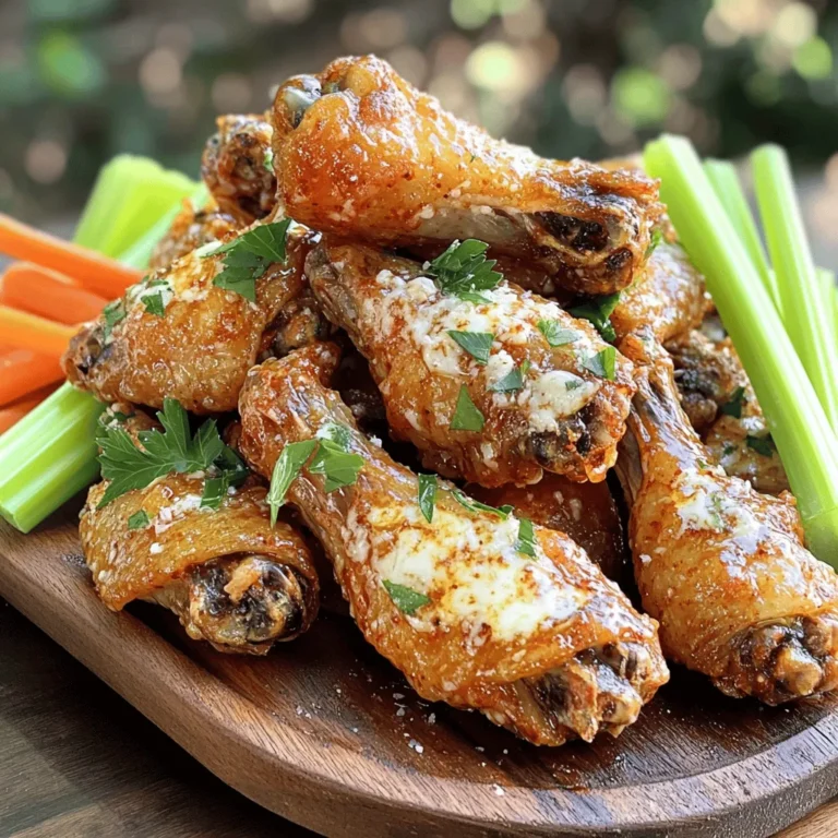 To make these Crispy Garlic Parmesan Wings, you need simple, fresh ingredients. Here’s what you will gather: - Chicken wings - All-purpose flour - Baking powder - Garlic powder - Onion powder - Paprika - Salt and black pepper - Unsalted butter - Freshly grated Parmesan cheese - Garlic - Fresh parsley Each of these items plays a big role in making your wings flavorful and crispy. The chicken wings are the star of the show. The flour helps create that crunchy coating you crave. Baking powder adds extra crispness. Garlic powder, onion powder, and paprika give the wings a savory kick. Salt and black pepper enhance the taste, making every bite better. Unsalted butter adds richness to the garlic Parmesan sauce that coats the wings. Freshly grated Parmesan cheese brings a sharp and salty flavor that pairs well with the garlic. Lastly, fresh parsley adds a pop of color and freshness. Gather these ingredients, and you’re ready to create a dish that will impress everyone. For the full recipe, check the details above. First, preheat your oven to 425°F (220°C). This step is key for crispy wings. Next, line a large baking sheet with parchment paper. This makes cleanup easy. After that, clean and pat-dry your chicken wings. Make sure they are completely dry. This helps them crisp up nicely. In a medium bowl, add 1/2 cup of all-purpose flour. Then, mix in 1/2 teaspoon of baking powder. Add 1 teaspoon of garlic powder and 1 teaspoon of onion powder. Next, sprinkle in 1/2 teaspoon of paprika. Finally, add salt and black pepper to taste. Whisk everything together until it's well blended. This dry mix is essential for a great coating. Now, take your cleaned wings and put them in a large bowl. Sprinkle the flour mixture over the wings. Toss them until each wing is fully coated. Place the wings on the baking sheet in a single layer. Make sure they have space to crisp up. Bake them for 40-45 minutes. Flip them halfway through for even cooking. They should turn golden brown and crispy. While your wings bake, let’s make the sauce. In a small bowl, combine 1/2 cup of melted unsalted butter. Add 3 cloves of finely minced garlic. Then, stir in 1/2 cup of freshly grated Parmesan cheese. Mix it well and set this aside. This sauce is what gives the wings their irresistible flavor. Once the wings are crispy and golden, take them out of the oven. Transfer the hot wings to a large mixing bowl. Pour the garlic Parmesan sauce over the wings. Toss them gently until every wing is coated. This step is crucial for flavor. Finally, place the wings on a serving platter. Garnish with 2 tablespoons of finely chopped fresh parsley. You can serve them with extra grated Parmesan on the side. For a pop of color, add celery and carrot sticks too. For the full recipe, check out the previous section. To make wings super crispy, start with dry wings. Always pat them dry with paper towels. Use baking powder in the flour mix. This helps create a light, crisp texture. Make sure the wings are in a single layer on the baking sheet. Space them out so they do not steam each other. Flip them halfway through baking for even crispiness. For a flavor boost, add spices to the flour mix. Try smoked paprika or cayenne for some heat. Fresh herbs also add depth. Mix in some dried oregano or thyme with the garlic powder. You can even experiment with different types of cheese. Try adding a bit of blue cheese or mozzarella for a twist. Serve your Crispy Garlic Parmesan Wings on a big platter. This makes them look amazing. Sprinkle extra Parmesan on top for a cheesy touch. Add freshly chopped parsley for color. Pair the wings with colorful veggies. Celery and carrots not only look great but also balance the flavors. Cooking time can vary based on wing size. Smaller wings may need less time, while larger ones require more. Always check for doneness by ensuring they reach an internal temperature of 165°F (74°C). If you want extra crispiness, bake them a few minutes longer. Just keep an eye on them to avoid burning. For more details, check out the Full Recipe. {{image_4}} Wings are fun and versatile! You can change them up in many ways. Here are some tasty ideas to try. Want a kick? Add some heat! Mix in cayenne pepper or hot sauce. You can also toss the wings in chili flakes after baking. The spicy garlic Parmesan wings will give you a great flavor punch. They pair well with a cool ranch dip. Looking for a fresh twist? Try lemon pepper. Just add lemon zest and fresh lemon juice to your sauce. This brightens the flavor and adds a nice zing. You can also season the wings with lemon pepper before baking. The result is a zesty, savory taste that will have everyone asking for more! Are you a fan of herbs? Use fresh herbs like thyme or rosemary. Chop them finely and mix them into the garlic Parmesan sauce. This adds depth and aroma to your wings. You can also sprinkle herbs on top before serving. These herbed garlic Parmesan wings will feel like a gourmet treat! Check out the Full Recipe for the base wings and feel free to get creative with these variations! You can keep leftover wings in the fridge. Place them in an airtight container. They stay fresh for up to three days. Make sure to cool them down before storing. This helps keep the skin crispy and tasty. If you want to save the wings for later, freezing is a great option. First, let them cool completely. Then, place them in a freezer-safe bag. Squeeze out as much air as possible. You can freeze them for up to three months. When you're ready to eat, just thaw them in the fridge overnight. To enjoy your wings again, I recommend reheating them in the oven. Preheat the oven to 350°F (175°C). Place the wings on a baking sheet and heat for about 15-20 minutes. This method keeps them crispy and delicious. You can also use an air fryer if you have one. Just set it to 375°F (190°C) for about 10 minutes. This will give them a nice crunch again. For more cooking tips, check out the Full Recipe. Yes, you can use other types of chicken. Chicken drumsticks or thighs work great too. Just adjust the cooking time. Thicker pieces may need a bit longer to cook through. Always check that the internal temperature reaches 165°F. These wings pair well with many sides. Try serving them with: - Celery sticks - Carrot sticks - Blue cheese dressing - Ranch dressing - A fresh salad These options balance the rich flavors of the wings. To know when the wings are done, check the internal temperature. Use a meat thermometer to ensure they reach 165°F. The skin should be golden brown and crispy. If you see juices running clear, that’s a good sign too. Yes, you can make these wings in an air fryer! Preheat your air fryer to 400°F. Cook the wings in a single layer for about 25-30 minutes. Flip them halfway for even crispiness. Enjoy the same great flavor with less oil! For the full recipe, check out the detailed instructions above. Crispy garlic parmesan wings are simple and fun to make. We covered ingredients, from chicken wings to fresh parsley. I shared step-by-step instructions for prepping, baking, and serving. Plus, I offered tips for extra crispiness and flavor. You can even explore tasty variations. As you try this recipe, remember to store leftovers properly. Serve with your favorite sides for a great meal. Enjoy making these wings for your friends and family!