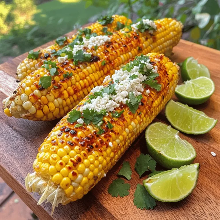 - 4 ears of fresh corn, husked - 2 tablespoons olive oil - 1 teaspoon chili powder - 1/2 teaspoon smoked paprika - 1/2 teaspoon garlic powder - Juice of 1 lime - 1/4 cup crumbled cotija cheese - Fresh cilantro, chopped - Salt and pepper to taste When I think of summer, grilled corn comes to mind. The sweet, juicy kernels blend perfectly with zesty lime and spicy chili. Using fresh corn is key. Each ear bursts with flavor, especially when grilled. I prefer the taste of corn that is just off the cob. It has a natural sweetness that shines through. The olive oil in this recipe helps to create a beautiful char on the corn. It also adds a rich mouthfeel. The chili powder and smoked paprika give the corn a nice kick. Garlic powder adds depth to the flavor. The lime juice brightens everything up. You will love how the fresh cilantro gives a pop of color and taste. - Grill (or grill pan) - Mixing bowl - Whisk - Brush for coating - Tongs for handling corn Make sure you have a grill or grill pan ready. A good grill gets hot, which is what you want. A mixing bowl and whisk will help you combine the ingredients. The brush is vital for spreading the chili-lime mixture on the corn. Tongs will help you handle the corn safely on the grill. For the full recipe, check the section above. You'll see how these ingredients come together for a delightful summer treat. First, heat your grill to medium-high. A steady temperature helps cook the corn evenly. This step is key for great flavor. Aim for a grill temperature of about 400°F. Once hot, you can start grilling. In a small bowl, combine 2 tablespoons of olive oil, 1 teaspoon of chili powder, and 1/2 teaspoon of smoked paprika. Add 1/2 teaspoon of garlic powder and the juice of 1 lime. Use a whisk to mix it all together. Make sure it's smooth and well-blended. This mixture gives the corn its bold flavor. Take 4 ears of husked corn and brush each one with the chili-lime mix. Make sure every kernel is coated for full flavor. Place the corn on the grill. Grill for 10-12 minutes, turning occasionally. Look for nice grill marks and tender kernels. This means your corn is done perfectly. Once grilled, use tongs to remove the corn from the grill. Let it cool for a couple of minutes. Sprinkle 1/4 cup of crumbled cotija cheese on each ear. The heat will melt the cheese slightly. Then, garnish with freshly chopped cilantro. This adds color and freshness. Serve the corn warm, with lime wedges on the side for an extra zing. You can find the full recipe in the earlier section. To get the best grill marks, keep the corn on the hot grill for a few minutes without moving it. This helps sear the kernels and create those beautiful lines. For gas grills, preheat for about 10 minutes. If you use charcoal, wait until the coals are glowing and ashy. This ensures even cooking and great taste. Feel free to add your favorite spices! Try cayenne for heat or cumin for warmth. You can also mix in smoked sea salt for a unique flavor. For toppings, consider adding sliced jalapeños, avocado slices, or a drizzle of hot sauce. These will take your corn to the next level! Arrange the grilled corn on a colorful platter. Add fresh cilantro sprigs for a pop of green. Serve lime wedges on the side. This not only looks great but also gives guests the option to add more citrus if they want. Enjoy your beautiful and delicious corn! {{image_4}} To make this corn vegan, you can easily swap out the cheese and butter. Instead of cotija cheese, use nutritional yeast. This adds a cheesy flavor without animal products. Nutritional yeast is a great source of protein and vitamins. You can mix it with lime juice for a zesty kick. If you like heat, add jalapeños or hot sauce to the corn. This adds a nice spicy kick. You can also adjust the levels of chili powder. Start with a little more if you want it hotter. Just be careful not to overpower the other flavors. Get creative with toppings from around the world. For a Latin twist, try adding avocado or salsa. These toppings enhance the fresh taste. If you want an Asian-style variation, consider using sesame oil and green onions. This gives the corn a unique flavor profile. To keep your chili lime grilled corn fresh, store it in the fridge. Wrap each ear tightly in plastic wrap or place it in an airtight container. This method helps keep moisture in. Leftover corn will stay fresh for up to three days. If you want to save it longer, you can freeze it. First, cut the corn off the cob. Then place the kernels in a freezer-safe bag. Remove as much air as you can before sealing. Frozen corn can last for up to six months. To reheat your corn, I suggest using the grill or a skillet. This helps retain moisture and flavor. Preheat your grill to medium heat. Place the corn on the grill for about 5 minutes, turning often. If you prefer the skillet, heat a small amount of olive oil over medium heat. Add the corn and cover it. Stir occasionally for about 5 minutes. This will keep the corn juicy and tasty. For a fun twist, grill the leftover corn with some extra chili lime sauce. This adds a burst of flavor and makes it feel fresh again. Enjoy your delicious corn! Yes, you can use frozen corn. Fresh corn gives the best taste and texture. Frozen corn is convenient, though. If using frozen corn, thaw it first. Drain any excess water before grilling. It may need a bit more time to cook. Aim for a nice char to enhance the flavor. You can easily cook the corn in the oven or on the stovetop. For the oven, set it to 400°F (200°C). Place the corn on a baking sheet and brush it with the chili-lime mix. Bake for about 20 minutes, turning halfway. For stovetop, use a grill pan. Heat it over medium-high heat and cook the corn for around 10 minutes, turning often. Cotija cheese is great but not the only option. Feta cheese works well for a salty bite. Parmesan can also work if you need a harder cheese. Each cheese brings its own flavor. Choose based on what you like or have on hand. To make it mild, use less chili powder. You can also skip the smoked paprika. For a spicy kick, add more chili powder or some cayenne pepper. Chopped jalapeños can boost the heat too. Always taste as you go to find your perfect balance. Chili Lime Grilled Corn is both tasty and nutritious. Each serving contains about 180 calories. It has 7 grams of fat, 24 grams of carbs, and 5 grams of protein. The corn is rich in fiber and vitamins. The cotija adds some calcium as well. Enjoy this dish as a healthy side! We covered all the steps to make delicious Chili Lime Grilled Corn. From picking fresh corn to adding your favorite toppings, this dish shines. Remember, grilling is not just about cooking. It’s about flavor and fun. Feel free to try variations. You can make it vegan or add some heat. Use leftovers wisely, too. Enjoy sharing this tasty treat at your next gathering. You'll impress everyone with your skills and creativity. Happy grilling!