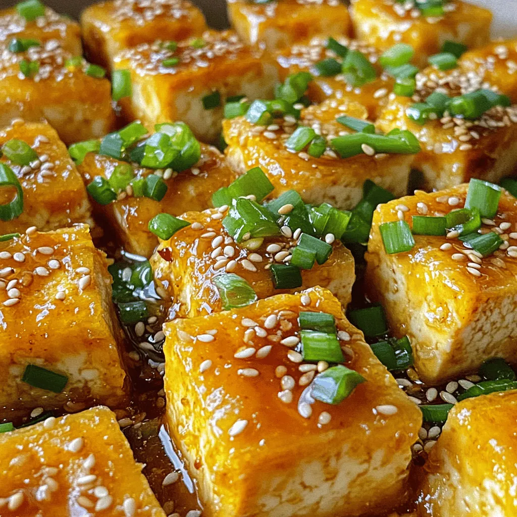 To make crispy honey garlic tofu, gather these main ingredients: - Firm tofu - Cornstarch - Honey (or maple syrup for vegan option) Firm tofu gives the best texture. Cornstarch helps it get crispy. Use honey for a sweet touch, or maple syrup for a vegan choice. For great taste, include these additional flavorings: - Garlic - Soy sauce - Rice vinegar Garlic adds a rich flavor. Soy sauce brings saltiness, while rice vinegar adds a tangy kick. You can enhance your dish with these optional ingredients: - Fresh ginger - Red pepper flakes - Garnishes (green onions, sesame seeds) Fresh ginger makes the sauce more complex. Red pepper flakes add heat. Green onions and sesame seeds are perfect for garnishing. For the full recipe, check out the details to create this delightful dish! To prepare the tofu, start by cutting the pressed tofu into 1-inch cubes. Use a sharp knife to ensure clean cuts. Place the cubes in a mixing bowl. Next, sprinkle 1/4 cup of cornstarch over the tofu cubes. Toss gently until each piece is well-coated. The cornstarch helps the tofu become crispy when fried. In a large skillet, pour 3 tablespoons of vegetable oil. Heat the oil over medium-high heat. You want the oil hot enough to sizzle when you add the tofu. This usually takes about 2 minutes. Carefully add the cornstarch-coated tofu cubes in a single layer. Avoid stacking the tofu to ensure even cooking. Fry the cubes for 2-3 minutes on each side. Flip them until they are golden brown and crispy. If needed, fry in batches to avoid overcrowding. Once cooked, place the crispy tofu on a plate lined with paper towels to absorb any excess oil. In a small bowl, whisk together the sauce ingredients. Combine 1/4 cup honey (or maple syrup), minced garlic, 2 tablespoons soy sauce, 1 tablespoon rice vinegar, grated ginger, and red pepper flakes if you want some heat. Mix well until everything is combined. This sauce will coat the tofu and add flavor. Next, return the same skillet to the stove and lower the heat to medium-low. Pour the honey garlic sauce into the skillet. Let it simmer for about 2 minutes, stirring occasionally. The sauce will thicken slightly. After that, gently add the crispy tofu back into the skillet. Toss the tofu carefully to ensure each piece is coated in the sauce. Cook the tofu in the sauce for an additional 2-3 minutes so it can soak up the flavors. For the full recipe, check out the Crispy Honey Garlic Tofu section. To make crispy honey garlic tofu, cornstarch is key. Coating the tofu with cornstarch helps create that crunch we all love. It forms a barrier that keeps moisture in while crisping the outside. Be generous with the cornstarch. Make sure every piece is coated well. Oil temperature is also important for frying. Heat your oil until it sizzles lightly. If it's too cold, the tofu will soak up oil and become soggy. Aim for medium-high heat. This way, your tofu will fry quickly and evenly. When serving crispy honey garlic tofu, think about sides. Steamed rice or quinoa pairs well. You can also serve it with a fresh salad. Add some bright vegetables for color and crunch. For a beautiful presentation, place the tofu on a white plate. Drizzle the sauce around it and sprinkle with chopped green onions and sesame seeds. This adds flair and makes it more appealing. Avoid overcrowding the pan when frying. If you add too many tofu pieces, they won’t fry well. They will steam instead of crisping up. Fry in batches to get the best result. Another mistake is not coating the tofu properly. If you skip the cornstarch or don’t coat evenly, your tofu won’t have that desired crunch. Take the time to make sure each piece is fully coated before frying. For the full recipe, check the section above. {{image_4}} To make this dish vegan, simply swap out honey for maple syrup. Maple syrup gives a sweet flavor that pairs well with the garlic. You can use the same amount of maple syrup as honey. This change keeps the dish tasty while making it plant-based. You can customize the taste of your crispy honey garlic tofu. - Adding Spices: Try adding sriracha for heat or hoisin for sweetness. Both add unique flavors to the dish. A little goes a long way, so start small. - Incorporating Vegetables: Feel free to toss in veggies like bell peppers, broccoli, or snap peas. They add color, crunch, and nutrition. Add them to the pan while frying the tofu for a complete meal. If you need a gluten-free option, look for gluten-free soy sauce. This keeps the dish safe for those with gluten allergies. You can also use tamari, which is a gluten-free soy sauce alternative. It has a similar flavor and works great in this recipe. For the full recipe, check [Full Recipe]. To keep crispy honey garlic tofu fresh, store it in an airtight container. Make sure it cools to room temperature first. Place it in the fridge, where it can last for 3 to 5 days. This helps keep the tofu safe and tasty. If you want to enjoy it later, do not add sauce until you're ready to serve. This keeps the tofu crispy. When reheating tofu, you want to keep it crispy. The best way is to use an oven or an air fryer. Preheat the oven to 350°F (175°C) and place the tofu on a baking sheet. Heat for about 10-15 minutes. If using an air fryer, set it to 350°F (175°C) and cook for 5-7 minutes. Avoid using the microwave, as it can make the tofu soggy. Yes, you can freeze cooked tofu. However, it may change texture slightly. To do this, let the tofu cool completely. Place it in a freezer-safe bag and remove as much air as possible. It can be frozen for up to 3 months. For defrosting, move the tofu from the freezer to the fridge. Let it thaw overnight. Alternatively, you can place it in cold water for a few hours. After thawing, reheat it using your preferred method to regain some crispiness. To make crispy tofu, follow these key steps: - Press the tofu: Start with firm tofu. Press it to remove excess water. This step helps it get crunchy. - Cut into cubes: Slice the tofu into 1-inch cubes. - Coat with cornstarch: Toss the cubes in cornstarch. This coating is key for crispiness. - Heat oil: Use enough oil in a pan and heat it until hot. - Fry in batches: Add the coated tofu cubes in a single layer. Fry until golden brown, flipping them carefully. Following these steps ensures your tofu turns out crispy. Yes, you can make this dish gluten-free. To do so, substitute soy sauce with gluten-free tamari or coconut aminos. Both options work well and still add great flavor. Always check labels to ensure they meet your dietary needs. Crispy tofu lasts about 3 to 5 days in the fridge. To keep it fresh, store it in an airtight container. If you want to enjoy crispy texture later, reheat it in the oven or an air fryer. This method will help restore its crunch. In this post, I covered how to make crispy tofu using simple steps and ingredients. You learned about the main ingredients, like tofu and cornstarch, and the optional flavorings to enhance taste. Remember, proper coating and oil temperature are key. Make sure to try out variations to fit your diet. With these tips, you'll enjoy delicious tofu dishes that are easy to prepare. Enjoy cooking and experimenting!