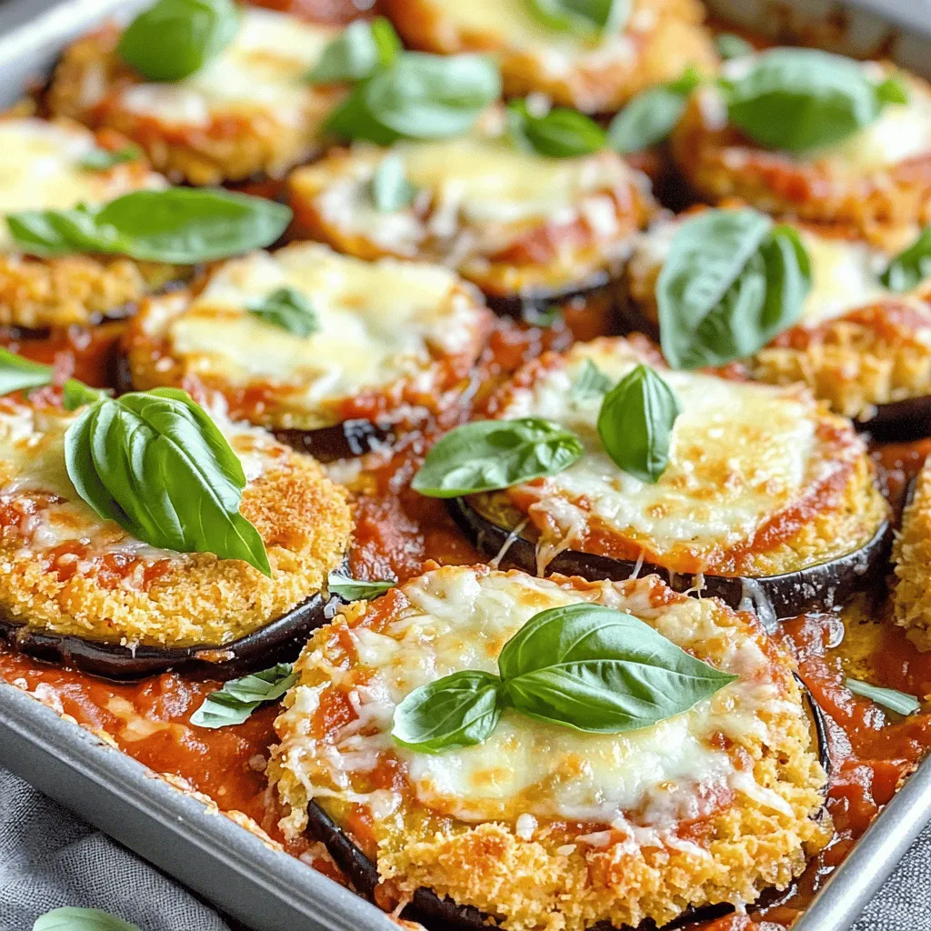 For a delicious Eggplant Parmesan Bake, you need these key ingredients: - 2 large eggplants, sliced into ½-inch thick rounds - 1 cup all-purpose flour - 2 large eggs, beaten - 2 cups breadcrumbs (preferably Italian seasoned) - 3 cups marinara sauce (store-bought or homemade) - 2 cups shredded mozzarella cheese - 1 cup grated Parmesan cheese - 1 tablespoon Italian seasoning - 1 teaspoon garlic powder - Salt and pepper to taste - Fresh basil leaves for garnish These ingredients create layers of flavor. The eggplant gives a nice texture. The cheese adds creaminess, while the marinara brings moisture and tang. You can make this dish your own! Consider adding these optional items: - Sliced mushrooms for an earthy taste - Spinach for added greens - Red pepper flakes for some heat - Fresh oregano or thyme for more herbal notes Feel free to mix and match based on your taste. Customizing this dish can elevate the flavor and make it unique. Eggplant Parmesan Bake offers a good balance of nutrients. Here’s a quick look at the nutrition: - Calories: Approximately 350 per serving - Protein: About 20 grams - Carbohydrates: Around 30 grams - Fat: Roughly 17 grams This dish is filling and satisfying. It provides protein from cheese and eggs, along with fiber from eggplants. Enjoying it in moderation can fit well into a balanced diet. For the full recipe, check out the details above! Start by preheating your oven to 375°F (190°C). This step gets it ready for baking. While the oven warms, take your eggplants and slice them into ½-inch thick rounds. Generously sprinkle salt on both sides of the slices. Place them on a wire rack or paper towels. Let them sit for about 30 minutes. This process pulls out moisture and bitterness. After thirty minutes, rinse the slices under cold water. Pat them dry with paper towels until no moisture remains. Next, create your breading station. Place the flour on one plate. Pour the beaten eggs into a shallow bowl. On another plate, mix the breadcrumbs with garlic powder and Italian seasoning. This setup makes breading easier and faster. Now, it's time to fry the eggplant. Heat a few tablespoons of olive oil in a large skillet over medium heat. Once hot, add the breaded slices in batches. Fry them until golden brown and crispy, about 3-4 minutes on each side. Transfer the fried eggplant to a plate lined with paper towels. This helps to drain excess oil. In a 9x13-inch baking dish, spread a layer of marinara sauce evenly across the bottom. Next, layer half of the fried eggplant slices over the sauce. Sprinkle half of the mozzarella cheese and a little Parmesan cheese on top. Repeat this with another layer of marinara, the rest of the eggplant, the remaining mozzarella, and more Parmesan. For the final touch, spread the remaining marinara sauce over the top. Add a generous layer of mozzarella and Parmesan cheeses. Cover the dish with aluminum foil and place it in your preheated oven. Bake for 25 minutes. After this, carefully remove the foil. Continue baking for another 15 minutes until the cheese is melted and bubbly. Once out of the oven, let the dish rest for about 10 minutes. This cooling helps the layers set, making serving easier. Just before serving, add fresh basil leaves on top. They add color and flavor, making your Eggplant Parmesan Bake even more special. For the full recipe, check out [Full Recipe]. To make the best eggplant parmesan, start with fresh eggplants. Choose ones that are firm, smooth, and shiny. Look for a deep purple color. Avoid any that show soft spots. Next, salt your eggplant slices. This step removes excess moisture and bitterness. Lay the salted slices on a wire rack or paper towels for about 30 minutes. Rinse and pat dry afterward. This method helps your bake taste great. For crispy eggplant, ensure your oil is hot before frying. Medium heat works well. Fry each slice for about 3-4 minutes on each side. This golden-brown color adds flavor and crunch. Coating each slice with flour, egg, and seasoned breadcrumbs is key. The flour helps the egg stick, and the breadcrumbs give that satisfying crunch. If you want extra crunch, try double-dipping your eggplant slices in egg and breadcrumbs. Eggplant parmesan bake pairs well with many sides. A simple green salad adds freshness and balances the richness. You can also serve it with garlic bread for a comforting touch. For wine lovers, a glass of Chianti or a light Pinot Grigio complements the dish nicely. If you want to add some fun, try adding fresh basil leaves on top. They bring a bright flavor and a pop of color. For the complete recipe, check out the Full Recipe mentioned above. {{image_4}} You can easily make this dish gluten-free. Just switch the all-purpose flour and breadcrumbs for gluten-free options. Look for gluten-free flour blends and breadcrumbs made from rice or corn. They work well and keep the texture nice. You will still enjoy that crispy layer, making it just as good as the classic version. Want to mix things up? You can add different veggies. Try sliced zucchini or bell peppers for extra flavor. You could also layer in some sautéed mushrooms or spinach. Adding these veggies gives more color and taste. It makes this dish even more healthy and fun. For a dairy-free or vegan version, use plant-based cheeses. Brands like Daiya or Violife offer great mozzarella-style shreds. You can also skip the cheese entirely and use a cashew cream sauce. Just blend soaked cashews with garlic and nutritional yeast for a cheesy flavor. This way, everyone can enjoy a tasty eggplant bake. For more on how to make this dish, check out the Full Recipe. After enjoying your Eggplant Parmesan Bake, let it cool down. Once cool, transfer any leftovers to an airtight container. It’s best to store them in the fridge. This keeps the flavors fresh. Remember to consume the leftovers within three to five days for the best taste. To reheat, use the oven for best results. Preheat your oven to 350°F (175°C). Place the leftover bake in an oven-safe dish. Cover it with foil to prevent drying out. Heat for about 20 minutes or until warmed through. You can also microwave it, but the oven keeps the cheese melty and delicious. If you want to save some for later, freezing works well. First, let the bake cool completely. Then, slice it into portions. Wrap each slice tightly in plastic wrap. Place the wrapped slices in a freezer-safe bag. This keeps them fresh for up to three months. When you’re ready to eat, thaw in the fridge overnight before reheating. Enjoy your tasty comfort food anytime! You can find the full recipe above to make this dish again. If you don't have breadcrumbs, you can use crushed crackers or cornflakes instead. Panko is also a great choice. It gives a crispy texture. You can even grind oats or nuts for a different flavor. Just keep the taste in mind when you choose a substitute. Yes, you can use frozen eggplant. However, fresh eggplant tastes better. Frozen eggplant might be softer. Thaw it before cooking. Press out excess water with a towel to avoid a soggy dish. Eggplant Parmesan Bake lasts for about 3 to 5 days in the fridge. Store it in an airtight container to keep it fresh. You can reheat it in the oven or microwave when ready to eat. Absolutely! You can prepare Eggplant Parmesan Bake a day ahead. Assemble it but wait to bake until you are ready. Cover it with foil and store it in the fridge. Just bake it when you need a tasty meal. For the full recipe, check out the details above. In this article, we explored the key ingredients for Eggplant Parmesan Bake and step-by-step instructions to create it. I shared tips for the perfect texture and tasty variations, including gluten-free and vegan options. Remember, the right storage and reheating methods keep the dish fresh. With this guide, you can create a delicious meal that suits your needs. Enjoy sharing this dish with family and friends, and have fun customizing it to your taste!