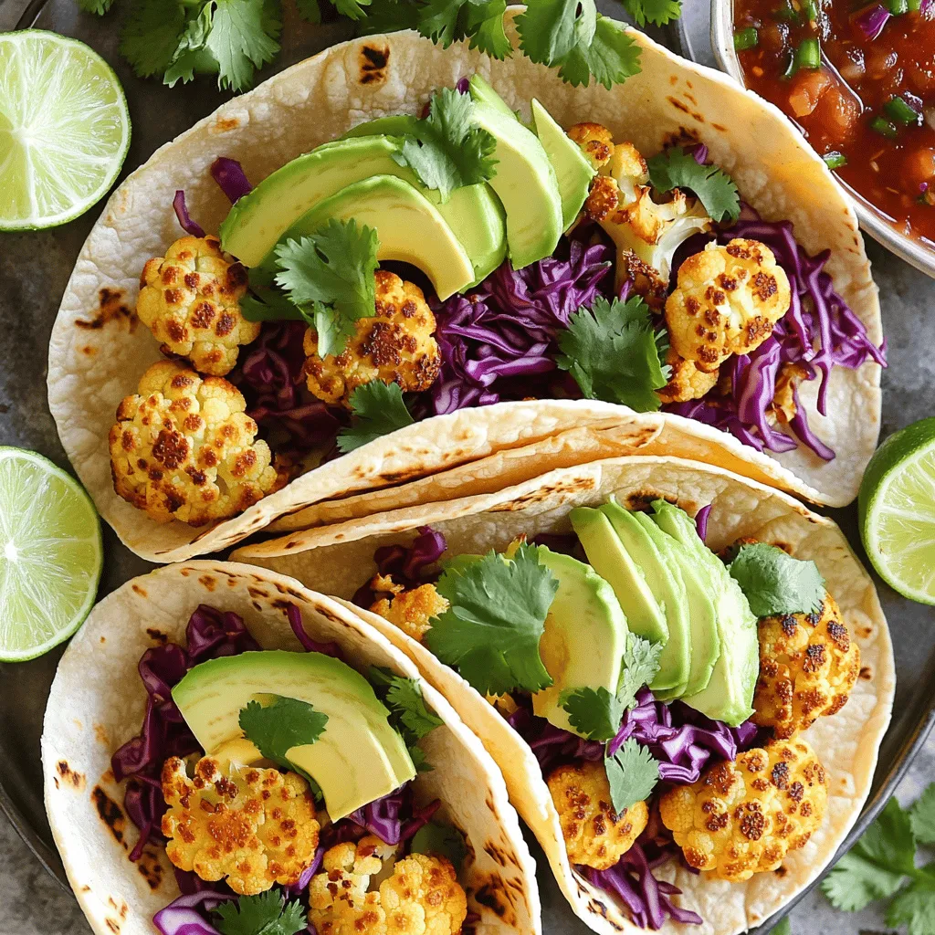- 1 medium head of cauliflower, cut into bite-sized florets - 2 tablespoons extra virgin olive oil - 1 teaspoon smoked paprika - 1 teaspoon ground cumin - 1/2 teaspoon garlic powder - Salt and freshly cracked black pepper, to taste - 8 small corn tortillas Cauliflower is the star of these tacos. When you roast it, the flavor deepens, and the texture becomes crunchy and soft. Olive oil helps the spices stick and gives a nice finish. The spices add warmth and depth. Use smoked paprika for a subtle smokiness, and cumin for a warm, earthy taste. - 1 ripe avocado, sliced into thin wedges - 1 cup red cabbage, finely shredded - 1/4 cup fresh cilantro leaves, roughly chopped Toppings are key to adding flavor and color. Avocado is creamy and adds healthy fat. Red cabbage gives a nice crunch and a pop of color. Fresh cilantro brightens the dish with its unique flavor. - Salsa or hot sauce - Lime wedges For an extra kick, add your favorite salsa or hot sauce. Lime wedges bring a zesty touch and balance the richness of the avocado. These add-ons enhance each bite and make the tacos even more enjoyable. You can find the full recipe to make these delicious tacos in the article above. - Preheat your oven to 425°F (220°C). - Cut the cauliflower into bite-sized florets. - In a bowl, mix the cauliflower florets with olive oil, smoked paprika, cumin, garlic powder, salt, and pepper. - Spread the florets on a baking sheet in a single layer. Roast for 20-25 minutes until golden brown. - Stir the cauliflower halfway through to ensure even cooking. - Warm the corn tortillas in a dry skillet for about 30 seconds on each side. - Take a warm tortilla and add roasted cauliflower. - Top with avocado slices, shredded cabbage, and cilantro. - Serve with lime wedges and optional salsa or hot sauce. For the full experience, check out the Full Recipe. Enjoy your tasty Roasted Cauliflower Tacos! Choosing the right spices is key for flavor. I like smoked paprika and cumin for a warm taste. Garlic powder adds depth, while salt and pepper enhance all the flavors. Experiment with your favorites to find what you love! Roasting times and temperatures matter too. Preheat your oven to 425°F (220°C). Roast the cauliflower for 20-25 minutes. Stir the florets halfway through to ensure they cook evenly. Look for golden brown edges and softness. Corn tortillas are my go-to. They have a nice texture that complements the cauliflower. Flour tortillas are softer but can be chewier. Try both to see which you prefer! If you need gluten-free options, there are many brands making great corn tortillas. Rice tortillas are another good choice. Always check the labels to ensure they fit your needs. Plating your tacos can be fun! I love to use colorful platters. Arrange the tacos neatly and add extra cilantro and lime wedges for a fresh look. This makes the dish pop! Pair your tacos with refreshing drinks. A cold limeade or a light beer works well. For a non-alcoholic option, try sparkling water with lime. It balances the spices and keeps everything light. {{image_4}} You can change the veggies in your tacos. Try using bell peppers, zucchini, or sweet potatoes. Each veggie adds its own taste and texture. If you want more protein, add black beans or chickpeas. They give a nice bite and make the meal heartier. Adding beans or lentils boosts flavor and texture. They make the tacos more filling. You can also try different salsas. A mango salsa adds sweetness, while a tomatillo salsa gives a tangy kick. Mix and match to find your favorite combo. For vegan options, this recipe is already a hit! Just skip any dairy toppings. If you need low-carb tacos, use lettuce wraps instead of tortillas. This keeps all the flavors while cutting down the carbs. You can enjoy all the tasty goodness without the guilt. After enjoying your roasted cauliflower tacos, store any leftovers in the fridge. Place the tacos in an airtight container. They stay fresh for about three days. If you want to keep them longer, consider freezing them. To freeze, wrap each taco tightly in plastic wrap, then place them in a freezer-safe bag. This method helps prevent freezer burn. When it's time to enjoy your leftovers, reheating them right is key. The best way is to use an oven. Preheat it to 350°F (175°C). Place the tacos on a baking sheet for about 10 minutes. This method helps keep the tortillas soft and the cauliflower crispy. You can also reheat them in a skillet over medium heat. Just heat for a few minutes on each side. Roasted cauliflower tacos can last up to three days in the fridge. For frozen tacos, they can last for up to three months. Always check for signs of spoilage. If you see any mold or the smell seems off, it's best to throw them away. Enjoy your meal with fresh ingredients for the best flavor! Yes, you can prep these tacos in advance. Roast the cauliflower and store it in an airtight container. Keep the tortillas warm in a towel. You can also slice the avocado and shred the cabbage ahead. Just make sure to add the avocado right before serving. This keeps it fresh and green. The best cauliflower for these tacos is the classic white variety. It has a mild flavor and cooks well. You can also try purple or green cauliflower for a fun twist. They add color and have similar tastes. Roasting brings out the natural sweetness in all types. Yes, this recipe is gluten-free. Just make sure to use corn tortillas. They are a great choice and add a nice texture. If you prefer, you can also find gluten-free flour tortillas in stores. Always check the labels to ensure they meet your needs. Absolutely! You can mix and match toppings to your liking. Try adding black beans for protein. Pickled red onions add a tangy crunch. You can even use sliced radishes or fresh jalapeños for spice. The options are endless, so feel free to get creative! Each serving of these tacos has about 250 calories. You’ll get around 9 grams of protein and 12 grams of fiber. This dish is rich in vitamins, especially vitamin C and K from the cauliflower and cabbage. It’s a healthy choice packed with flavor and nutrients. For the full recipe, check here: [Full Recipe]. Roasted cauliflower tacos are a tasty choice for healthy eating. We explored main ingredients like cauliflower, olive oil, and spices. Fresh toppings such as avocado and red cabbage add flavor and crunch. You learned step-by-step instructions for preparation, roasting, and assembly. Tips for picking the right tortillas, perfecting the cauliflower, and storing leftovers were also shared. These tacos are simple to make and fun to customize. Enjoy making them your own!