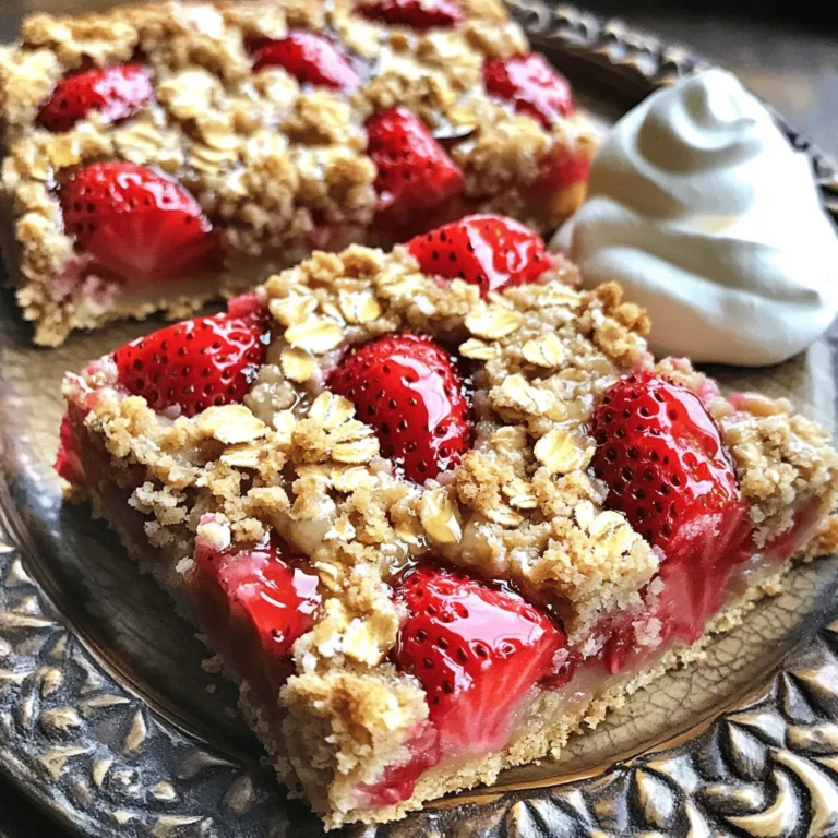 - 2 cups rolled oats - 1 cup all-purpose flour - 1/2 cup packed brown sugar - 1/2 teaspoon baking soda - 1/4 teaspoon salt - 1/2 cup unsalted butter, softened - 1/4 cup honey - 1 teaspoon pure vanilla extract - 1 and 1/2 cups fresh strawberries, hulled and finely chopped - 1 tablespoon freshly squeezed lemon juice - 1 tablespoon cornstarch When making strawberry oatmeal bars, I always start with fresh ingredients. The oats and flour form the base, while the butter adds richness. Brown sugar gives a nice sweetness, and it melts beautifully. Baking soda and salt balance the flavors. I love using ripe strawberries for their sweet taste. The lemon juice brightens the flavor and adds a zing. Cornstarch helps thicken the strawberry filling, keeping it from being too runny. If you want to try something different, consider using gluten-free oats or almond flour. These swaps keep the bars tasty for those with dietary needs. Each serving has about 150 calories. You get fiber from the oats and strawberries. They also offer a bit of protein to keep you full. The sugar comes mainly from the brown sugar and honey, but it’s balanced by the fruit. You can easily make these bars gluten-free. Just swap the all-purpose flour for a gluten-free blend. If you want to reduce sugar, you might use maple syrup instead of honey or a sugar substitute. These changes help fit different diets while keeping the bars delicious. For more details, check the Full Recipe. 1. Preheat your oven to 350°F (175°C). 2. Prepare a 9x9-inch baking dish. You can grease it lightly or line it with parchment paper for easy removal. 3. In a large bowl, combine: - 2 cups rolled oats - 1 cup all-purpose flour - 1/2 cup packed brown sugar - 1/2 teaspoon baking soda - 1/4 teaspoon salt Mix these dry ingredients well. Make sure there are no lumps. 4. Add the wet ingredients to the dry mixture: - 1/2 cup unsalted butter, softened - 1/4 cup honey - 1 teaspoon pure vanilla extract Use your fingers or a fork to blend until it forms a crumbly texture. Set aside about 1 cup of this mix for topping later. 5. In a separate bowl, toss: - 1 and 1/2 cups fresh strawberries, hulled and finely chopped - 1 tablespoon freshly squeezed lemon juice - 1 tablespoon cornstarch This step enhances the flavor and stops the strawberries from getting too watery when baking. 6. Spread the remaining oat mixture evenly into the bottom of your prepared dish. Press it down firmly to create a solid base. 7. Pour the strawberry mixture over the pressed oat layer. Distribute the strawberries evenly across the surface. 8. Crumble the reserved oat mixture over the strawberries. Make sure it covers the filling well. 9. Bake the bars in your preheated oven for 30-35 minutes. Look for a golden brown top and bubbling strawberries. After baking, let the dish cool for about 15 minutes. Use the parchment paper to lift the block of bars out. Let it cool completely on a wire rack before cutting into squares. For a full recipe, visit the article. How to check for doneness: To see if your bars are done, look for a golden top. You can insert a toothpick into the center. If it comes out clean or with a few crumbs, they are ready. Optimal cooling methods: Let the bars cool in the pan for 15 minutes. Then, lift them out using parchment paper. Transfer them to a wire rack. This helps them cool evenly and prevents sogginess. Ideal pairings: These strawberry oatmeal bars shine when served with a scoop of vanilla ice cream or a dollop of whipped cream. The creaminess complements the fruity filling well. Storage tips for leftovers: Store any leftover bars in an airtight container. They will stay fresh in the fridge for about five days. What to do if bars are too crumbly: If your bars are too crumbly, try adding a bit more melted butter. This will help bind the mixture better. You can also press the base layer down firmer next time. Fixing overly watery strawberry filling: To fix a watery filling, make sure to toss the strawberries with cornstarch and lemon juice before baking. This helps absorb excess moisture and keeps your bars from getting soggy. {{image_4}} You can make these strawberry oatmeal bars even better. Try adding nuts or seeds. Chopped walnuts or sunflower seeds give a nice crunch. You can also swap strawberries for other fruits. Blueberries and raspberries work well too. Mix and match to find your favorite flavor! If you follow a vegan diet, you can adjust this recipe. Use coconut oil instead of butter. Replace honey with maple syrup for sweetness. For low-sugar options, use less brown sugar or a sugar substitute. They will still taste great without all the sugar! Think about the occasion when you make these bars. For Thanksgiving, add a touch of cinnamon to the mix. It gives a warm, cozy flavor. If you want to make these bars kid-friendly, cut them into small bites. Little hands love fun shapes! To store your strawberry oatmeal bars in the refrigerator, first, allow them to cool completely. Once cool, cut them into squares. Place the squares in an airtight container. You can separate layers with parchment paper. This helps keep them fresh and prevents sticking. These bars will last about 5 to 7 days in the fridge. Enjoy them cold or warmed up for a yummy treat! For long-term storage, you can freeze your strawberry oatmeal bars. Wrap each square tightly in plastic wrap. Then, place them in a freezer-safe bag or container. This method helps prevent freezer burn. Your bars can stay fresh for up to 3 months in the freezer. To thaw the bars correctly, take them out of the freezer and remove the plastic wrap. Place them in the fridge for a few hours or overnight. If you're in a hurry, you can thaw them at room temperature for about 30 minutes. The best before date for these bars is about one week if stored in the fridge. If frozen, they are best enjoyed within three months for optimal taste. To keep track, label your container with the date you made them. This way, you’ll always know when to enjoy your tasty strawberry oatmeal bars fresh! Strawberry oatmeal bars stay fresh for about four to five days in the refrigerator. Keep them in an airtight container to lock in moisture. If you want to store them longer, freeze them. They can last up to three months in the freezer. Just wrap them tightly in plastic wrap or foil before putting them in a freezer-safe bag. Yes, you can use frozen strawberries. They work well in this recipe. Just remember to thaw them and drain any extra liquid before mixing them in. This helps keep your bars from getting too soggy. Fresh strawberries add a great taste and texture, but frozen ones are a good option when fresh ones are not available. These bars are tasty on their own, but you can make them even better. Serve them with a scoop of vanilla ice cream for a sweet treat. Whipped cream adds a nice touch, too. You can sprinkle some chopped nuts or a drizzle of honey on top for extra flavor. Pair with a warm cup of tea or coffee for a perfect snack! These strawberry oatmeal bars blend simple ingredients for a tasty treat. We covered ingredient lists, prep steps, and tips to make them perfect. Remember to adjust for dietary needs with substitutions. These easy-to-make bars store well and suit any occasion. Enjoy experimenting with flavors and serving them fresh, warm, or cold. With these bars, you can delight friends and family anytime.