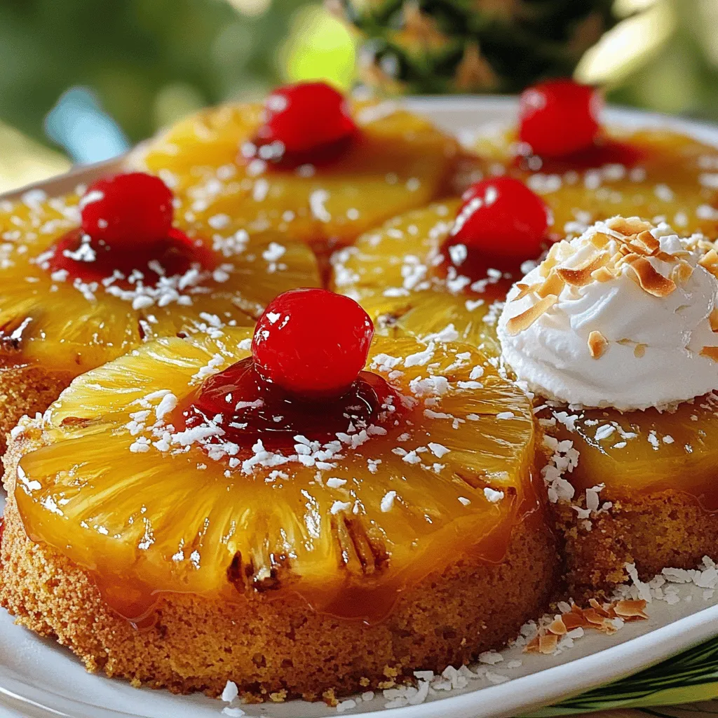 To make the classic pineapple upside down cake, gather these items: - 1 can (20 oz) sliced pineapple in juice, drained and juice reserved - 1/2 cup unsalted butter, melted - 1/2 cup packed brown sugar - 8 maraschino cherries, one for each pineapple slice - 1 cup all-purpose flour - 1 cup granulated sugar - 1/2 cup whole milk - 2 large eggs - 1 teaspoon vanilla extract - 1 1/2 teaspoons baking powder - 1/4 teaspoon salt If you need to modify the recipe, here are some options: - Use fresh pineapple instead of canned for a brighter taste. - Swap unsalted butter with coconut oil for a tropical hint. - Replace granulated sugar with coconut sugar for a richer flavor. - Use almond milk in place of whole milk for a dairy-free version. - For eggs, try flaxseed meal mixed with water to keep it vegan. Having the right tools makes the process easier. Here’s what you need: - A 9-inch round cake pan for baking - Mixing bowls for dry and wet ingredients - A whisk for blending the batter - A rubber spatula to spread the batter evenly - An oven to bake your cake to perfection - A toothpick to check for doneness You can find the full recipe in the article above. Start by preheating your oven to 350°F (175°C). This step is key for even baking. Take a 9-inch round cake pan. Pour the melted butter evenly across the bottom. Sprinkle brown sugar over the butter. Make sure to cover the surface fully. Next, take your drained pineapple slices. Neatly arrange them over the brown sugar layer. Place a maraschino cherry in the center of each slice. This adds a splash of color and taste. In a mixing bowl, whisk together the flour, granulated sugar, baking powder, and salt. Mix until there are no lumps. In a separate bowl, combine milk, eggs, vanilla extract, and 1/4 cup of reserved pineapple juice. Stir until fully mixed. Now, pour the wet ingredients into the dry mixture. Stir gently until just combined. It’s okay if some lumps remain. Carefully pour the batter over the arranged pineapple. Smooth the top with a spatula. Place the cake in the preheated oven and bake for 35-40 minutes. Check for doneness with a toothpick. When it comes out clean, it’s ready. Let the cake cool for about 10 minutes in the pan. Then, invert it onto a serving plate to reveal the beautiful topping. To get a fluffy cake, mix the wet and dry ingredients just enough. If you overmix, the cake may turn out dense. This cake needs love, but not too much work. A few lumps are okay. They help keep the cake light and airy. One common mistake is not measuring ingredients properly. Use dry measuring cups for flour and sugar. Too much flour can make the cake dry. Another mistake is baking at the wrong temperature. Always preheat your oven. This step helps the cake rise and bake evenly. After baking, cool the cake in the pan for about 10 minutes. This helps it set. If you flip it too soon, it may break apart. When inverting, place your serving plate on top of the pan and flip it quickly. This way, the cake lands nicely on the plate, showing off the pineapple and cherries. Follow these simple tips for a perfect Pineapple Upside Down Cake. For the complete recipe, check out the Full Recipe section. {{image_4}} You can make your pineapple upside down cake even more fun by adding other fruits. Try using sliced peaches, mangoes, or even cherries. These fruits add a splash of color and flavor. Just make sure to drain any extra juice. This keeps the cake from getting soggy. You can mix in the fruit with the pineapple on the bottom of the pan. It will look beautiful when you flip it over! Adding spices can change the taste of your cake. Cinnamon adds warmth and pairs well with fruit. Nutmeg gives a subtle depth. You can even try a hint of ginger for a spicy kick. Just a teaspoon of these spices can make a big difference. You can also add a splash of coconut extract for a tropical twist. These little tweaks can turn a classic cake into something special. You can get creative with toppings to make your cake shine. Instead of whipped cream, try serving it with vanilla ice cream. The cold ice cream melts into the warm cake. It’s a delight! You can also sprinkle toasted coconut flakes on top for a crunchy texture. If you want a drizzle, use a simple glaze made from powdered sugar and pineapple juice. This adds sweetness and a glossy finish. Each of these ideas can elevate your classic pineapple upside down cake into a showstopper. For the complete recipe, check out the Full Recipe section. To keep your pineapple upside down cake fresh, store it in an airtight container. Place a piece of plastic wrap directly on the cake to prevent moisture loss. This will keep the cake from drying out. Store it at room temperature for best results, especially if you plan to eat it within a few days. If it's hot or humid, refrigeration is a good idea. If you want to save some cake for later, freezing is a great option. First, let the cake cool completely. Then, wrap it tightly in plastic wrap, followed by aluminum foil. This double layer helps to prevent freezer burn. You can freeze the cake for up to three months. When ready to enjoy, let it thaw overnight in the fridge. Pineapple upside down cake stays fresh for about 3 days at room temperature. In the fridge, it can last about a week. If frozen, it should taste great after three months. Always check for any signs of spoilage before eating. Enjoy your delicious cake with confidence! For the full recipe, check out the Tropical Paradise Pineapple Upside Down Cake. To make this cake, start with the ingredients listed in the Full Recipe. Preheat your oven to 350°F. Melt butter in your cake pan, then add brown sugar. Arrange the pineapple slices and maraschino cherries on top. Mix flour, sugar, baking powder, and salt in one bowl. In another bowl, combine milk, eggs, vanilla, and pineapple juice. Pour the wet mix into the dry mix, and stir until just combined. Pour the batter over the fruit and bake for 35-40 minutes. Let it cool before inverting onto a plate. Enjoy your sweet creation! If your cake sticks, it may be due to not greasing the pan well. Always use enough butter to coat the bottom. Also, make sure to let it cool for about 10 minutes. This helps the cake release from the pan. Sometimes, using parchment paper can help it slide right out. Yes, you can use fresh pineapple! Just slice it into rings and remove the core. Fresh fruit adds a bright flavor. However, you may need to adjust the baking time. Fresh pineapple holds more moisture, so keep an eye on your cake as it bakes. This cake is great on its own, but you can serve it with whipped cream or vanilla ice cream. A sprinkle of toasted coconut flakes can add a nice touch. Fresh mint leaves also make for a lovely garnish. Pairing with a cup of coffee or tea enhances the experience, too. This blog post walked you through making a delicious pineapple upside-down cake. We covered ingredients, tools, and step-by-step instructions. You learned tips for texture and how to avoid mistakes. Variations let you customize this treat, while storage info means you'll enjoy it longer. Baking this cake is a fun way to impress friends and family. Don't shy away; try different fruits or spices. Enjoy creating your perfect version of this classic dessert!